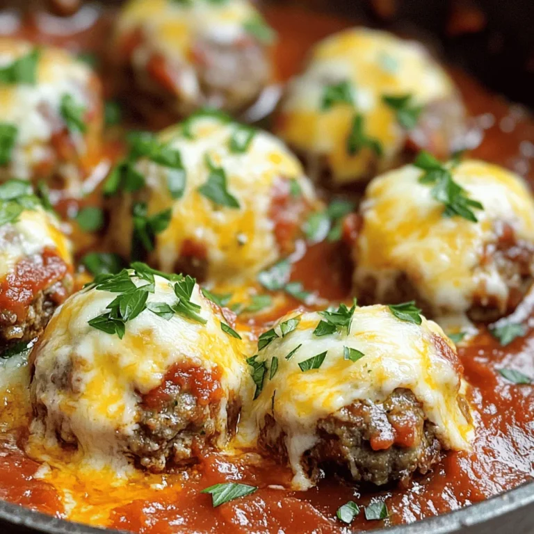 - 1 lb ground beef - 1/2 lb ground chicken - 1 cup breadcrumbs - 1/4 cup grated Parmesan cheese - 1 cup mozzarella cheese, cut into small cubes - Salt and freshly ground black pepper - 1/4 cup fresh parsley, finely chopped - 2 cloves garlic, minced - 1 teaspoon onion powder For cheesy stuffed meatballs, choose quality ingredients. Fresh ground meat gives the best taste. I like a mix of beef and chicken for richness and moisture. Breadcrumbs hold everything together and add a nice texture. Look for Italian-seasoned ones if you want extra flavor. Cheese is the star of this dish. Use mozzarella for its gooey melt. A sprinkle of Parmesan adds a savory kick. Don't forget to season well with salt and black pepper. Fresh parsley brightens the dish and makes it look pretty. Garlic brings depth, while onion powder adds sweetness. You can find the full recipe at the end. Enjoy gathering these ingredients! First, mix the meat and seasonings. In a large bowl, add 1 lb of ground beef and 1/2 lb of ground chicken. Next, sprinkle in 1 cup of breadcrumbs, 1/4 cup of grated Parmesan cheese, and 1/4 cup of finely chopped parsley. Then, add 2 cloves of minced garlic, 1 teaspoon of onion powder, and 1 teaspoon of Italian seasoning. Don’t forget to crack in 1 large egg. Season with salt and pepper to taste. Use your hands to mix everything well. Make sure all the ingredients blend evenly. Now, it’s time to shape the meatballs. Take a handful of the meat mixture, about the size of a golf ball. Gently flatten it in your palm. For the cheesy surprise, place a small cube of mozzarella cheese in the center of the flattened meat. Carefully wrap the meat around the cheese. Roll it back into a ball shape, ensuring the cheese is fully enclosed. Repeat this until you have around 12-15 stuffed meatballs. Start cooking by browning the meatballs in olive oil. Heat a generous drizzle of olive oil in a large skillet over medium heat. Once the oil is hot and shimmering, add the meatballs to the skillet. Sear them for about 5-7 minutes. Turn occasionally so they get a nice golden-brown crust on all sides. Next, simmer the meatballs in marinara sauce. After browning, carefully pour 1 jar of marinara sauce over the meatballs. Lower the heat, cover the skillet, and let them simmer for 15-20 minutes. This step helps the flavors mix and the cheese melt into gooey perfection. For the complete recipe, check out the Full Recipe. To keep your meatballs moist, use a mix of ground beef and ground chicken. The chicken adds juiciness. You can also add a bit of milk to the mix. This will help keep the meatballs tender. For seasoning, taste your mixture before cooking. If you want more flavor, add more garlic or Italian herbs. A pinch of red pepper flakes can add a nice kick. For crispy exteriors, heat your olive oil until it shimmers. This means it’s hot enough to brown the meatballs well. Don't overcrowd the pan; cook in batches if needed. To ensure even cooking, turn the meatballs gently every few minutes. This way, all sides get that lovely golden color. Simmer the meatballs in marinara sauce after browning. This step helps them cook through while soaking in flavor. Garnish your cheesy stuffed meatballs with chopped parsley and grated Parmesan. This adds a fresh look and taste. For side dishes, serve them with crusty bread or a side of spaghetti. A simple green salad can also balance the meal nicely. For more ideas, check out the Full Recipe for variations! {{image_4}} You can change the meats in cheesy stuffed meatballs. Ground beef works great, but you can also use ground chicken. If you want a leaner option, try ground turkey. It will still taste good and stay moist. Pork is another tasty choice. Each type of meat adds a unique flavor. Feel free to mix two types of meat, like beef and pork. This mix can make your meatballs even better. The cheese inside these meatballs is important. Mozzarella is classic, but you can switch it up. Try using cheddar for a sharper taste. Feta cheese adds a nice tang. If you want something different, use pepper jack for a spicy kick. To add more flavor, mix herbs into the cheese. Try basil or oregano for a fresh touch. You can also add garlic to the cheese for extra zest. If you need a gluten-free option, replace regular breadcrumbs. Use gluten-free breadcrumbs or crushed rice cereal. Both work well and keep the meatballs tender. For lower-calorie meatballs, use less cheese or leaner meats. You can also skip the breadcrumbs entirely and use oats instead. This will cut calories and add fiber. These adjustments help you enjoy this dish, no matter your diet. For the full recipe, check out the Cheesy Stuffed Meatballs section! Leftovers from cheesy stuffed meatballs last about 3-4 days in the fridge. To store them, place the meatballs in an airtight container. This keeps them fresh and prevents any odors. When you're ready to eat, just reheat them in the microwave or on the stove. You can freeze cooked meatballs for later use. First, let them cool completely. Then, arrange the meatballs in a single layer on a baking sheet. Freeze them for about an hour. After that, transfer them to a freezer-safe bag. Be sure to remove as much air as possible. For reheating, you can thaw them in the fridge overnight. Then, heat them gently in a skillet with some marinara sauce. This keeps them tasty and moist. If you want quick meals, make meatballs in advance. You can prepare them up to a day before cooking. Just form the meatballs and place them on a tray. Cover the tray with plastic wrap and store it in the fridge. This way, you can cook them when you’re ready. For pre-cooking storage, you can also freeze the formed meatballs. Just follow the freezing steps mentioned earlier. This makes dinner easy on busy nights. For the full recipe, check out the details above. To ensure your meatballs are safe to eat, check the internal temperature. Use a meat thermometer. The safe temperature for ground beef and chicken is 165°F (75°C). When the meatballs reach this temperature, they are fully cooked. Check the center of one meatball to confirm. If it’s not quite there, let them cook a bit longer. Yes, you can bake these meatballs. Preheat your oven to 400°F (200°C). Place the meatballs on a baking sheet lined with parchment paper. Bake for about 20-25 minutes. You may want to flip them halfway through for even cooking. Baking is a healthier option and keeps the kitchen cool. Marinara sauce is a classic choice. It complements the cheesy flavors well. You can also try Alfredo or a spicy arrabbiata sauce. For a twist, make a garlic butter sauce. Each sauce adds a unique taste to your meatballs. Feel free to experiment and find your favorite! To add heat, mix in red pepper flakes or chopped jalapeños. You can also use spicy sausage instead of regular ground meat. Another option is to serve the meatballs with a hot sauce on the side. Adjust the spice level to your liking, making each bite exciting. You can use pre-seasoned meat for convenience. However, be cautious with the flavors. Pre-made options can be saltier or spicier than you expect. Check the ingredients and adjust your seasonings in the recipe. This way, you control the taste while saving time. You’ve learned how to make cheesy stuffed meatballs from scratch. We covered the best ingredients and cooking methods. We also shared tips to perfect texture and flavor. Now you’re ready to create delicious meatballs your family will love. Remember, there are many ways to customize this recipe to suit your taste. Enjoy your cooking journey and impress everyone with your homemade cheesy stuffed meatballs.