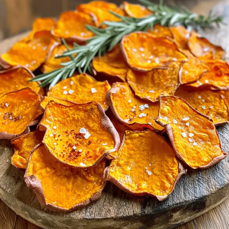 To make yummy baked sweet potato chips, you need just a few key items: - 2 large sweet potatoes - 2 tablespoons extra virgin olive oil - 1 teaspoon sea salt These ingredients form the base of your chips. Sweet potatoes bring a sweet flavor, while olive oil helps them crisp up. The salt adds a nice touch. For extra flavor, consider these seasonings: - 1/2 teaspoon smoked paprika - 1/4 teaspoon garlic powder - 1/4 teaspoon cayenne pepper (optional, adjust to taste) These spices make your chips exciting! Smoked paprika gives a warm, smoky taste. Garlic powder adds depth, and cayenne gives a kick. You can adjust the cayenne based on how spicy you like your chips. After baking, you can add some fun garnishes: - Fresh herbs like rosemary or thyme These fresh herbs brighten up your chips. They also add a lovely color and aroma. Just chop them finely and sprinkle over the warm chips for the best effect. For the complete recipe, check out the Full Recipe section. Start by preheating your oven to 400°F (200°C). This step is key for crispiness. While the oven heats, line two baking sheets with parchment paper. This helps prevent sticking and makes clean-up a breeze. Wash the sweet potatoes under cool water. Use a vegetable peeler to remove the skin. For even slices, use a mandoline slicer or a sharp knife. Aim for slices that are about 1/8 inch thick. Consistent thickness helps them bake evenly. Place the sweet potato slices in a large bowl. Drizzle 2 tablespoons of extra virgin olive oil over the slices. Toss them gently to coat each piece. Next, add 1 teaspoon of sea salt, 1/2 teaspoon of smoked paprika, 1/4 teaspoon of garlic powder, and cayenne pepper if you want some heat. Make sure every slice is well-seasoned for maximum flavor. Arrange the seasoned sweet potato slices in a single layer on the baking sheets. Avoid overlapping the slices, as this ensures they get crisp. Bake for 15 to 20 minutes. Flip the chips halfway through to help them cook evenly. Keep an eye on them; you want a lovely golden brown color without burning. Once baked, remove the sheets from the oven. Let the chips cool for a few minutes on the sheets. This cooling time helps them crisp up even more. For the final touch, sprinkle finely chopped fresh herbs over the chips. This adds extra flavor and a beautiful look. Enjoy your crispy baked sweet potato chips, as they are a delightful treat! To ensure your sweet potato chips turn out crispy, follow these simple tips. First, make sure to slice the sweet potatoes evenly. This helps them cook at the same rate. Aim for slices about 1/8 inch thick. You can use a mandoline for this. It’s fast and gives you uniform slices. After slicing, soak the potato slices in cold water for about 30 minutes. This step removes excess starch, leading to a crunchier chip. After soaking, dry them thoroughly with a clean towel. Moisture can make them soggy, so this step is key. When slicing sweet potatoes, keep these points in mind. Always use a sharp knife or mandoline. A dull knife can squash the sweet potatoes, making uneven slices. If you use a mandoline, be careful with your fingers. Safety first! Slice all the sweet potatoes before you season them. This way, you can focus on seasoning and baking once they’re all ready. If you prefer thicker chips, adjust the baking time. Thicker chips need a bit more time to become crispy. Every oven is different. Some may cook faster than others. Keep a close eye on your chips while they bake. Start checking them at around 15 minutes. Flip them halfway through to ensure they brown evenly. If your oven has hot spots, rotate the baking sheets halfway through. This will help all chips cook evenly. You want them to be golden brown, not burnt. Once they're done, let them cool on the baking sheets. This helps them crisp up even more. For the full recipe, refer to the previous section. {{image_4}} You can add many flavors to sweet potato chips. Try different spices for a unique taste. Besides smoked paprika, you can use curry powder for a warm flavor. For a zesty kick, add lemon zest. A sprinkle of cinnamon can give a sweet twist. You can also experiment with herbs like dill or oregano. Each spice will change the taste and make it fun! Sweet potatoes are great, but other potatoes work too. You can use regular white potatoes for a classic flavor. Yukon gold potatoes give a creamy texture. Purple potatoes add color and are fun to eat. Remember, different potatoes may need slight adjustments in baking time. Thin slices are key for all types, helping them get crispy. Baked sweet potato chips pair well with many dips. Hummus is a healthy choice, adding creaminess. Guacamole brings a fresh taste that complements the sweetness. You can also try salsa for a spicy kick. For a twist, combine yogurt with herbs for a cool dip. Serve chips with sliced veggies or cheese for a full snack spread. Enjoy mixing and matching flavors! To keep your chips fresh, place them in an airtight container. Make sure they are completely cool before storing them. This step helps maintain their crispiness. If you have lots of chips, you can layer them with parchment paper. This prevents them from sticking together. When you want to enjoy your chips again, reheat them in the oven. Set your oven to 350°F (175°C). Spread the chips on a baking sheet. Heat them for about 5-10 minutes. This method keeps them crunchy, unlike the microwave, which can make them soft. Stored correctly, baked sweet potato chips can last up to a week. However, they may lose some crispiness over time. If you notice they are not as crunchy, reheating them can help. Always check for freshness before eating them. If they smell off or feel soggy, it’s best to toss them. To make sweet potato chips in an air fryer, start by slicing the sweet potatoes thinly. Aim for even slices, about 1/8 inch thick. Toss them in a bowl with olive oil and your favorite seasonings. Preheat the air fryer to 375°F (190°C). Arrange the sweet potato slices in a single layer in the basket. Fry for about 12-15 minutes, shaking the basket halfway through. Check for crispiness and adjust time as needed. Air frying gives you a crunchy chip without using much oil. Yes, you can prepare baked sweet potato chips ahead of time. After baking, let the chips cool completely. Store them in an airtight container at room temperature. They stay fresh for about 2-3 days. If you want them extra crispy, reheat them in the oven or air fryer for a few minutes before serving. Sweet potatoes are packed with nutrients. They are high in fiber, which helps digestion. They also contain vitamins A and C, which support your immune system. Sweet potatoes have antioxidants that can reduce inflammation. Plus, they provide energy due to their natural carbohydrates. Eating sweet potatoes can be a tasty way to boost your health. To keep sweet potato chips from burning, slice them evenly. Thinner slices cook faster, so aim for about 1/8 inch thick. Bake them at 400°F (200°C) and watch closely. Flip the chips halfway through baking for even cooking. If they start to brown too quickly, reduce the oven temperature slightly. This way, they will crisp up without burning. For healthy dips, try hummus or guacamole. Both are tasty and nutritious. You can also serve sweet potato chips with yogurt-based dips or salsa. These options add flavor and keep your snack healthy. If you want something spicy, try a chipotle sauce. Enjoy experimenting with different dips to find your favorite! Baked sweet potato chips are simple and rewarding. We covered essential ingredients, seasonings, and garnishes. The step-by-step guide helps start from preheating the oven to cooling the chips. Clever tips ensure crispy results, while variations allow for fun flavors. Storing and reheating methods keep your chips fresh longer. Enjoy these tasty snacks with healthy dips. Try out the tips and enjoy your homemade crispy chips today!