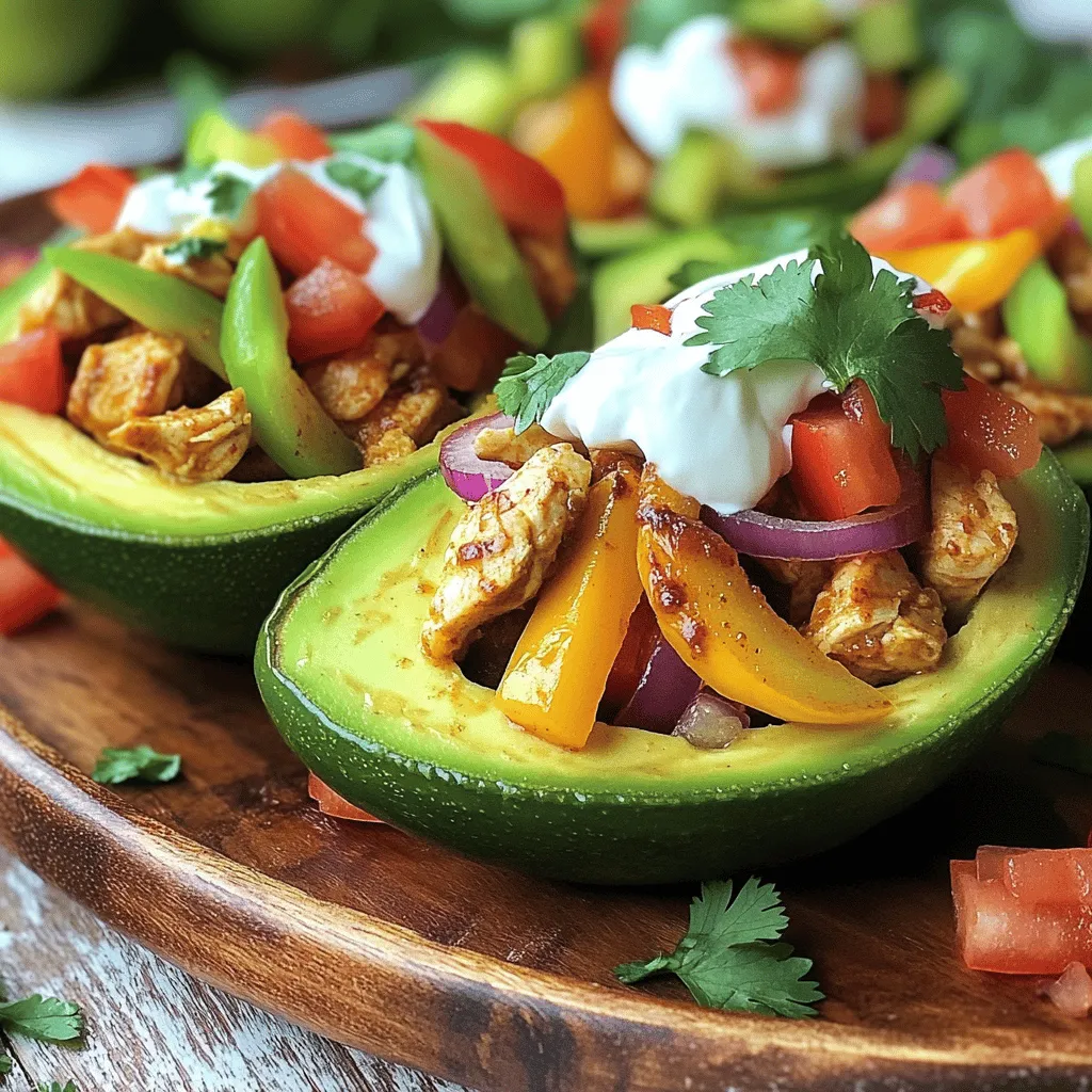 - 2 ripe avocados - 1 lb chicken breast, diced - 1 bell pepper, sliced - 1 small red onion, sliced - 2 tablespoons olive oil - 1 tablespoon chili powder - 1 teaspoon ground cumin - 1 teaspoon garlic powder - Salt and pepper to taste - 1 cup fresh cilantro, chopped - Juice of 1 lime - Optional toppings: diced tomatoes, shredded cheese, sour cream For these chicken fajita stuffed avocados, you need fresh, simple ingredients. Start with two ripe avocados. Look for ones that yield slightly when you press them. Next, choose one pound of chicken breast. Dice it into small pieces for even cooking. A bell pepper adds color and crunch. You can use any color you like. Lastly, slice one small red onion for that sweet flavor. In terms of seasoning, you’ll need olive oil for cooking. Two tablespoons will do the job. Chili powder adds a nice kick, while ground cumin and garlic powder bring warmth. Don’t forget salt and pepper to taste. Fresh cilantro adds brightness and flavor. The juice of one lime will enhance everything and give it a fresh twist. Optional toppings like diced tomatoes, shredded cheese, and sour cream can elevate your dish. They add extra flavor and a nice look. For the full recipe, follow the steps I shared earlier. - Heat olive oil in a skillet over medium heat until it shimmers. - Cook the diced chicken with chili powder, cumin, garlic powder, salt, and pepper. Cook for 6-7 minutes until fully cooked. - Add the sliced bell pepper and onion. Cook for another 3-4 minutes until they soften but stay crisp. - Halve the avocados and carefully remove the pit. - Scoop out a bit of flesh from each half to make room for the filling. - Fill each avocado half with the warm chicken fajita mixture. - Add optional toppings like diced tomatoes, shredded cheese, or sour cream for extra flavor. This dish is fresh, healthy, and fun to eat. You can find the full recipe above for more details. Enjoy making this colorful meal! - Ensure chicken is fully cooked before removing it from heat. This keeps the chicken safe to eat. It should be white inside, with no pink. - Adjust seasoning to taste. Everyone’s preference is different, so feel free to add more chili powder or salt if you like a kick. - Serve on a decorative platter. A colorful plate makes your dish pop and adds to the meal's appeal. - Drizzle with lime juice and sprinkle cilantro on top. This adds fresh flavor and a burst of color to your beautiful avocados. These small steps make a big difference in how your Chicken Fajita Stuffed Avocados look and taste. Enjoy making this dish a feast for the eyes and the palate! For the complete recipe, check the Full Recipe section. {{image_4}} You can swap chicken for shrimp or beef. Shrimp cooks quickly and adds a nice flavor. Beef gives a heartier taste. If you prefer a vegetarian option, try plant-based proteins. Tofu or tempeh works great in this dish. Just season them well to match the fajita flavor. Want to take your dish up a notch? Add spices like chipotle or smoked paprika. They bring warmth and depth to the meal. You can also mix in extra veggies like corn or black beans. These not only add flavor but also increase the nutrition. Don't hesitate to get creative! You can even add a bit of lime zest for a fresh twist. For the full recipe, check out Chicken Fajita Stuffed Avocados. To keep your Chicken Fajita Stuffed Avocados fresh, store the filling and avocados separately. This helps maintain texture and flavor. Use airtight containers for the chicken mixture. It keeps the filling moist and tasty. Avocados brown quickly, so keep them whole until you’re ready to eat. When you want to enjoy leftovers, reheat the chicken filling. You can use a skillet or microwave. Heat it until it’s warm, but don’t overcook it. Avoid reheating the avocados. They taste best when fresh. Prepare new avocado halves as needed. Enjoy each bite for the best flavor! For the full recipe, check the Chicken Fajita Stuffed Avocados details above! Yes, you can prepare the chicken mixture ahead of time. Cook the chicken and veggies, then let them cool. Store this mix in the fridge for up to two days. When you are ready to eat, just fill the avocados and add toppings. This makes it easy for quick meals! If you are allergic to avocado, try using cucumber boats or zucchini halves. These options add crunch and a fresh taste. You can also use bell pepper halves as a tasty base. Both choices will hold the filling well. Ripe avocados feel slightly soft when you press them gently. The skin should be dark green or almost black. If it feels hard, it is not ripe yet. If it feels mushy, it may be overripe. Look for that sweet spot of softness! - What sides pair well with Chicken Fajita Stuffed Avocados? - Rice: Seasoned rice or cilantro lime rice adds a nice touch. - Beans: Black beans or refried beans complement the flavors well. - Salad: A fresh green salad with lime dressing brightens the meal. - Chips: Serve with tortilla chips for a crunchy contrast. Check out the full recipe for more details on making this dish perfect! This blog post covered how to make Chicken Fajita Stuffed Avocados. We explored the key ingredients, from ripe avocados to seasoned chicken. I shared step-by-step instructions for cooking and assembling the dish. You also learned tips for a tasty presentation and variations, such as using different proteins. In closing, these stuffed avocados are a fun, healthy meal. Enjoy your cooking and feel free to get creative with your flavors!