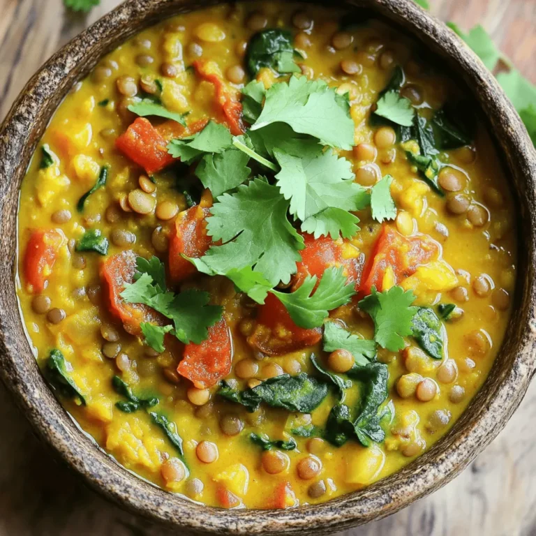 - 1 cup green or brown lentils, thoroughly rinsed - 1 tablespoon coconut oil - 1 medium onion, finely chopped - 3 garlic cloves, minced - 1-inch piece of fresh ginger, grated - 1 can (14 oz) full-fat coconut milk - 2 ripe tomatoes, diced - 1 tablespoon curry powder - 1 teaspoon ground cumin - 1 teaspoon ground turmeric - 1 cup vegetable broth (use low-sodium if preferred) - 2 cups fresh spinach or kale, chopped - Sea salt and freshly ground black pepper to taste - Fresh cilantro, chopped (for garnish, optional) To make this Easy Vegan Lentil Curry, you need a few key items. The lentils are the base. They bring protein and texture. I prefer green or brown lentils because they hold their shape well. Rinsing them removes dust and ensures you start with clean lentils. Next, the coconut oil adds a rich, creamy taste. It helps sauté the onion, garlic, and ginger. These three ingredients create a fragrant base. They add depth and warmth to the curry. Tomatoes add sweetness and acidity. They balance the creamy coconut milk perfectly. The spices—curry powder, cumin, and turmeric—bring warmth and flavor. They transform the dish into a vibrant, colorful meal. For added nutrition, I recommend spinach or kale. These greens are packed with vitamins. They also bring a lovely color to the curry. Finally, fresh cilantro adds a bright, fresh flavor. You can use it as a garnish or mix it in for extra taste. For the full recipe, check out the detailed instructions. This dish is not only simple but full of flavor! - Heat 1 tablespoon of coconut oil in a medium pot over medium heat. - Once the oil is hot, add 1 finely chopped onion. Sauté for about 5 minutes. The onion should become soft and clear. - Next, add 3 minced garlic cloves and 1-inch grated ginger. Cook for 1 to 2 minutes. You want the kitchen to smell amazing! - Now, add 2 diced tomatoes, 1 tablespoon of curry powder, 1 teaspoon of ground cumin, and 1 teaspoon of ground turmeric. - Stir and cook this mix for about 2 to 3 minutes. This step helps the spices release their lovely flavors and soften the tomatoes. - Add 1 cup of rinsed lentils to the pot. Then, pour in 1 can of full-fat coconut milk and 1 cup of vegetable broth. - Stir well to combine, then bring the mix to a gentle boil. Once it boils, turn the heat down and cover the pot. Let it simmer for 25 to 30 minutes. Check the lentils to see if they are tender and creamy. - After the lentils are cooked, fold in 2 cups of chopped spinach or kale. Cook for about 5 minutes. The greens should be bright and wilted. - Taste the curry and add sea salt and freshly ground black pepper to make it just right for you. For the full recipe, you can check out the details above. Enjoy your cooking! You can adjust spices to suit your taste. If you love heat, add more curry powder. A dash of lime juice brightens the dish. It adds a fresh twist that wakes up the flavors. To save time, use pre-cooked lentils. They cook faster and save you at least 20 minutes. Vegetable broth can boost flavor without much work. It gives your curry a rich taste. Serve your curry in shallow bowls. A sprinkle of cilantro on top creates a nice look. Pair it with fluffy rice or warm naan. This makes your meal more filling and fun to eat. For the full recipe, check out the details above. {{image_4}} You can change the type of lentils in your curry. - Red lentils cook faster and give a smoother texture. - Black or French lentils add more firmness and bite. Using different lentils can change the dish's look and feel. I find red lentils to be a great option for a quick meal. They break down nicely, making the curry creamy. Black lentils keep their shape, adding a nice texture. Spices can make your curry unique. - Try garam masala or chili powder for a spicy kick. - Fresh herbs like cilantro or mint can brighten the flavor. Experimenting with spices can lead to exciting new tastes. Garam masala adds warmth and depth, while chili powder can increase heat. Fresh herbs not only taste great but also add color to your dish. Adding extra vegetables boosts nutrition and flavor. - Carrots or bell peppers add sweetness and crunch. - Swap kale for other leafy greens like Swiss chard. Incorporating more veggies is a fun way to customize your curry. Carrots add a lovely sweetness, while bell peppers bring crunch and color. Swiss chard can be a great substitute for kale and offers a different taste profile. To keep your Easy Vegan Lentil Curry fresh, store leftovers in an airtight container. This method helps maintain flavor and texture. You can keep it in the fridge for up to 4 days. If you want to save it for later, freeze portions for up to 3 months. Just make sure to label the container with the date. When you're ready to enjoy your curry again, reheat it on the stove. Add a splash of vegetable broth to keep it creamy and delicious. Stir it often to ensure even heating. If you're in a hurry, you can microwave it too. Do this in short bursts, stirring frequently to avoid hot spots. Always check for signs of spoilage before eating. Look for any off smells or changes in color. If your curry looks or smells strange, it’s best to discard it. Safety first! Enjoy your meal knowing you stored it well. For the full recipe, check out the earlier sections. - Prep time: 10 minutes, Total time: 40 minutes Making this curry is quick and easy. You will spend about 10 minutes getting ready. Cooking takes an additional 30 minutes. This means you can enjoy a tasty meal in just 40 minutes! - Yes, the flavors meld nicely if made a day ahead You can make this curry in advance. If you prepare it a day before, the flavors will blend well. This makes the dish even tastier when you eat it later. - Great with rice, quinoa, or naan for a hearty meal This curry pairs perfectly with many side dishes. Rice is a classic choice, but quinoa works well too. You can also serve it with warm naan for a filling meal. - Yes, all ingredients are naturally gluten-free You will be glad to know this recipe is gluten-free. All the ingredients, like lentils and coconut milk, do not contain gluten. This makes it a safe choice for anyone avoiding gluten. For the full recipe, check out the [Full Recipe]. This Easy Vegan Lentil Curry is tasty and simple to make. You learned about the main ingredients, step-by-step instructions, flavor tips, and storage info. Customization options, like different lentils and spices, let you make it your own. This dish is perfect for meal prep and serving with rice or naan. Remember to store leftovers properly and watch for spoilage signs. Enjoy this dish that is not only healthy but full of flavor! You will love experimenting with it for your next meal.