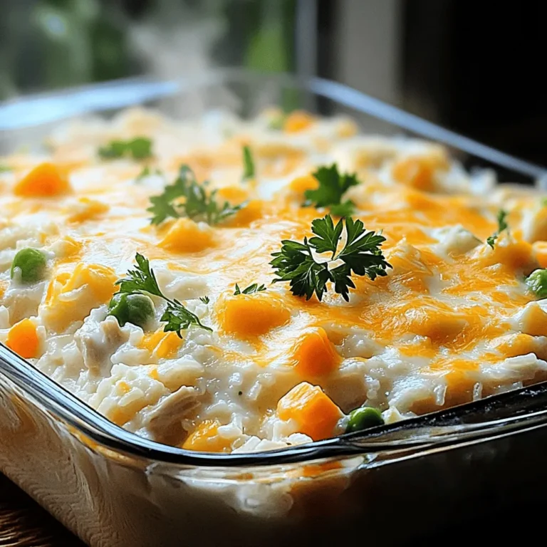 To make Ranch Chicken and Rice Casserole, gather these items: - 1 lb (450g) boneless, skinless chicken breasts, cut into bite-sized pieces - 1 cup uncooked white rice (e.g., jasmine or basmati) - 2 cups low-sodium chicken broth - 1 cup creamy ranch dressing - 1 cup frozen mixed vegetables (a colorful blend of peas, carrots, and corn) - 1 cup shredded sharp cheddar cheese - 1 teaspoon onion powder - 1 teaspoon garlic powder - Salt and freshly ground black pepper to taste - Fresh parsley, chopped (for garnish, optional) Garnishes add beauty and taste to your dish. Here are a few: - Fresh parsley, chopped - Extra shredded cheddar cheese - A drizzle of ranch dressing These add color and a fresh taste to the casserole. You can mix and match based on what you like! Sometimes, you may need to swap out ingredients. Here are some ideas: - Chicken: Use turkey breast or cooked rotisserie chicken for a quicker option. - Rice: Brown rice or quinoa can work well. Just adjust the cooking time. - Vegetables: Feel free to use any frozen veggies you have, like broccoli or bell peppers. - Dressing: If you prefer, swap ranch dressing for other creamy dressings like blue cheese or Caesar. With these swaps, you can make the dish fit your taste or what you have on hand. First, preheat your oven to 375°F (190°C). This step is key for even cooking. A hot oven helps the chicken cook well and the cheese melt perfectly. In a large bowl, add the diced chicken, uncooked rice, chicken broth, and creamy ranch dressing. Then, sprinkle in the onion powder and garlic powder. Use a spatula to mix everything well. Make sure the chicken and rice are coated with the ranch dressing. Add salt and pepper to taste. Next, fold in the frozen mixed vegetables. This gives your casserole color and nutrition. Make sure the veggies are spread throughout the mixture. Pour your chicken and rice mixture into a greased 9x13-inch baking dish. Spread it out evenly for best results. Cover the dish tightly with aluminum foil. This traps moisture and helps the dish cook well. Bake in the preheated oven for 25 minutes. After 25 minutes, remove the foil carefully. Watch out for steam! Now, sprinkle the shredded cheddar cheese on top. Return the dish to the oven, uncovered, for another 15-20 minutes. You will know it’s ready when the chicken is cooked through, and the cheese is melted and bubbly. Once done, take it out and let it cool for about 5 minutes. This resting time helps the flavors settle. If you like, add freshly chopped parsley for a nice touch before serving. To make perfect rice, rinse it first. This removes extra starch. Use a 1:2 ratio of rice to broth. This keeps the rice moist. Cook it covered for even heat. If you want extra flavor, add herbs to the broth. You can mix in extras to change the taste. Try adding diced bell peppers for crunch. Use different frozen veggies like broccoli or green beans. You can also swap ranch dressing for a spicy sauce. This gives it a kick. For a cheesy twist, add cream cheese with the ranch. One mistake is not covering the dish while baking. This can dry out the rice. Another error is using too much liquid. Stick to the right amounts in the recipe. Don’t skip the resting time after baking. This helps the flavors blend well. Always taste before serving. Adjust salt and pepper as needed. For a full recipe with all these tips, check out the [Full Recipe]. {{image_4}} You can make a tasty vegetarian version of this dish. Start by swapping the chicken for a mix of beans or lentils. Use 2 cups of cooked black beans or chickpeas instead. Then, keep all the other ingredients the same. The ranch dressing adds great flavor, and the veggies provide crunch. This version is hearty and filling, perfect for a meatless meal. If you love heat, try a spicy twist on the classic recipe. Add diced jalapeños or a pinch of cayenne pepper to the mix. You can also use spicy ranch dressing in place of the regular one. This gives the dish a nice kick. Top it off with pepper jack cheese instead of cheddar for extra spice. Your taste buds will thank you! For a one-pan meal, mix everything in a large oven-safe skillet. This saves on clean-up time. Just add the rice and broth to the skillet along with the chicken and veggies. Cover and bake as you normally would. The flavors blend well, and you still get that creamy goodness from the ranch dressing. This method makes dinner even easier and quicker. You can find the full recipe linked above, allowing you to create these delicious variations! You can keep leftover Ranch Chicken and Rice Casserole in the fridge. Place it in an airtight container. It will stay fresh for up to three days. Make sure the casserole is cool before sealing it. This helps prevent moisture from building up. If you want to save some for later, freezing is easy. Use a freezer-safe container or heavy-duty freezer bag. Store the casserole in portions for easy meals. It will keep well for up to three months. To freeze, let it cool completely first. Label the container with the date to track freshness. When you’re ready to enjoy your casserole again, you can reheat it in different ways. The oven gives the best results. Preheat it to 350°F (175°C). Bake the casserole for about 20-30 minutes, covered with foil. This keeps it moist. You can also use a microwave. Heat in short bursts, stirring in between to ensure even warming. Always check that the chicken is heated all the way through. For extra flavor, add a little ranch dressing before serving. To adjust the recipe for fewer servings, simply halve the ingredients. Use ½ lb of chicken and ½ cup of rice. Also, cut the broth and dressing in half. This way, you keep the same flavors. Make sure to check the baking time. Smaller portions may cook faster, so keep an eye on them. Yes, you can use brown rice. However, brown rice takes longer to cook. It may need more liquid too. I recommend cooking it for a few minutes before adding it to the casserole. This helps it soften. Follow the same steps, but adjust the cooking time. Ranch Chicken and Rice Casserole goes well with many sides. Here are a few tasty options: - Simple green salad with a light dressing - Steamed broccoli or green beans for a crunchy bite - Garlic bread for a cozy touch - Roasted vegetables for extra flavor and color These sides add balance and make your meal complete. Enjoy the casserole with your favorite sides! For the full recipe, check out the link above. In this blog post, we covered the key steps to make a delicious Ranch Chicken and Rice Casserole. We explored the ingredients, sharing options for garnishes and substitutions. The step-by-step instructions guide you from preheating the oven to baking. I also shared tips to perfect your dish and variations for added flavor. Finally, we discussed how to store leftovers for later enjoyment. Follow these tips, and you’ll create a tasty meal that everyone will love!