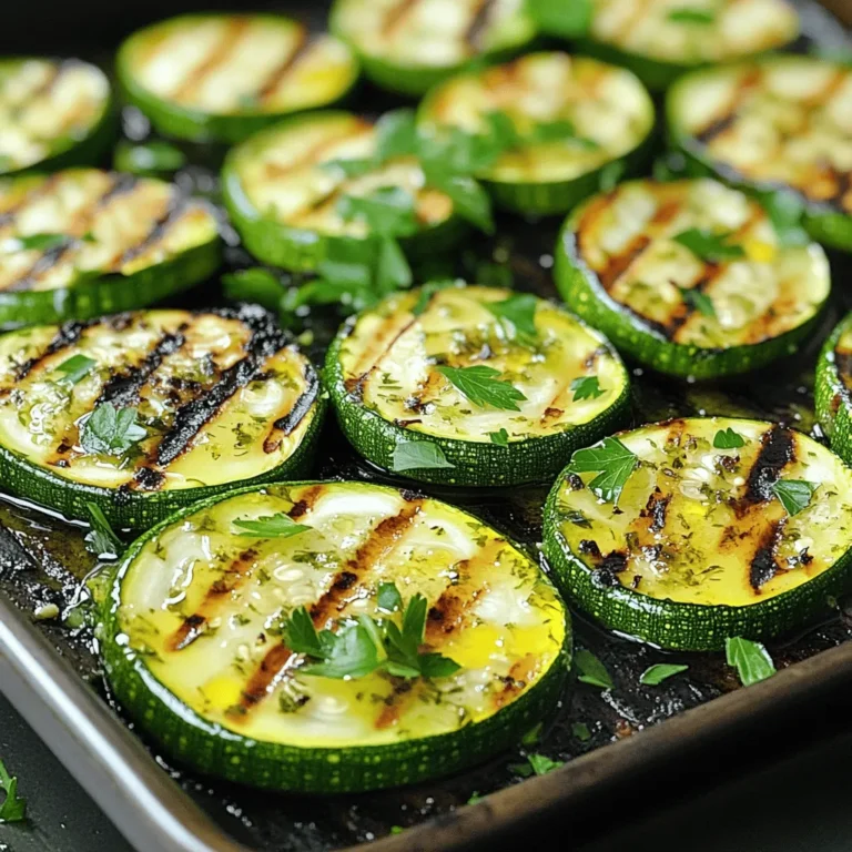 - 4 medium zucchinis, sliced into 1/2-inch thick rounds - 4 tablespoons extra virgin olive oil - 2 tablespoons freshly squeezed lemon juice - 1 teaspoon freshly grated lemon zest - 2 teaspoons dried oregano - 1 teaspoon garlic powder - 1 teaspoon sea salt - 1/2 teaspoon freshly cracked black pepper - 2 tablespoons fresh parsley, finely chopped (for garnish) You can use other oils for grilling. Avocado oil or sesame oil works well. If you have fresh herbs, use them instead of dried ones. Fresh oregano or basil adds great flavor. Adjust the amount based on your taste. When selecting zucchinis, look for ones that are firm and shiny. Avoid any that feel soft or have blemishes. Choose smaller zucchinis for a sweeter taste. Check for seasonal zucchinis in late summer. They are often at their best during this time. To make the marinade, start with a large bowl. Add the olive oil, lemon juice, and lemon zest. Next, sprinkle in the dried oregano, garlic powder, sea salt, and black pepper. Whisk everything together until mixed well. This blend of flavors makes your zucchini taste great. Marinating time is key. Let the zucchini sit in the marinade for 10 to 15 minutes. This helps the zucchini soak up the zesty flavors. Skipping this step means missing out on rich taste. First, preheat your grill to medium-high heat, about 400°F (200°C). A hot grill gives your zucchini nice grill marks and a smoky flavor. When ready, carefully place the marinated zucchini rounds on the grill. Cook them for 3 to 4 minutes on each side. Watch for tender slices with grill marks. This means they are perfectly grilled. When done, transfer the zucchini to a serving platter. Arrange them in a fan shape for a pretty look. For garnish, sprinkle fresh parsley on top. This adds a pop of color and a burst of flavor. You can also drizzle extra olive oil and sprinkle sea salt for extra taste. Enjoy your Lemon Herb Grilled Zucchini! For the complete recipe, check the [Full Recipe]. To avoid sticking on the grill, start with a clean grill. Oil the grates well before adding zucchini. This creates a non-stick surface. Use a paper towel dipped in oil to wipe the grates. For even cooking, cut zucchini into uniform pieces. I recommend 1/2-inch thick rounds. This size cooks well without burning. Grill over medium-high heat for best results. You can boost flavor with fresh herbs like basil or thyme. They add a nice twist. For a bit of heat, try red pepper flakes or sliced jalapeños. Both pair well with the lemony taste. The best grill types for zucchini are gas or charcoal grills. Both give great flavor and heat. A grill basket can help keep slices from falling through the grates. Use tongs for safe flipping. For a great grilling experience, have a spatula and a timer handy. These tools help track cooking time and make flipping easy. For the complete process, check the Full Recipe. {{image_4}} You can change the flavors of your grilled zucchini by trying different herbs and spices. Instead of oregano, use thyme or basil for a fresh twist. You can also add a pinch of red pepper flakes for a little heat. Mixing in some smoked paprika can give your dish a nice depth. Incorporating other citrus flavors makes the marinade even more fun. Try lime or orange juice instead of lemon. Both options add a unique taste that pairs well with zucchini. You can also mix lemon with lime for a zesty combo. Grilled zucchini pairs well with many other vegetables. Bell peppers, eggplant, and asparagus are great choices. You can slice them into similar sizes for even cooking. Cooking times vary, so keep an eye on your veggies. Zucchini takes about 3-4 minutes per side. Bell peppers need about 5-7 minutes, while eggplant may take up to 8 minutes. This way, you can enjoy a colorful mix on your plate. Grilled zucchini makes a tasty side dish for many meals. It pairs well with proteins like grilled chicken, fish, or steak. You can also serve it alongside grains like quinoa or couscous for a filling meal. For fun side dish ideas, try serving grilled zucchini with a yogurt sauce. A sprinkle of feta cheese or a handful of nuts can also add a nice touch. For more flavor, drizzle balsamic glaze over the top. For a complete guide to making this dish, check out the Full Recipe. To store leftover grilled zucchini, let it cool first. Place it in an airtight container. This keeps it fresh and prevents odors from mixing. You can store it in the fridge. It usually lasts for about 3 to 5 days. Reheating grilled zucchini can be tricky. The best method is to use a skillet. Heat the skillet over medium-low heat. Add a small drizzle of olive oil. Place the zucchini in the skillet. Cook it for about 2 to 3 minutes on each side. This keeps the texture nice and firm. You can also add it to pasta or salads for a tasty twist. Yes, you can freeze grilled zucchini! To do this, let it cool completely first. Then, arrange the slices in a single layer on a baking sheet. Freeze them for about 1 to 2 hours. Once frozen, transfer the slices to a freezer bag. Remove as much air as possible. Grilled zucchini can last for up to 3 months in the freezer. When ready to use, thaw it in the fridge overnight. You can also toss it directly into soups or stews. For the full recipe, check out the Lemon Herb Grilled Zucchini recipe. To cut zucchini for grilling, slice it into 1/2-inch thick rounds. This thickness helps the zucchini cook evenly and stay firm. You can also cut them into long strips if you prefer a different shape. Just ensure your slices are uniform. This way, they will grill at the same rate. For added flavor, you can cut the zucchini lengthwise and brush the cut sides with olive oil. Yes, you can prepare Lemon Herb Grilled Zucchini ahead of time. To do this, marinate the zucchini slices a few hours before grilling. You can store them in the fridge for up to 24 hours in the marinade. This will enhance the flavor. Just remember to grill them right before serving for the best taste and texture. If grilling later, store the grilled zucchini in an airtight container. Grilled zucchini is very healthy. It is low in calories and high in vitamins. Zucchini is a great source of vitamin C, which boosts your immune system. It also contains potassium, which helps with heart health. Plus, grilling keeps the zucchini's nutrients intact while adding a nice smoky flavor. Enjoy it as a side dish or in salads. You can find the full recipe in the main article. In this article, we covered the key ingredients for Lemon Herb Grilled Zucchini and preparation steps. You learned how to marinate, grill, and enhance flavors. I shared tips for choosing fresh zucchini and creative variations. Remember, fresh ingredients lead to the best taste. Enjoy experimenting with different herbs or vegetables. Grilled zucchini is not just simple but also healthy and tasty. Now, you are ready to impress at your next meal!