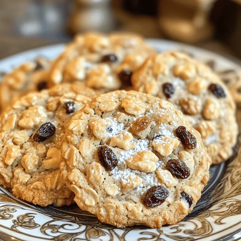 - Rolled oats - All-purpose flour - Baking soda - Salt - Ground cinnamon - Unsalted butter - Brown sugar - Granulated sugar - Egg - Vanilla extract - Raisins - Walnuts (optional) For this oatmeal raisin cookie recipe, here are the specific amounts you need: - 1 cup rolled oats - 1 cup all-purpose flour - 1/2 teaspoon baking soda - 1/2 teaspoon salt - 1 teaspoon ground cinnamon - 1/2 cup unsalted butter, softened - 1/2 cup packed brown sugar - 1/2 cup granulated sugar - 1 large egg - 1 teaspoon pure vanilla extract - 1 cup raisins - 1/2 cup chopped walnuts (optional) You can swap some ingredients to fit your needs and tastes. - For a gluten-free version, use almond or oat flour instead of all-purpose flour. - If you're vegan, replace the egg with 1/4 cup unsweetened applesauce or a flax egg (1 tablespoon ground flaxseed mixed with 2.5 tablespoons water). - Use coconut oil in place of butter for a dairy-free option. - You can switch raisins with dried cranberries or chocolate chips for a fun twist. These changes keep the flavor while catering to dietary needs. For the full recipe, check the detailed steps! First, preheat your oven to 350°F (175°C). This step ensures even baking. Next, prepare your baking sheet by lining it with parchment paper. This will help your cookies not stick and make cleanup easy. Now, grab a medium-sized bowl to mix the dry ingredients. Combine 1 cup of rolled oats, 1 cup of all-purpose flour, 1/2 teaspoon of baking soda, 1/2 teaspoon of salt, and 1 teaspoon of ground cinnamon. Stir well until everything is evenly mixed. Set this bowl aside for later. In a large mixing bowl, cream together 1/2 cup of softened unsalted butter, 1/2 cup of packed brown sugar, and 1/2 cup of granulated sugar. Use a hand mixer or whisk to beat the mixture until it is light and fluffy. This process takes about 2-3 minutes. Next, add in 1 large egg and 1 teaspoon of pure vanilla extract. Beat these into the butter and sugar mixture until it is smooth and well combined. Now, it's time to bring the dry and wet mixtures together. Gradually add the dry mix to the wet mix. Use a spatula to stir gently until just combined. Avoid overmixing; the dough should remain slightly sticky. Finally, fold in 1 cup of raisins and, if you wish, 1/2 cup of chopped walnuts. Make sure the raisins and walnuts are evenly spread throughout the dough. Using a tablespoon or cookie scoop, drop rounded balls of dough onto your prepared baking sheet. Leave about 2 inches of space between each cookie. This space allows them to spread as they bake. Place the baking sheet in your preheated oven. Bake for 10-12 minutes. The edges should turn golden brown, while the centers should remain soft and slightly underbaked. Once baked, remove the sheet from the oven. Let the cookies cool for 5 minutes on the sheet. After that, transfer them to wire racks to cool completely. For the full joy of this recipe, try serving these cookies fresh with a tall glass of cold milk. To get chewy cookies, use rolled oats. They give a great texture. Make sure to measure your ingredients carefully. Too much flour can make your cookies dry. Mix until just combined for the best chew. Overmixing can lead to tough cookies. Add spices like nutmeg or ginger for extra warmth. These spices pair well with cinnamon. You can also try adding a touch of maple syrup for depth. Always use fresh ingredients. Fresh spices and quality butter can make a big difference in taste. Choose a light-colored baking sheet. It helps cookies bake evenly. Use parchment paper to prevent sticking. This makes cleanup easy too. For scooping dough, a cookie scoop works best. It helps create uniform cookies that bake evenly. A tablespoon also works if you don’t have a scoop. For the full recipe, check out the Chewy Oatmeal Raisin Delight 🥮! {{image_4}} You can easily change the taste of your cookies. Adding chocolate chips makes them rich and sweet. You might also want to try different nuts. Pecans or almonds add a nice crunch. Dried fruits can bring a twist too. Try cranberries or apricots for extra flavor. Each choice adds a new layer of taste to the classic oatmeal raisin cookie. If you need gluten-free cookies, swap all-purpose flour for almond flour or oat flour. These options keep the cookies tasty while meeting dietary needs. For a vegan version, use coconut oil for butter and a flaxseed egg instead of a regular egg. These swaps keep the cookie soft and chewy, just like the original recipe. You can make cookies in different sizes. For mini cookies, use a teaspoon to scoop the dough. Bake them for about 8-10 minutes. Larger cookies need more time. Use a tablespoon and bake them for 12-14 minutes. Keep an eye on the edges. They should be golden brown, while the centers stay soft and slightly underbaked. To keep your cookies fresh, store them in an airtight container. This prevents air from making them dry. You can also add a slice of bread inside. The moisture from the bread helps keep the cookies soft. Use a container that fits the number of cookies you have. A small jar works well for a few cookies. A larger container is great for a big batch. You can freeze both cookie dough and baked cookies. For the dough, scoop it onto a baking sheet lined with parchment paper. Freeze the dough balls until they are solid. Then, transfer them to a freezer bag. This way, you can bake fresh cookies anytime. For baked cookies, let them cool completely first. Place them in an airtight container or freezer bag. To thaw, leave them at room temperature for a few hours. You can also warm them in the oven for a few minutes. When stored properly, cookies can last about one week at room temperature. If you freeze them, they can last up to three months. Check for signs of staleness. If the cookies feel hard or taste bland, they may be past their prime. Fresh cookies should be soft and chewy with a rich flavor. Enjoy your cookies while they’re still at their best! Oatmeal raisin cookies will last about one week at room temperature. Store them in an airtight container. This keeps them fresh and soft. You can also freeze them for up to three months. Just make sure to wrap them well in plastic wrap. Thaw them at room temperature when ready to eat. Yes, you can use quick oats. They cook faster and have a finer texture. This will make your cookies softer and less chewy. Rolled oats give a nice chewy bite. If you like a heartier cookie, stick with rolled oats. Both types will still taste great! You have a few good options for egg substitutes. You can use 1/4 cup unsweetened applesauce for each egg. Mashed banana works too, but it will add flavor. Another option is using 1 tablespoon ground flaxseed mixed with 2.5 tablespoons water. Let it sit for a few minutes to thicken. This works well for binding in cookies. This article covered all you need to know for perfect oatmeal raisin cookies. We looked at key ingredients, their measurements, and possible substitutes. You learned step-by-step instructions for mixing, baking, and achieving great texture. We also shared tips for flavor, equipment, and storage. Now you can bake delicious cookies that fit your taste and diet. Enjoy your baking journey with these simple recipes!