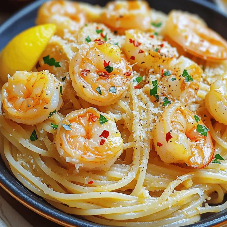 Here’s what you need to make garlic butter shrimp pasta. Gather these items before you start. - 8 oz spaghetti or linguine - 1 lb large shrimp, peeled and deveined - 6 tablespoons unsalted butter - 5 cloves garlic, minced - 1 teaspoon red pepper flakes (adjust to taste) - Zest and juice of 1 lemon - 1/4 cup fresh parsley, chopped - Salt and pepper, to taste - Grated Parmesan cheese, for serving (optional) Using fresh ingredients makes a big difference in taste. The shrimp should be large and tender. The garlic adds a rich flavor, while the lemon brings brightness. Adjust the red pepper flakes based on your spice preference. You can skip the cheese if you want a lighter dish. For the best results, prepare everything before you cook. This way, you will have a smooth cooking experience. Check out the Full Recipe for more details on how to combine these ingredients into a delicious meal! First, fill a large pot with water and add salt. Bring the water to a boil. This step is key because it helps flavor the pasta. Once the water boils, add 8 oz of spaghetti or linguine. Cook the pasta for about 8-10 minutes until it is al dente. Before you drain the pasta, remember to reserve about 1 cup of the starchy water. This will help thicken your sauce later. After reserving the water, drain the pasta and set it aside. In a large skillet over medium-high heat, melt 2 tablespoons of unsalted butter until it bubbles. Add 1 lb of large, peeled, and deveined shrimp to the skillet. Season the shrimp with salt, pepper, and red pepper flakes to taste. Cook the shrimp for about 2-3 minutes on each side. You want them to turn pink and opaque. Once cooked, take the shrimp out of the skillet and place them on a plate. In the same skillet, lower the heat to medium and add the remaining 4 tablespoons of butter. Next, add 5 minced garlic cloves. Sauté the garlic for about 1-2 minutes while stirring often. Be careful not to let it brown. If garlic browns, it can taste bitter. This step is critical for getting the best flavor. To make the sauce just right, adjust the pasta water you save. You want it creamy but not too thick. Start with a half cup of the reserved pasta water. If it seems dry, add more until you reach the creaminess you like. Using fresh ingredients is key for flavor. Fresh garlic and lemon zest make a big difference. They add bright notes that elevate the dish. Cooking shrimp takes just a few minutes. You want them pink and opaque. This usually takes about 2-3 minutes on each side. For the pasta, cook it until al dente. This means it should be firm to the bite but not hard. Typically, this takes 8-10 minutes. Remember to taste the pasta as it cooks. When serving, top the dish with grated Parmesan cheese. This adds a rich flavor and makes it look nice. Fresh parsley is a great garnish too. Sprinkle it on top for a pop of color. This makes your plate look inviting and fresh. Enjoy the beauty of your dish as much as the taste! {{image_4}} You can make this dish even better by adding veggies. Spinach adds a nice color and nutrition. Just toss in a handful when you add the pasta to the sauce. Cherry tomatoes also work well. They give a burst of sweetness. You can also use broccoli or peas. They add crunch and extra vitamins. Want more heat? Increase the red pepper flakes. Just be careful not to overdo it. You can also try other spices to boost flavor. A pinch of smoked paprika adds a nice smoky taste. Fresh herbs like basil or thyme can brighten the dish. Experiment to find what you like best. If you need gluten-free options, choose gluten-free pasta. Many brands taste great and cook well. For a vegan twist, substitute shrimp with mushrooms or tofu. You can replace butter with olive oil or vegan butter. This way, everyone can enjoy this tasty meal. You can find the full recipe to explore more ideas. To store your Garlic Butter Shrimp Pasta, let it cool first. Place it in an airtight container. This helps keep it fresh and tasty. You can store it in the fridge for up to 3 days. When you're ready to eat, just reheat it on the stove or in the microwave. If you want to save some for later, freezing works great too! Divide the pasta and shrimp into portions. Use freezer bags or containers that are safe for freezing. Press out as much air as you can to prevent freezer burn. You can freeze it for up to 2 months. To reheat, thaw it in the fridge overnight. Then, warm it gently in a skillet over low heat. Add a splash of water or broth to help it heat evenly. Enjoy your dish just like the first time! It takes about 25 minutes to make Garlic Butter Shrimp Pasta. You spend 10 minutes prepping and 15 minutes cooking. This quick dish is perfect for busy nights when you want something tasty. Yes, you can use frozen shrimp. Just thaw them first. To thaw, place shrimp in a bowl of cold water for about 15 minutes. Pat them dry before cooking. Fresh shrimp taste great, but frozen shrimp work well too. Just make sure they are peeled and deveined. You can serve Garlic Butter Shrimp Pasta with several side dishes. Here are some ideas: - Garlic bread for extra flavor. - A fresh salad with lemon vinaigrette. - Steamed vegetables like broccoli or asparagus. These sides add fresh touches and balance the meal. For the full recipe, check out the section above. This garlic butter shrimp pasta recipe is simple and delicious. You have tasty ingredients that combine well. Follow the steps closely for perfect pasta and shrimp. Use fresh ingredients for the best flavor. Feel free to make variations with veggies or spice adjustments. Store leftovers properly to keep them fresh. Enjoy this meal with family or friends. Remember, cooking is about having fun and sharing good food!