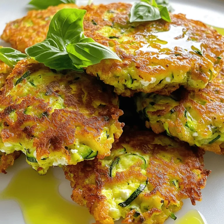 To make Zucchini Ricotta Fritters, gather these simple ingredients: - 2 medium zucchinis, grated - 1 cup ricotta cheese - 1/2 cup all-purpose flour - 2 large eggs, beaten - 1/4 cup grated Parmesan cheese - 2 green onions, finely chopped - 1/2 teaspoon garlic powder - Salt and pepper, to taste - Olive oil, for frying - Fresh basil or parsley, for garnish These ingredients work together to create crispy, tasty fritters that everyone will love. The fresh zucchini adds moisture and flavor, while the ricotta cheese gives a creamy texture. Using grated Parmesan cheese enhances the savory taste of the fritters. Make sure to squeeze out as much moisture from the zucchini as you can. This step is key to ensure your fritters do not get soggy. You can use a clean kitchen towel for this. Want to dive deeper into making these fritters? Check out the Full Recipe for all the steps! Start by grating the zucchinis. You can use a box grater or a food processor. After grating, place the zucchini in a clean kitchen towel. Gather the towel around the zucchini and twist it. This will help squeeze out the extra moisture. Removing moisture is key. It keeps the fritters from becoming soggy. In a large bowl, combine the drained zucchini, ricotta cheese, flour, and beaten eggs. Add grated Parmesan, chopped green onions, garlic powder, salt, and pepper. Use a sturdy spoon to mix everything. The batter should be slightly chunky, not too smooth. This texture helps the fritters hold their shape when cooking. Heat a non-stick skillet over medium heat and add a few tablespoons of olive oil. Let the oil heat until it shimmers. Once hot, drop spoonfuls of batter into the skillet. Gently flatten each fritter with a spoon. Cook them for about 3-4 minutes on each side. They should turn golden brown and crispy. Don't overcrowd the skillet. If needed, cook in batches. After cooking, place the fritters on a plate lined with paper towels. This will absorb any excess oil. Serve warm with chopped basil or parsley for a fresh touch. To make your fritters crispy, start by removing moisture. Zucchini has a lot of water. When you grate it, you must squeeze it in a towel. This helps the fritters stay firm. Next, heat your oil until it shimmers. A hot skillet cooks the fritters quickly and keeps them crispy. If the oil is not hot enough, they can soak up too much oil and become soggy. Herbs and spices can elevate your fritters. I love adding fresh basil or parsley for brightness. You can also try a pinch of red pepper flakes for heat. For dips, a tangy yogurt sauce pairs well. You can also serve them with a tasty marinara. These additions make each bite even better. Avoid overcrowding your skillet. Too many fritters at once can lower the heat. This can lead to uneven cooking. Instead, cook them in small batches. Keep the cooked fritters warm by placing them on a plate in a low oven. This way, they stay warm and crisp until you serve them. {{image_4}} You can change the taste of your fritters easily. Try adding different cheeses like feta or mozzarella. You can also mix in finely chopped veggies such as bell peppers or spinach. Fresh herbs like dill or thyme add a nice touch too. These small changes can create a whole new snack experience. If you need a gluten-free version, use almond flour or coconut flour instead of all-purpose flour. Both options work well and will keep your fritters light and crispy. Just be sure to adjust the amount used, as these flours can absorb moisture differently. For a vegan twist, replace the ricotta with a plant-based cheese. Flaxseed meal can work well as an egg substitute. Just mix one tablespoon of flaxseed with three tablespoons of water and let it sit for a few minutes. If you want low-carb fritters, swap the flour for grated cauliflower. This keeps the fritters tasty while cutting down on carbs. For the full recipe, check out the [Full Recipe]. To keep your zucchini ricotta fritters fresh, you should refrigerate them. Place the leftover fritters in an airtight container. This helps prevent them from drying out. Make sure to layer them with paper towels to absorb extra moisture. You can store them for up to three days in the fridge. If you want to save some for later, freezing is a great option. First, let the fritters cool completely. Then, place them in a single layer on a baking sheet. Freeze them for about one hour. This step helps them keep their shape. After they are frozen, transfer them to a freezer bag. Label the bag with the date. They can stay good for up to two months. When you’re ready to eat your frozen fritters, reheat them in the oven. Preheat the oven to 375°F (190°C). Place the fritters on a baking sheet and bake for about 15-20 minutes. This method will help them regain their crispy texture. Enjoy your tasty snack! For the full recipe, check out the detailed instructions above. Yes, you can bake them! Place the fritters on a baking sheet lined with parchment paper. Brush them lightly with olive oil. Bake at 400°F for about 20-25 minutes. Flip them halfway through to get both sides crispy. To reheat, use an oven or an air fryer. Preheat the oven to 350°F. Place the fritters on a baking sheet and bake for about 10 minutes. This will keep them crispy. You can make the batter ahead of time! Store it in the fridge for up to 24 hours. Just remember to mix it again before cooking. The moisture from the zucchini can settle. Fritters are done when they are golden brown and crispy on both sides. You can also gently press them. If they feel firm and do not sink, they are ready. Yes, they are great for meal prep! You can cook them and store in the fridge for up to 3 days. They make a tasty snack or meal addition. For more details, check the Full Recipe. Zucchini ricotta fritters are a simple and tasty snack. You can enjoy them any time of the day. Here’s how to make them: - 2 medium zucchinis, grated - 1 cup ricotta cheese - 1/2 cup all-purpose flour - 2 large eggs, beaten - 1/4 cup grated Parmesan cheese - 2 green onions, finely chopped - 1/2 teaspoon garlic powder - Salt and pepper, to taste - Olive oil, for frying - Fresh basil or parsley, for garnish To start, I recommend grating the zucchinis. Use a box grater or food processor to make it quick. After grating, take a clean kitchen towel. Place the zucchini in the middle and twist the towel. This helps squeeze out extra moisture. It’s important to do this step to keep your fritters crispy. Next, grab a large mixing bowl. Add the drained zucchini, ricotta cheese, flour, beaten eggs, Parmesan, green onions, garlic powder, and some salt and pepper. Mix everything well with a spatula. The batter should feel a bit chunky. Now, heat a non-stick skillet over medium heat. Drizzle in some olive oil to coat the bottom. Let the oil heat until it looks shiny. This ensures a nice fry for your fritters. Once the oil is hot, drop spoonfuls of the batter into the skillet. Use the back of a spoon to flatten each fritter a bit. This helps them cook evenly. Fry for about 3-4 minutes on each side. You want them golden brown and crispy. Don’t overcrowd the skillet; work in batches if needed. When done, transfer the fritters to a plate lined with paper towels. This will soak up any extra oil. Serve them warm, topped with fresh basil or parsley. These toppings add a lovely touch to your dish. For the full recipe, check out the detailed instructions above. Enjoy making these tasty treats! In this blog post, we covered how to make Zucchini Ricotta Fritters from start to finish. We shared a list of simple ingredients and provided step-by-step cooking instructions. You learned tips to ensure crispiness and explored tasty variations. Storing and reheating tips were also discussed to help keep your fritters fresh. Overall, these fritters are easy to make and delicious. They offer a healthy twist for any meal. Enjoy experimenting with different flavors and variations!