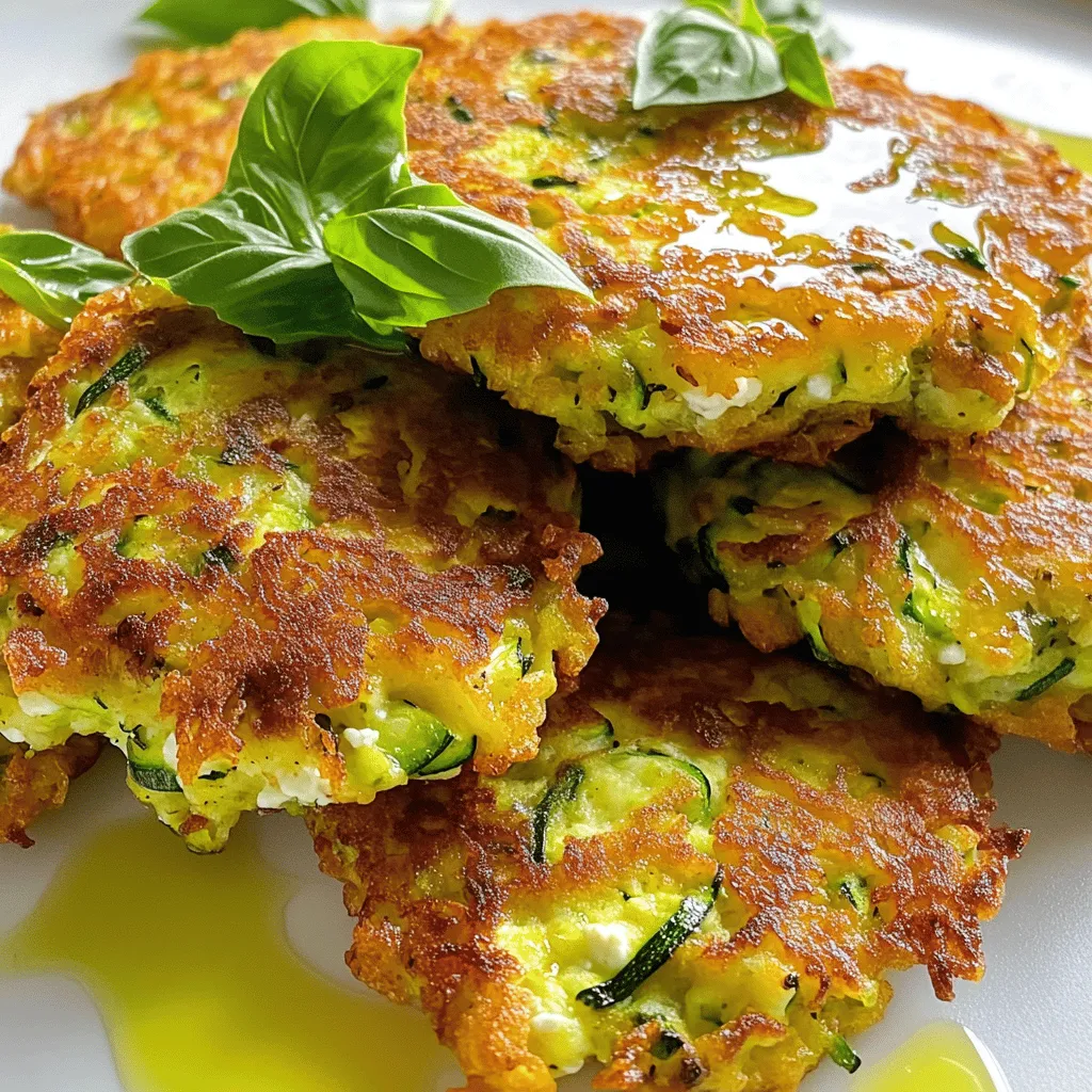 To make Zucchini Ricotta Fritters, gather these simple ingredients: - 2 medium zucchinis, grated - 1 cup ricotta cheese - 1/2 cup all-purpose flour - 2 large eggs, beaten - 1/4 cup grated Parmesan cheese - 2 green onions, finely chopped - 1/2 teaspoon garlic powder - Salt and pepper, to taste - Olive oil, for frying - Fresh basil or parsley, for garnish These ingredients work together to create crispy, tasty fritters that everyone will love. The fresh zucchini adds moisture and flavor, while the ricotta cheese gives a creamy texture. Using grated Parmesan cheese enhances the savory taste of the fritters. Make sure to squeeze out as much moisture from the zucchini as you can. This step is key to ensure your fritters do not get soggy. You can use a clean kitchen towel for this. Want to dive deeper into making these fritters? Check out the Full Recipe for all the steps! Start by grating the zucchinis. You can use a box grater or a food processor. After grating, place the zucchini in a clean kitchen towel. Gather the towel around the zucchini and twist it. This will help squeeze out the extra moisture. Removing moisture is key. It keeps the fritters from becoming soggy. In a large bowl, combine the drained zucchini, ricotta cheese, flour, and beaten eggs. Add grated Parmesan, chopped green onions, garlic powder, salt, and pepper. Use a sturdy spoon to mix everything. The batter should be slightly chunky, not too smooth. This texture helps the fritters hold their shape when cooking. Heat a non-stick skillet over medium heat and add a few tablespoons of olive oil. Let the oil heat until it shimmers. Once hot, drop spoonfuls of batter into the skillet. Gently flatten each fritter with a spoon. Cook them for about 3-4 minutes on each side. They should turn golden brown and crispy. Don't overcrowd the skillet. If needed, cook in batches. After cooking, place the fritters on a plate lined with paper towels. This will absorb any excess oil. Serve warm with chopped basil or parsley for a fresh touch. To make your fritters crispy, start by removing moisture. Zucchini has a lot of water. When you grate it, you must squeeze it in a towel. This helps the fritters stay firm. Next, heat your oil until it shimmers. A hot skillet cooks the fritters quickly and keeps them crispy. If the oil is not hot enough, they can soak up too much oil and become soggy. Herbs and spices can elevate your fritters. I love adding fresh basil or parsley for brightness. You can also try a pinch of red pepper flakes for heat. For dips, a tangy yogurt sauce pairs well. You can also serve them with a tasty marinara. These additions make each bite even better. Avoid overcrowding your skillet. Too many fritters at once can lower the heat. This can lead to uneven cooking. Instead, cook them in small batches. Keep the cooked fritters warm by placing them on a plate in a low oven. This way, they stay warm and crisp until you serve them. {{image_4}} You can change the taste of your fritters easily. Try adding different cheeses like feta or mozzarella. You can also mix in finely chopped veggies such as bell peppers or spinach. Fresh herbs like dill or thyme add a nice touch too. These small changes can create a whole new snack experience. If you need a gluten-free version, use almond flour or coconut flour instead of all-purpose flour. Both options work well and will keep your fritters light and crispy. Just be sure to adjust the amount used, as these flours can absorb moisture differently. For a vegan twist, replace the ricotta with a plant-based cheese. Flaxseed meal can work well as an egg substitute. Just mix one tablespoon of flaxseed with three tablespoons of water and let it sit for a few minutes. If you want low-carb fritters, swap the flour for grated cauliflower. This keeps the fritters tasty while cutting down on carbs. For the full recipe, check out the [Full Recipe]. To keep your zucchini ricotta fritters fresh, you should refrigerate them. Place the leftover fritters in an airtight container. This helps prevent them from drying out. Make sure to layer them with paper towels to absorb extra moisture. You can store them for up to three days in the fridge. If you want to save some for later, freezing is a great option. First, let the fritters cool completely. Then, place them in a single layer on a baking sheet. Freeze them for about one hour. This step helps them keep their shape. After they are frozen, transfer them to a freezer bag. Label the bag with the date. They can stay good for up to two months. When you’re ready to eat your frozen fritters, reheat them in the oven. Preheat the oven to 375°F (190°C). Place the fritters on a baking sheet and bake for about 15-20 minutes. This method will help them regain their crispy texture. Enjoy your tasty snack! For the full recipe, check out the detailed instructions above. Yes, you can bake them! Place the fritters on a baking sheet lined with parchment paper. Brush them lightly with olive oil. Bake at 400°F for about 20-25 minutes. Flip them halfway through to get both sides crispy. To reheat, use an oven or an air fryer. Preheat the oven to 350°F. Place the fritters on a baking sheet and bake for about 10 minutes. This will keep them crispy. You can make the batter ahead of time! Store it in the fridge for up to 24 hours. Just remember to mix it again before cooking. The moisture from the zucchini can settle. Fritters are done when they are golden brown and crispy on both sides. You can also gently press them. If they feel firm and do not sink, they are ready. Yes, they are great for meal prep! You can cook them and store in the fridge for up to 3 days. They make a tasty snack or meal addition. For more details, check the Full Recipe. Zucchini ricotta fritters are a simple and tasty snack. You can enjoy them any time of the day. Here’s how to make them: - 2 medium zucchinis, grated - 1 cup ricotta cheese - 1/2 cup all-purpose flour - 2 large eggs, beaten - 1/4 cup grated Parmesan cheese - 2 green onions, finely chopped - 1/2 teaspoon garlic powder - Salt and pepper, to taste - Olive oil, for frying - Fresh basil or parsley, for garnish To start, I recommend grating the zucchinis. Use a box grater or food processor to make it quick. After grating, take a clean kitchen towel. Place the zucchini in the middle and twist the towel. This helps squeeze out extra moisture. It’s important to do this step to keep your fritters crispy. Next, grab a large mixing bowl. Add the drained zucchini, ricotta cheese, flour, beaten eggs, Parmesan, green onions, garlic powder, and some salt and pepper. Mix everything well with a spatula. The batter should feel a bit chunky. Now, heat a non-stick skillet over medium heat. Drizzle in some olive oil to coat the bottom. Let the oil heat until it looks shiny. This ensures a nice fry for your fritters. Once the oil is hot, drop spoonfuls of the batter into the skillet. Use the back of a spoon to flatten each fritter a bit. This helps them cook evenly. Fry for about 3-4 minutes on each side. You want them golden brown and crispy. Don’t overcrowd the skillet; work in batches if needed. When done, transfer the fritters to a plate lined with paper towels. This will soak up any extra oil. Serve them warm, topped with fresh basil or parsley. These toppings add a lovely touch to your dish. For the full recipe, check out the detailed instructions above. Enjoy making these tasty treats! In this blog post, we covered how to make Zucchini Ricotta Fritters from start to finish. We shared a list of simple ingredients and provided step-by-step cooking instructions. You learned tips to ensure crispiness and explored tasty variations. Storing and reheating tips were also discussed to help keep your fritters fresh. Overall, these fritters are easy to make and delicious. They offer a healthy twist for any meal. Enjoy experimenting with different flavors and variations!