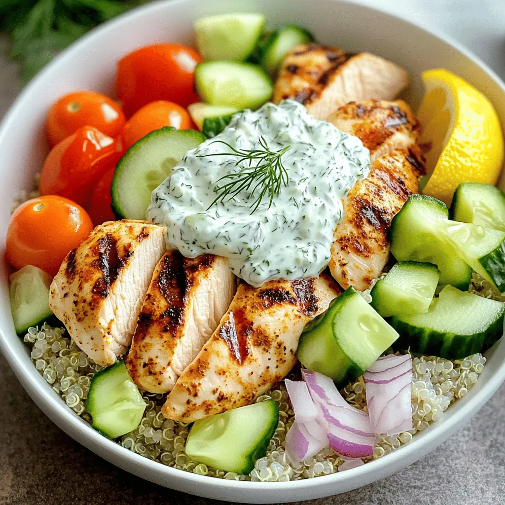 - 2 boneless, skinless chicken breasts - 1 teaspoon garlic powder - 1 teaspoon smoked paprika - 1 teaspoon dried oregano - Salt and freshly ground black pepper to taste - 1 tablespoon extra-virgin olive oil - 1 cup cooked quinoa or couscous - 1 cucumber, finely diced - 1 cup cherry tomatoes, halved - 1/2 red onion, paper-thin sliced - 1 cup creamy Greek yogurt - 2 tablespoons fresh dill, finely chopped - 1 tablespoon fresh lemon juice - Crisp lettuce leaves for serving - Medium-sized mixing bowl - Grill or grill pan - Spatula or tongs - Knife and cutting board - Serving bowls This simple list of ingredients and tools sets you up for a tasty meal. You can find the full recipe to guide you through each step. Start by making a simple rub. In a bowl, mix garlic powder, smoked paprika, dried oregano, salt, and pepper. Add olive oil to this mix. Rub it all over the chicken breasts. Make sure they are well-coated. For the best taste, let the chicken marinate for at least 30 minutes. If you have time, let it sit in the fridge overnight. This will make the chicken super tasty. While the chicken marinates, let’s make the tzatziki sauce. In a clean bowl, combine Greek yogurt, finely diced cucumber, chopped dill, and lemon juice. Stir well until everything blends nicely. Add a pinch of salt and pepper to taste. Set this aside. Letting it sit helps the flavors come together. Preheat your grill or grill pan to medium heat. Once it’s hot, place the marinated chicken breasts on the grill. Cook them for about 5-6 minutes on each side. You want the chicken to reach an internal temperature of 165°F (75°C). After grilling, take the chicken off the heat. Let it rest for about 5 minutes. This helps keep it juicy. After resting, slice the chicken into bite-sized pieces. Grab your serving bowls and start building your dish. Begin with a layer of cooked quinoa or couscous at the bottom. This will be the base of your bowl. Next, add the grilled chicken pieces on top of the quinoa. Then, layer on the diced cucumber, halved cherry tomatoes, and thinly sliced red onion. This adds a pop of color and flavor. Finally, drizzle the tzatziki sauce generously over everything. This brings a creamy contrast. If you like, add a handful of crisp lettuce leaves on top. This gives an extra crunch. Serve your Chicken Tzatziki Bowls in bright plates. It makes the dish look inviting. For a final touch, sprinkle some fresh dill on top and add a lemon wedge for extra zest. Enjoy your meal! To grill chicken that is juicy and flavorful, follow these tips: - Marinate Well: Use the spice rub with garlic powder, smoked paprika, and oregano. Let the chicken sit for at least 30 minutes. For best results, marinate overnight. - Use Medium Heat: Preheat your grill to a medium setting. This helps cook the chicken evenly without burning it. - Check Temperature: Use a meat thermometer to ensure the chicken reaches 165°F (75°C). This keeps it safe to eat. - Rest the Chicken: After grilling, let the chicken rest for 5 minutes. This keeps the juices inside. You can make tzatziki in different ways to suit your taste: - Add Spice: Mix in a pinch of cayenne or red pepper flakes for heat. - Use Different Herbs: Swap dill with mint or parsley for a fresh twist. - Try Other Veggies: Add grated carrots or chopped bell peppers for extra crunch. Presentation makes your Chicken Tzatziki Bowls shine. Here are some ideas: - Choose Colorful Bowls: Use deep plates to highlight the bright ingredients. - Layer Thoughtfully: Start with quinoa or couscous, then add chicken, veggies, and a drizzle of tzatziki. - Garnish: Add a sprinkle of fresh dill or a lemon wedge for a burst of color. These tips will help you create a delicious and beautiful meal that impresses everyone. For the complete recipe, check [Full Recipe]. {{image_4}} If you want a vegetarian twist, try using tofu or chickpeas. Tofu absorbs flavors well. Press and marinate it like the chicken. Cut it into cubes and grill or sauté until golden. Chickpeas also work great. Use canned or cooked chickpeas. Toss them in the same spices and roast in the oven. Both options are rich in protein and add a nice texture. You can swap grains in your Chicken Tzatziki Bowls for variety. Quinoa is high in protein and gluten-free. Couscous cooks quickly and is light on your stomach. Brown rice is hearty and adds fiber. Each grain brings a unique taste and texture. Try different grains each time for a fun twist! Add more fresh veggies to your bowl for color and crunch. Sliced bell peppers bring sweetness and crunch. Shredded carrots add a bright pop and extra nutrition. You can also use radishes for a peppery kick. Mix and match your favorites! This makes each bowl unique, fresh, and delicious. For the full recipe, check out the complete guide. After enjoying your Chicken Tzatziki Bowls, store leftovers in airtight containers. This keeps the chicken juicy and the veggies fresh. Place the chicken and veggies in one container. Store the tzatziki sauce in another. This helps prevent sogginess. You can keep the leftovers in the fridge for up to three days. To reheat the chicken, use a microwave or a skillet. If using a microwave, cover the chicken with a damp paper towel. This keeps moisture in and prevents it from drying out. Heat it for 30 seconds, check, and repeat if needed. If using a skillet, heat on low. Add a splash of water to keep it juicy. Cook until warmed through, about 3-4 minutes. Store your tzatziki sauce in a sealed container in the fridge. It stays fresh for about four days. If you notice extra water on top, just drain it off. Stir the sauce well before using it again. This keeps all the flavors mixed and tasty. For longer storage, you can freeze tzatziki in ice cube trays. Once frozen, transfer the cubes to a freezer bag. This way, you can enjoy it later in your Chicken Tzatziki Bowls or other dishes. If you don't have Greek yogurt, you can use regular yogurt. You can also try sour cream. Both will give a creamy texture, but they may taste a bit different. For a dairy-free option, use coconut yogurt or a blended cashew cream. These options keep the dish rich and tasty. You can marinate the chicken for at least 30 minutes. For better flavor, marinate it overnight. This gives the spices time to soak in. The longer, the better! Just keep it in the fridge to stay safe. Yes, you can make this dish ahead of time. Prepare the chicken and tzatziki sauce a day before. Store them in separate containers in the fridge. When you're ready to eat, just grill the chicken and assemble your bowls. It saves time and tastes fresh! Chicken Tzatziki Bowls taste great with various sides. Try a simple Greek salad with tomatoes and olives. Pita bread with hummus is also a good match. You can add roasted veggies or a light soup for extra flavor and nutrition. Yes, this dish is gluten-free if you use quinoa. Couscous is not gluten-free, so skip it if needed. Always check the labels on your ingredients to be sure. Enjoy this tasty meal without worry! This blog post covered how to make tasty Chicken Tzatziki Bowls. We explored essential ingredients, step-by-step instructions, and helpful tips. I shared fun variations, storage info, and answers to common questions. Now, you can impress your friends with this easy dish. Enjoy the fresh flavors and simple steps. With practice, you’ll make perfect bowls every time. Dive in and have fun in the kitchen!