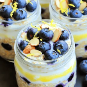 To make Lemon Blueberry Overnight Oats, you need: - 1 cup rolled oats - 1 cup milk (dairy or any plant-based alternative) - 1/2 cup Greek yogurt (or plant-based yogurt) - 1/2 cup fresh blueberries (or frozen, thawed) - Zest of 1 medium lemon - 2 tablespoons fresh lemon juice - 1 tablespoon maple syrup (optional for sweetness) - 1/2 teaspoon pure vanilla extract - Pinch of salt - Toppings: extra fresh blueberries, sliced almonds, and chia seeds You can switch out some ingredients if needed: - Use almond milk or oat milk instead of dairy milk. - Swap Greek yogurt for coconut yogurt for a dairy-free option. - Replace maple syrup with honey or agave for sweetness. - If you don’t have fresh blueberries, frozen ones work great too. Each ingredient plays a key role in this recipe: - Rolled oats provide the base. They soak up the liquid and become soft. - Milk adds creaminess and helps oats absorb flavors. - Greek yogurt offers protein and a nice texture. - Blueberries add sweetness and antioxidants. - Lemon zest and juice bring brightness and a fresh taste. - Maple syrup sweetens the dish naturally. - Vanilla extract enhances the overall flavor. - Salt balances the sweetness. - Toppings like almonds and chia seeds add crunch and nutrients. These ingredients come together to create a tasty and healthy breakfast. For the full recipe, refer to the earlier section. First, gather all your ingredients. You need rolled oats, milk, Greek yogurt, blueberries, lemon zest, lemon juice, maple syrup, vanilla extract, and salt. This simple mix brings bright flavors to your morning. It takes just ten minutes to prep. In a medium bowl, combine the rolled oats, Greek yogurt, and milk. Add in the lemon zest, lemon juice, maple syrup, vanilla extract, and a pinch of salt. Use a spoon or spatula to mix everything well. Make sure the oats soak up the liquid. This step is key for the best texture. Once mixed, gently fold in the fresh blueberries. Be careful not to mash them. Now, divide the oat mixture into two glass jars or containers. Make sure each jar has an even amount. Seal the jars tightly and place them in the fridge. Let them chill overnight or for at least four hours. This waiting time allows the oats to soften and soak in all those tasty flavors. In the morning, stir the oats. If they are too thick, add a splash of milk. Top with extra blueberries, sliced almonds, and chia seeds. Enjoy this delicious, healthy breakfast! For the full recipe, check out the provided instructions. To get the best texture, use rolled oats. They soak well and stay chewy. Mix your oats with yogurt and milk in a bowl. This makes them creamy. You can add lemon zest and juice for a bright taste. If you want more sweetness, a little maple syrup works great. Stir the mixture until it is smooth, and the oats are well covered. Don’t forget to gently fold in the blueberries. This keeps them intact, adding bursts of flavor. When serving, use clear jars to show off the colors. A sprinkle of sliced almonds gives a nice crunch. You can top it with extra blueberries for freshness. A few chia seeds add a fun texture and more nutrients. For a zesty look, place a lemon slice on the jar’s edge. This makes your oats not just tasty but also pretty! To boost nutrition, consider adding nuts or seeds. Almonds and chia seeds are great options. They add healthy fats and protein. You can also swap regular yogurt for Greek yogurt for extra protein. If you want a vegan option, use plant-based yogurt and milk. This keeps it creamy and dairy-free. By adding these ingredients, you can make your overnight oats even healthier while still enjoying the delicious flavor. For the complete recipe, check out the Full Recipe section. {{image_4}} You can switch the blueberries for other fruits. Try strawberries, raspberries, or peaches. Each fruit brings its own flavor and texture. You can also mix fruits for a fun twist. Just keep the same amount of fruit to match the recipe. If you want a different sweet taste, use honey or agave syrup. You can also skip sweeteners altogether if you prefer a tart flavor. Adjust the amount to suit your taste. Remember, the fruit adds natural sweetness too! Add spices for extra flavor. Cinnamon or nutmeg can give warmth. You might also try adding a teaspoon of almond extract for a nutty twist. If you like it creamy, add more Greek yogurt. For crunch, mix in nuts or seeds. These simple changes can make your oats unique and delicious. For the full recipe, check out the instructions above! Store your lemon blueberry overnight oats in airtight containers. This keeps them fresh and prevents spills. Glass jars work great. They also show off the beautiful layers. Always seal them tightly. Your oats will stay good in the fridge for up to five days. The flavors will blend better as they sit. Check for any off smells before eating. If they look or smell funny, toss them out. You can eat these oats cold, right from the fridge. If you prefer them warm, heat them in the microwave. Add a splash of milk if they seem too thick. Heat for about 30 seconds, then stir. Enjoy your creamy, zesty oats! Check the [Full Recipe] for details on how to make them. Yes, you can use quick oats. They will cook faster than rolled oats. Quick oats may make your mixture creamier. However, they might lose some texture. Rolled oats offer a nice chewiness. I have found that rolled oats work best for overnight oats. These oats last about 3 to 5 days in the fridge. Store them in airtight containers. This keeps them fresh and tasty. Just stir before eating. You may need to add a splash of milk if they seem thick. Yes, you can easily make these oats vegan. Use plant-based milk and yogurt. Maple syrup is a great sweetener. This keeps the recipe delicious. You won’t lose any flavor. Check the Full Recipe for more tips! This article covered the key ingredients and their roles in making Lemon Blueberry Overnight Oats. We explored step-by-step methods for mixing and chilling. Tips and tricks helped improve texture and flavor. Variations allow customization to suit your taste. Lastly, we discussed storage details to keep your oats fresh. Overall, making overnight oats is easy and flexible. Enjoy experimenting with different flavors and ingredients!
