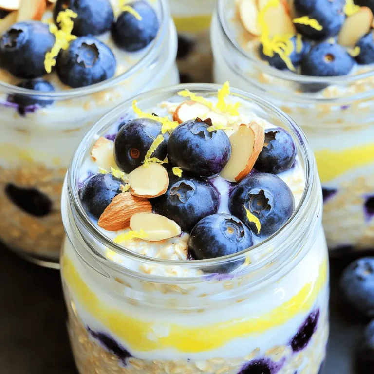 To make Lemon Blueberry Overnight Oats, you need: - 1 cup rolled oats - 1 cup milk (dairy or any plant-based alternative) - 1/2 cup Greek yogurt (or plant-based yogurt) - 1/2 cup fresh blueberries (or frozen, thawed) - Zest of 1 medium lemon - 2 tablespoons fresh lemon juice - 1 tablespoon maple syrup (optional for sweetness) - 1/2 teaspoon pure vanilla extract - Pinch of salt - Toppings: extra fresh blueberries, sliced almonds, and chia seeds You can switch out some ingredients if needed: - Use almond milk or oat milk instead of dairy milk. - Swap Greek yogurt for coconut yogurt for a dairy-free option. - Replace maple syrup with honey or agave for sweetness. - If you don’t have fresh blueberries, frozen ones work great too. Each ingredient plays a key role in this recipe: - Rolled oats provide the base. They soak up the liquid and become soft. - Milk adds creaminess and helps oats absorb flavors. - Greek yogurt offers protein and a nice texture. - Blueberries add sweetness and antioxidants. - Lemon zest and juice bring brightness and a fresh taste. - Maple syrup sweetens the dish naturally. - Vanilla extract enhances the overall flavor. - Salt balances the sweetness. - Toppings like almonds and chia seeds add crunch and nutrients. These ingredients come together to create a tasty and healthy breakfast. For the full recipe, refer to the earlier section. First, gather all your ingredients. You need rolled oats, milk, Greek yogurt, blueberries, lemon zest, lemon juice, maple syrup, vanilla extract, and salt. This simple mix brings bright flavors to your morning. It takes just ten minutes to prep. In a medium bowl, combine the rolled oats, Greek yogurt, and milk. Add in the lemon zest, lemon juice, maple syrup, vanilla extract, and a pinch of salt. Use a spoon or spatula to mix everything well. Make sure the oats soak up the liquid. This step is key for the best texture. Once mixed, gently fold in the fresh blueberries. Be careful not to mash them. Now, divide the oat mixture into two glass jars or containers. Make sure each jar has an even amount. Seal the jars tightly and place them in the fridge. Let them chill overnight or for at least four hours. This waiting time allows the oats to soften and soak in all those tasty flavors. In the morning, stir the oats. If they are too thick, add a splash of milk. Top with extra blueberries, sliced almonds, and chia seeds. Enjoy this delicious, healthy breakfast! For the full recipe, check out the provided instructions. To get the best texture, use rolled oats. They soak well and stay chewy. Mix your oats with yogurt and milk in a bowl. This makes them creamy. You can add lemon zest and juice for a bright taste. If you want more sweetness, a little maple syrup works great. Stir the mixture until it is smooth, and the oats are well covered. Don’t forget to gently fold in the blueberries. This keeps them intact, adding bursts of flavor. When serving, use clear jars to show off the colors. A sprinkle of sliced almonds gives a nice crunch. You can top it with extra blueberries for freshness. A few chia seeds add a fun texture and more nutrients. For a zesty look, place a lemon slice on the jar’s edge. This makes your oats not just tasty but also pretty! To boost nutrition, consider adding nuts or seeds. Almonds and chia seeds are great options. They add healthy fats and protein. You can also swap regular yogurt for Greek yogurt for extra protein. If you want a vegan option, use plant-based yogurt and milk. This keeps it creamy and dairy-free. By adding these ingredients, you can make your overnight oats even healthier while still enjoying the delicious flavor. For the complete recipe, check out the Full Recipe section. {{image_4}} You can switch the blueberries for other fruits. Try strawberries, raspberries, or peaches. Each fruit brings its own flavor and texture. You can also mix fruits for a fun twist. Just keep the same amount of fruit to match the recipe. If you want a different sweet taste, use honey or agave syrup. You can also skip sweeteners altogether if you prefer a tart flavor. Adjust the amount to suit your taste. Remember, the fruit adds natural sweetness too! Add spices for extra flavor. Cinnamon or nutmeg can give warmth. You might also try adding a teaspoon of almond extract for a nutty twist. If you like it creamy, add more Greek yogurt. For crunch, mix in nuts or seeds. These simple changes can make your oats unique and delicious. For the full recipe, check out the instructions above! Store your lemon blueberry overnight oats in airtight containers. This keeps them fresh and prevents spills. Glass jars work great. They also show off the beautiful layers. Always seal them tightly. Your oats will stay good in the fridge for up to five days. The flavors will blend better as they sit. Check for any off smells before eating. If they look or smell funny, toss them out. You can eat these oats cold, right from the fridge. If you prefer them warm, heat them in the microwave. Add a splash of milk if they seem too thick. Heat for about 30 seconds, then stir. Enjoy your creamy, zesty oats! Check the [Full Recipe] for details on how to make them. Yes, you can use quick oats. They will cook faster than rolled oats. Quick oats may make your mixture creamier. However, they might lose some texture. Rolled oats offer a nice chewiness. I have found that rolled oats work best for overnight oats. These oats last about 3 to 5 days in the fridge. Store them in airtight containers. This keeps them fresh and tasty. Just stir before eating. You may need to add a splash of milk if they seem thick. Yes, you can easily make these oats vegan. Use plant-based milk and yogurt. Maple syrup is a great sweetener. This keeps the recipe delicious. You won’t lose any flavor. Check the Full Recipe for more tips! This article covered the key ingredients and their roles in making Lemon Blueberry Overnight Oats. We explored step-by-step methods for mixing and chilling. Tips and tricks helped improve texture and flavor. Variations allow customization to suit your taste. Lastly, we discussed storage details to keep your oats fresh. Overall, making overnight oats is easy and flexible. Enjoy experimenting with different flavors and ingredients!