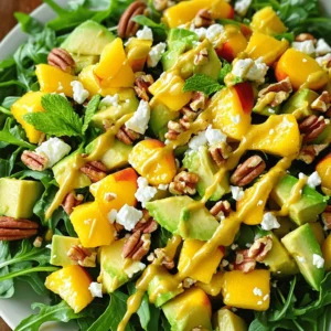 - 2 ripe peaches, diced - 2 ripe avocados, diced - 1 cup fresh arugula or a mix of your favorite greens - Fresh mint leaves, for garnish - 1/2 cup tangy feta cheese, crumbled - 1/4 cup pecans, coarsely chopped - 2 tablespoons creamy honey - 2 tablespoons freshly squeezed lemon juice - Salt and freshly cracked pepper, to taste To make this Peach and Avocado Salad, you need fresh, quality ingredients. Ripe peaches bring a sweet taste. Ripe avocados add creamy texture. Fresh arugula or mixed greens offer a nice crunch. Don't forget the fresh mint leaves for a pop of color and flavor. For additional flavor, add tangy feta cheese. It enhances the salad's taste. Pecans add a lovely crunch and nuttiness. Honey gives a hint of sweetness. Fresh lemon juice adds a zesty touch. Finally, season with salt and pepper to balance everything. This mix of flavors and textures creates a fresh and flavorful delight. For the complete recipe, you can check the [Full Recipe]. - First, dice the peaches and avocados. Aim for small, even pieces. This helps them blend well in the salad. - Next, layer the diced peaches and avocados in a large salad bowl. This forms a colorful base for the dish. - Now, gently fold in your choice of greens, like arugula or mixed greens. This adds a nice crunch and freshness. - Sprinkle the crumbled feta cheese and chopped pecans on top. They give a lovely salty flavor and texture contrast. - In a small bowl, whisk together the honey and fresh lemon juice. This dressing is simple but very tasty. - Drizzle the dressing over the salad. Toss gently to combine without smashing the avocado. - Finally, taste and season with salt and freshly cracked pepper. Adjust to make the flavors pop. You can find the complete instructions in the [Full Recipe]. To make the best peach and avocado salad, cut your fruits into similar sizes. This helps create a nice balance. When you toss the salad, do it gently. You want to mix it well but avoid mashing the ripe avocado. This keeps the salad light and fresh. Taste is key. Adjust the seasoning to fit your palate. You can also add a touch of honey for sweetness or fresh mint leaves for a burst of flavor. These small tweaks can take your salad to the next level. Serving matters. You can place the salad in individual bowls for a nice touch. Another idea is to arrange everything on a platter. A colorful display makes the salad look even more inviting. A drizzle of honey or a sprinkle of mint can add a lovely finish. For the full recipe, check out the detailed steps provided. {{image_4}} You can switch up the cheese and nuts in this salad for new flavors. Instead of feta, try goat cheese or blue cheese. Both add a rich taste that pairs well with peaches. For nuts, swap pecans for walnuts or almonds. Each nut gives its unique crunch and flavor. You can also change the greens. If you want a different taste, use spinach or kale. Both greens add a nice twist. Spinach brings a soft texture, while kale adds a bit of bite. Each option makes the salad fresh and fun to eat. The dressing plays a big role in this salad. If you want to try something different, use balsamic vinegar or olive oil instead of honey and lemon juice. Balsamic adds a sweet and tangy flavor, while olive oil brings a smooth, rich taste. You can also experiment with flavored vinegars. Try raspberry or apple cider vinegar for a new twist. These flavors will enhance the sweetness of the peaches. To make this salad a complete meal, add grilled chicken or shrimp. Both proteins add heartiness and pair well with the fruits. Grilled chicken offers a mild flavor, while shrimp brings a sweet touch. You can also mix in extra fruits like berries. Strawberries or blueberries add a burst of color and flavor. They make the salad even more vibrant and exciting. For the full recipe, check out the Peachy Avocado Delight 🥭🥗 section. To store leftovers, place the salad in an airtight container. This helps keep the salad fresh. Make sure to seal it well. Keep it in the refrigerator. It will stay good for about one day. The avocado may brown a bit, but it remains tasty. To help maintain freshness, you can add a squeeze of lemon. This slows down browning and keeps flavors bright. You cannot freeze this salad. Freezing will change the texture of the peaches and avocados. They may become mushy when thawed. Enjoy the salad fresh for the best taste and experience. You can enjoy leftovers cold straight from the fridge. The cool salad is refreshing on warm days. If you prefer it warm, gently reheat it. Use a pan over low heat. Heat just until warm, but avoid cooking it. This keeps the flavors intact and the ingredients from getting mushy. Enjoy every bite of your Peach and Avocado Salad! For the full recipe, check out the detailed instructions above. Yes, you can make this salad ahead of time. To keep it fresh, follow these steps: - Prep ingredients separately: Dice your peaches and avocados. Store them in separate containers. - Mix greens and toppings: Combine arugula, feta, and pecans in another bowl. - Make the dressing: Whisk together honey and lemon juice. Store in a small jar. When ready to serve, mix everything together for a fresh taste. This method helps prevent browning. This salad is both tasty and healthy. Here’s a quick look at its nutrition: - Calories: About 250 per serving - Protein: 5 grams - Fat: 18 grams - Carbohydrates: 22 grams - Fiber: 6 grams It offers a good mix of healthy fats from avocados and protein from feta. You can easily make this salad vegan. Here are some swaps: - Cheese: Replace feta with vegan cheese or omit it. - Honey: Use maple syrup or agave nectar instead of honey. These changes keep the salad creamy and sweet without dairy. This salad pairs well with many dishes. Here are a few ideas: - Grilled chicken or fish: Adds protein and complements the fruit. - Quinoa or rice: Serve as a side dish for a fuller meal. - Bruschetta: Offers a crunchy contrast to the salad's softness. These options create a balanced and satisfying meal. For the full recipe, check out Peachy Avocado Delight. This blog post detailed how to make a refreshing Peach and Avocado Salad. You learned about the best fresh ingredients, like ripe peaches and avocados, and useful tips for preparation and mixing. I shared ways to enhance flavor and present your salad beautifully, along with easy swaps and storage tips. In conclusion, this salad brightens any meal. Experiment with ingredients and enjoy fresh flavors. Make it your own!