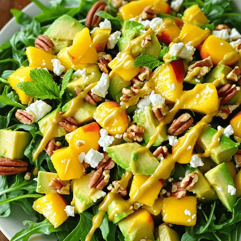 - 2 ripe peaches, diced - 2 ripe avocados, diced - 1 cup fresh arugula or a mix of your favorite greens - Fresh mint leaves, for garnish - 1/2 cup tangy feta cheese, crumbled - 1/4 cup pecans, coarsely chopped - 2 tablespoons creamy honey - 2 tablespoons freshly squeezed lemon juice - Salt and freshly cracked pepper, to taste To make this Peach and Avocado Salad, you need fresh, quality ingredients. Ripe peaches bring a sweet taste. Ripe avocados add creamy texture. Fresh arugula or mixed greens offer a nice crunch. Don't forget the fresh mint leaves for a pop of color and flavor. For additional flavor, add tangy feta cheese. It enhances the salad's taste. Pecans add a lovely crunch and nuttiness. Honey gives a hint of sweetness. Fresh lemon juice adds a zesty touch. Finally, season with salt and pepper to balance everything. This mix of flavors and textures creates a fresh and flavorful delight. For the complete recipe, you can check the [Full Recipe]. - First, dice the peaches and avocados. Aim for small, even pieces. This helps them blend well in the salad. - Next, layer the diced peaches and avocados in a large salad bowl. This forms a colorful base for the dish. - Now, gently fold in your choice of greens, like arugula or mixed greens. This adds a nice crunch and freshness. - Sprinkle the crumbled feta cheese and chopped pecans on top. They give a lovely salty flavor and texture contrast. - In a small bowl, whisk together the honey and fresh lemon juice. This dressing is simple but very tasty. - Drizzle the dressing over the salad. Toss gently to combine without smashing the avocado. - Finally, taste and season with salt and freshly cracked pepper. Adjust to make the flavors pop. You can find the complete instructions in the [Full Recipe]. To make the best peach and avocado salad, cut your fruits into similar sizes. This helps create a nice balance. When you toss the salad, do it gently. You want to mix it well but avoid mashing the ripe avocado. This keeps the salad light and fresh. Taste is key. Adjust the seasoning to fit your palate. You can also add a touch of honey for sweetness or fresh mint leaves for a burst of flavor. These small tweaks can take your salad to the next level. Serving matters. You can place the salad in individual bowls for a nice touch. Another idea is to arrange everything on a platter. A colorful display makes the salad look even more inviting. A drizzle of honey or a sprinkle of mint can add a lovely finish. For the full recipe, check out the detailed steps provided. {{image_4}} You can switch up the cheese and nuts in this salad for new flavors. Instead of feta, try goat cheese or blue cheese. Both add a rich taste that pairs well with peaches. For nuts, swap pecans for walnuts or almonds. Each nut gives its unique crunch and flavor. You can also change the greens. If you want a different taste, use spinach or kale. Both greens add a nice twist. Spinach brings a soft texture, while kale adds a bit of bite. Each option makes the salad fresh and fun to eat. The dressing plays a big role in this salad. If you want to try something different, use balsamic vinegar or olive oil instead of honey and lemon juice. Balsamic adds a sweet and tangy flavor, while olive oil brings a smooth, rich taste. You can also experiment with flavored vinegars. Try raspberry or apple cider vinegar for a new twist. These flavors will enhance the sweetness of the peaches. To make this salad a complete meal, add grilled chicken or shrimp. Both proteins add heartiness and pair well with the fruits. Grilled chicken offers a mild flavor, while shrimp brings a sweet touch. You can also mix in extra fruits like berries. Strawberries or blueberries add a burst of color and flavor. They make the salad even more vibrant and exciting. For the full recipe, check out the Peachy Avocado Delight 🥭🥗 section. To store leftovers, place the salad in an airtight container. This helps keep the salad fresh. Make sure to seal it well. Keep it in the refrigerator. It will stay good for about one day. The avocado may brown a bit, but it remains tasty. To help maintain freshness, you can add a squeeze of lemon. This slows down browning and keeps flavors bright. You cannot freeze this salad. Freezing will change the texture of the peaches and avocados. They may become mushy when thawed. Enjoy the salad fresh for the best taste and experience. You can enjoy leftovers cold straight from the fridge. The cool salad is refreshing on warm days. If you prefer it warm, gently reheat it. Use a pan over low heat. Heat just until warm, but avoid cooking it. This keeps the flavors intact and the ingredients from getting mushy. Enjoy every bite of your Peach and Avocado Salad! For the full recipe, check out the detailed instructions above. Yes, you can make this salad ahead of time. To keep it fresh, follow these steps: - Prep ingredients separately: Dice your peaches and avocados. Store them in separate containers. - Mix greens and toppings: Combine arugula, feta, and pecans in another bowl. - Make the dressing: Whisk together honey and lemon juice. Store in a small jar. When ready to serve, mix everything together for a fresh taste. This method helps prevent browning. This salad is both tasty and healthy. Here’s a quick look at its nutrition: - Calories: About 250 per serving - Protein: 5 grams - Fat: 18 grams - Carbohydrates: 22 grams - Fiber: 6 grams It offers a good mix of healthy fats from avocados and protein from feta. You can easily make this salad vegan. Here are some swaps: - Cheese: Replace feta with vegan cheese or omit it. - Honey: Use maple syrup or agave nectar instead of honey. These changes keep the salad creamy and sweet without dairy. This salad pairs well with many dishes. Here are a few ideas: - Grilled chicken or fish: Adds protein and complements the fruit. - Quinoa or rice: Serve as a side dish for a fuller meal. - Bruschetta: Offers a crunchy contrast to the salad's softness. These options create a balanced and satisfying meal. For the full recipe, check out Peachy Avocado Delight. This blog post detailed how to make a refreshing Peach and Avocado Salad. You learned about the best fresh ingredients, like ripe peaches and avocados, and useful tips for preparation and mixing. I shared ways to enhance flavor and present your salad beautifully, along with easy swaps and storage tips. In conclusion, this salad brightens any meal. Experiment with ingredients and enjoy fresh flavors. Make it your own!
