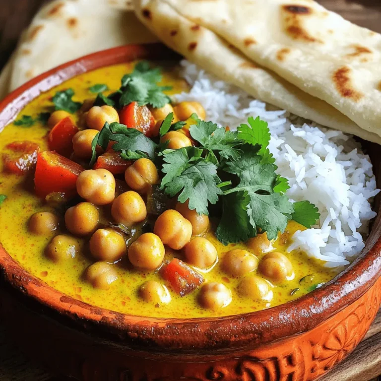 To make a tasty spicy chickpea curry, you need key ingredients. They form the base of the dish. Gather these items: - 2 cans of chickpeas, rinsed and drained - 1 large onion, finely chopped - 4 cloves garlic, minced - 1-inch piece fresh ginger, grated - 1 can (14 oz) full-fat coconut milk - 2 medium ripe tomatoes, diced - 2 tablespoons curry powder - 1 teaspoon ground cumin - 1 teaspoon turmeric powder - 1 teaspoon chili powder (adjust to taste) - 2 tablespoons vegetable oil - Salt to taste - Fresh cilantro, roughly chopped, for garnish - Cooked rice or warm naan for serving These ingredients come together to create a rich and creamy curry. The chickpeas add protein and fiber, while the spices deliver warmth and flavor. You can enhance your curry by adding optional ingredients. These add depth and freshness. Consider these additions: - 1 bell pepper, diced - 1 cup spinach or kale, chopped - 1 tablespoon lemon juice - A handful of peas These ingredients boost nutrition and flavor. They also make the dish more colorful and appealing. If you need to swap spices, you have options. Here are some alternatives: - Use garam masala instead of curry powder for a different flavor. - Try coriander powder in place of cumin for a milder taste. - If you like heat, add cayenne pepper instead of chili powder. These substitutions help you tailor the curry to your taste. Don’t be afraid to experiment with spices! You can create your own signature flavor. For the full recipe, you can refer to the section above. Making spicy chickpea curry is simple and fun. You start by cooking onion, garlic, and ginger. Then, you add spices and tomatoes. Finally, you mix in chickpeas and coconut milk. The whole process takes about 35 minutes. 1. In a large pot, heat 2 tablespoons of vegetable oil over medium heat until it shimmers. 2. Add the finely chopped onion and sauté for about 5-7 minutes. Wait until the onion is soft and clear. 3. Next, add 4 minced garlic cloves and 1-inch grated ginger. Cook for 2 minutes. You will smell the goodness! 4. Now, stir in 2 diced tomatoes, 2 tablespoons of curry powder, 1 teaspoon of cumin, 1 teaspoon of turmeric, and 1 teaspoon of chili powder. Cook for 3-4 minutes. This helps the tomatoes break down. 5. Add 2 cans of rinsed chickpeas and 1 can of coconut milk. Stir well to mix everything. 6. Bring the mix to a gentle simmer. Let it heat through, about 15-20 minutes. Stir often to avoid sticking. 7. Season with salt to taste. When the sauce thickens, it’s ready! 8. Remove from heat, and garnish with fresh cilantro. Serve hot with rice or naan. Cook the onions at medium heat. This helps them soften nicely. When simmering, keep it low to avoid burning. You want the curry to blend well, so patience is key. Enjoy the wonderful smells while it cooks! To make your spicy chickpea curry burst with flavor, focus on fresh ingredients. Use ripe tomatoes for sweetness and fresh ginger for heat. Sauté onions until they are soft and sweet, about 5-7 minutes. This step builds a strong base. Don’t rush the cooking time; let the spices bloom in the oil. This releases their full aroma and taste. One common mistake is adding salt too early. Salt can draw out moisture, which slows cooking. Wait until later to add salt for the best taste. Another mistake is not letting the curry simmer. Simmering helps the flavors meld together. If you skip this step, your dish may taste flat. Garnish is key to a great dish. Use freshly chopped cilantro to add color and freshness. You can also add a squeeze of lime for a zesty kick. Serve your curry in a large bowl to showcase the vibrant colors. Pair it with rice shaped into small mounds or neatly folded naan. This makes your meal look inviting and delicious. For the full recipe, check the details above. {{image_4}} You can easily make this dish vegan and gluten-free. The spicy chickpea curry is already vegan. You use coconut milk for creaminess instead of dairy. This makes it rich and tasty. For gluten-free options, just check your curry powder and spices. Most are gluten-free, but it's safe to verify. Feel free to switch up some ingredients for new tastes. Add spinach or kale for a green boost. If you like heat, toss in diced jalapeños or more chili powder. Want a smoky flavor? Use smoked paprika instead of regular paprika. You can also add sweet potatoes or carrots for sweetness. Different cultures have their own takes on chickpea curry. In India, you might find it with garam masala and coconut. The Middle East often adds lemon and tahini for zest. In North Africa, try adding saffron and raisins for a sweet touch. Explore these twists to find your favorite version! For the Full Recipe, check the top of the article. To keep your spicy chickpea curry fresh, let it cool first. Use an airtight container to store it. Make sure to refrigerate it within two hours. Properly stored, it lasts for 3 to 4 days. When you are ready to enjoy your leftovers, reheat them gently. Use a saucepan over medium heat. Stir often to heat evenly. You can also warm it in the microwave. Just cover the bowl to keep moisture in. Freezing is a great way to save your curry. Let it cool completely, then transfer it to freezer-safe containers. Label them with the date. This dish can stay in the freezer for up to 3 months. When you’re ready to eat, thaw it in the fridge overnight. Then reheat it as mentioned above. Enjoy this flavorful meal anytime! You can serve spicy chickpea curry with many tasty sides. Here are some great options: - Fluffy cooked rice - Warm naan bread - Quinoa for a healthy twist - A fresh green salad - Roasted vegetables for crunch These sides soak up the curry's rich flavors. They also add texture and balance to your meal. You will love how they complement the dish! Yes, you can use dried chickpeas! They are tasty and nutritious. Here’s how to use them: 1. Soak the dried chickpeas overnight in water. 2. Drain and rinse them. 3. Cook them in boiling water for about 1 to 1.5 hours until soft. Using dried chickpeas adds a deeper flavor and texture to your curry. Just remember to adjust cooking time in your recipe! If you want to tone down the heat, try these tips: - Reduce the chili powder in the recipe. - Add extra coconut milk for creaminess. - Mix in a little sugar or honey to balance the spice. - Serve with yogurt, which cools down the flavors. These steps help you enjoy the dish without too much heat! The full recipe for spicy chickpea curry includes: - 2 cans of chickpeas, rinsed and drained - 1 large onion, finely chopped - 4 cloves garlic, minced - 1-inch piece fresh ginger, grated - 1 can (14 oz) full-fat coconut milk - 2 medium ripe tomatoes, diced - 2 tablespoons curry powder - 1 teaspoon ground cumin - 1 teaspoon turmeric powder - 1 teaspoon chili powder (adjust to taste) - 2 tablespoons vegetable oil - Salt to taste - Fresh cilantro, roughly chopped, for garnish - Cooked rice or warm naan for serving Follow the detailed steps to create a delicious and easy dish! This blog post covered how to make spicy chickpea curry from start to finish. We talked about key ingredients, options for more flavor, and spice swaps. I outlined each cooking step clearly, including tips on timing and temperature. We also shared tricks for great taste and ways to avoid common mistakes. Lastly, we discussed storage and answered common questions. Enjoy creating your own delicious curry! With these insights, you can make it perfect every time.