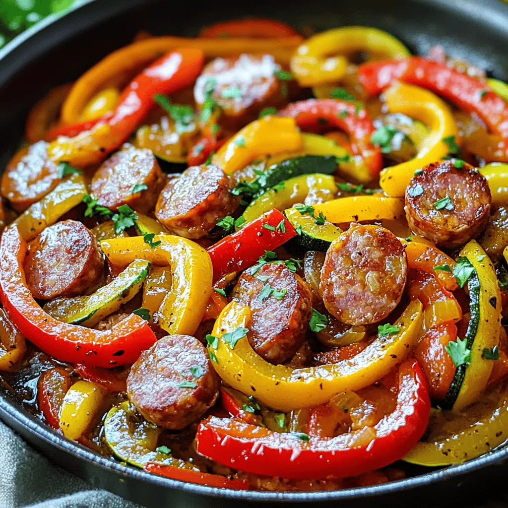 - 1 pound Italian chicken or turkey sausage, sliced into rounds - 1 red bell pepper, thinly sliced - 1 yellow bell pepper, thinly sliced - 1 medium zucchini, diced into bite-sized pieces - 1 small red onion, diced - 2 cloves garlic, finely minced - 1 teaspoon dried oregano - 1 teaspoon smoked paprika - Salt and black pepper, to taste - Fresh parsley, chopped (for garnish) - 2 tablespoons extra virgin olive oil This dish needs fresh, vibrant ingredients. I love using Italian sausage for its rich flavor. You can choose chicken or turkey to keep it lean. The bell peppers add color and sweetness that balance the sausage. Try to get a mix of red and yellow for a bright look. Zucchini is a great choice. It cooks quickly and soaks up flavors well. For seasonings, garlic is a must. It brings out the best in the sausage. Dried oregano adds an earthy taste. Smoked paprika gives a hint of smokiness. Don't forget salt and black pepper; they enhance all the flavors. Lastly, sprinkle fresh parsley on top for a fresh finish. I recommend using extra virgin olive oil. It adds depth and richness to the dish. When you gather these ingredients, you set the stage for a fantastic meal. For the complete recipe, check out the Full Recipe. - Heat 2 tablespoons of olive oil in the skillet over medium-high heat. - Wait until the oil is shimmering. This means it is ready for the sausage. - Add 1 pound of sliced sausage. Cook for 5-7 minutes until browned. - Once it is browned, remove the sausage from the skillet. Set it aside on a plate. - Reduce the heat and add 1 small diced red onion and 2 cloves of minced garlic. - Sauté for about 2-3 minutes until the onion is soft and clear. - Next, add 1 thinly sliced red bell pepper, 1 thinly sliced yellow bell pepper, and 1 diced zucchini. - Cook these for 5-7 minutes until they are tender and colorful. - Return the cooked sausage to the skillet and mix everything well. - Season with 1 teaspoon of dried oregano, 1 teaspoon of smoked paprika, salt, and pepper. - Cook for an additional 3-4 minutes to let the flavors mix together. Try this simple and tasty recipe for a delightful meal. For full details, check the Full Recipe. Use high-quality sausage for best flavor. I recommend Italian chicken or turkey sausage. This sausage gives a rich taste and pairs well with veggies. Adjust cooking time based on how soft you want your vegetables. If you like crisp veggies, cook them less. For softer veggies, add a few extra minutes to the cook time. Serve the dish straight from the skillet for a cozy feel. You can also plate it for a nicer look. Drizzle with olive oil to add shine and flavor. A sprinkle of chopped parsley on top adds nice color. It makes the dish look fresh and inviting. Use a cast-iron skillet for even heat and great browning. A non-stick skillet is also good for easy cleanup. You’ll need a spatula to stir the sausage and veggies. A sharp knife helps with chopping veggies quickly. These tools will make your cooking process smoother. For more cooking tips and the full recipe, check out the full recipe. {{image_4}} You can swap the sausage for other proteins. Kielbasa adds a smoky flavor. If you want a vegan option, try plant-based sausage. It cooks well and has a nice texture. You can also use chicken or turkey sausage for a leaner choice. Each option brings unique taste and texture. Feel free to mix in seasonal veggies for variety. Spinach wilts down quickly and adds color. Mushrooms bring a nice earthiness and absorb flavors well. Broccoli florets add crunch and are packed with nutrients. Adding seasonal vegetables keeps the dish fresh and exciting. If you like heat, spice things up! Red pepper flakes are easy to add. Just sprinkle a pinch while cooking. You can also drizzle hot sauce over the top before serving. This kick makes the meal lively and flavorful. Adjust the spice level based on your preference for heat. After you finish your meal, store the leftovers in the refrigerator. Use airtight containers. This keeps your sausage and veggie skillet fresh. Make sure to let the dish cool before sealing it. This step helps avoid condensation that can make your food soggy. If you want to save your skillet for later, freezing is a great option. First, let the dish cool completely. Then, transfer it to freezer-safe containers. You can also use freezer bags. Remove as much air as possible to prevent freezer burn. When you're ready to eat, defrost the skillet in the fridge overnight. For reheating, you can use the microwave or stovetop. Heat until the sausage is hot and the veggies are tender. In the fridge, your sausage and veggie skillet stays fresh for about three to four days. If you freeze it, it can last for about three months. Just remember, the sooner you eat it, the better the taste! To make the best Sausage and Veggie Skillet, focus on a few key tips: - Use high-quality sausage: This adds deep flavor. - Sauté your veggies correctly: Cook them until they are bright and tender. - Don’t rush the process: Let the sausage brown nicely before adding veggies. - Season well: Use salt, pepper, and spices to enhance taste. - Mix flavors: Stir often to blend the delicious flavors. These tips will help you create a tasty and satisfying meal. Yes, you can use different types of sausage. Each sausage brings unique flavors and textures. - Italian sausage: Adds a rich, spicy taste. - Chicken sausage: Lighter and healthier option. - Turkey sausage: Lower in fat with a mild flavor. - Vegan sausage: A great plant-based choice. Experiment with your favorites to find what you love best! Many veggies work well in this skillet dish. Here are some great options: - Bell peppers: Sweet and colorful, add flavor. - Zucchini: Softens nicely and absorbs flavors. - Onions: Add sweetness and depth. - Spinach: Adds a fresh green touch. - Mushrooms: Bring a hearty, earthy note. Feel free to swap or add any veggies you like! You can easily customize this recipe. Here are some ideas: - Change the protein: Try different sausages or even chicken. - Add spices: Experiment with chili powder or cumin for a twist. - Mix in grains: Serve over rice or quinoa for a filling meal. - Add cheese: Sprinkle some shredded cheese on top for creaminess. Personalize it to match your taste and enjoy! The prep and cooking time for this dish is quick: - Prep time: 10 minutes to slice and chop. - Cooking time: About 25 minutes for the whole dish. In total, you’ll need around 35 minutes to make this delightful meal. Perfect for busy days! For the full recipe, check out the detailed steps above. This blog post shared a tasty sausage and veggie skillet recipe. We covered ingredients, cooking tips, and ways to customize your dish. Remember to choose quality sausage and adjust cooking times to your liking. Whether you stick to the basics or add your twist, enjoy this easy dish. It's perfect for any meal. With this guide, you are set up for success in the kitchen. Happy cooking!