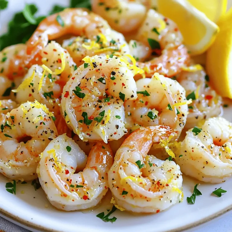 To make this dish, you need just a few key ingredients. Each one plays a big role in building flavor. Here’s what you will need: - 1 pound large shrimp, peeled and deveined - 4 cloves garlic, finely minced - 1 lemon, zested and juiced - 2 tablespoons extra virgin olive oil - 1 teaspoon smoked paprika for a deeper flavor - ½ teaspoon red pepper flakes (optional for spice) - Sea salt and freshly ground black pepper, to taste These ingredients create a bright and zesty flavor that will make your taste buds sing. The shrimp is the star, and the garlic adds a nice kick. The lemon zest and juice bring a fresh, tangy taste. If you want to take your dish up a notch, consider adding some optional ingredients. These can deepen the flavor or add a bit of heat: - ½ teaspoon of onion powder for a savory touch - A splash of white wine for richness - Fresh herbs like basil or cilantro for extra freshness These options can help you customize the dish to your liking. Feel free to mix and match based on what you have at home. Garnishing not only adds visual appeal but also enhances taste. Here are some great ideas for garnishing your shrimp: - 2 tablespoons fresh parsley, chopped - Lemon wedges, for serving Chopped parsley gives your dish a lovely green color. It also adds a fresh flavor that pairs well with the shrimp. Lemon wedges let your guests add extra tang if they desire. For the full recipe, check out the Full Recipe section. Start with fresh shrimp. Use one pound of large shrimp. Make sure they are peeled and deveined. In a medium bowl, place the shrimp. Add four minced garlic cloves. Zest one lemon and add that too. Squeeze the lemon juice into the bowl. Pour in two tablespoons of extra virgin olive oil. Sprinkle in one teaspoon of smoked paprika. If you want some heat, add half a teaspoon of red pepper flakes. Season well with sea salt and black pepper. Mix it all up so each shrimp is coated. Cover the bowl and let it sit in the fridge for 15 to 30 minutes. This step helps the shrimp soak up those zesty flavors. Heat a large skillet over medium-high heat. Once hot, carefully add the marinated shrimp in a single layer. Do not overcrowd the pan; cook in batches if needed. Cook the shrimp for about 2 to 3 minutes on each side. Look for that vibrant pink color. The shrimp should be opaque when done. Remove the skillet from heat. Immediately sprinkle fresh chopped parsley on top. This adds a nice touch of color. For a stunning presentation, serve the shrimp on a large platter. You can also use individual plates for a more personal touch. Lay the shrimp on a bed of mixed greens. This adds freshness and color to your plate. Serve with extra lemon wedges on the side. They give a nice tangy kick for those who love it. For a complete meal, pair with fluffy quinoa salad. This adds texture and keeps the dish balanced. Don't forget to enjoy your beautiful creation! For the full recipe, check out the earlier sections. To get the best flavor, use fresh ingredients. Fresh shrimp, garlic, and lemons make a big difference. The zesty lemon juice and zest add brightness. Smoked paprika brings depth and warmth. Simply mix these ingredients well. Let the shrimp marinate for at least 15 minutes. This time allows the flavors to meld and intensify. Cook shrimp in a hot skillet for the best results. A high heat gives them a nice sear. Don’t overcrowd the skillet; this leads to steaming instead of sautéing. Cook shrimp for 2-3 minutes on each side. They should turn pink and opaque. Remove them from heat as soon as they are done. Overcooked shrimp become tough and chewy. One common mistake is not marinating long enough. Short marinating times mean less flavor. Another mistake is cooking shrimp in batches that are too large. This causes them to cook unevenly. Lastly, avoid using shrimp that smell off or have a slimy texture. Fresh shrimp should smell like the ocean and feel firm. Following these tips helps create a flavorful dish. Enjoy your Zesty Lemon Garlic Shrimp! For detailed steps, check out the Full Recipe. {{image_4}} For those who love heat, add more red pepper flakes. Start with one teaspoon. This will give your dish a spicy kick. You can also add sliced jalapeños for extra flavor. If you want a deeper flavor, try using chili oil instead of olive oil. This adds a smoky touch to the shrimp. Serve it with a side of rice to balance the heat. If you prefer a creamy version, you can add heavy cream or coconut milk. After cooking the shrimp, stir in one cup of cream. This will create a rich sauce. You can also add a bit of Parmesan cheese for a cheesy twist. Serve it over pasta or rice for a filling meal. The creaminess pairs well with the zesty lemon flavor. Not a fan of shrimp? No problem! You can swap shrimp for firm tofu. Cut the tofu into cubes and marinate it just like the shrimp. Cook it until golden brown for a tasty dish. You can also use veggies like bell peppers, zucchini, or asparagus. Just sauté them in the same marinade. These options keep the zesty flavor alive. Enjoy your meal with a fresh salad or grain side. For all the details, check out the Full Recipe. To keep leftover Zesty Lemon Garlic Shrimp fresh, place it in an airtight container. Let the shrimp cool to room temperature first. If you store it while hot, moisture builds up. This can make the shrimp soggy. Store the container in the fridge. It should last for up to three days. You can freeze Zesty Lemon Garlic Shrimp if you want to save some for later. Place the cooled shrimp in a freezer-safe bag. Squeeze out as much air as possible before sealing. This helps prevent freezer burn. When you want to enjoy it again, thaw it overnight in the fridge. Reheat the shrimp gently in a skillet over low heat. This keeps it juicy and tender. To keep shrimp fresh, always buy it from a trusted source. Look for shrimp with a mild scent and a firm texture. Store it in the coldest part of your fridge if you plan to use it soon. Use it within one to two days for the best taste. If you buy it frozen, check the packaging for the best-by date. Always thaw shrimp in the fridge, not at room temperature. Proper storage helps you enjoy that zesty flavor for longer! For Zesty Lemon Garlic Shrimp, large shrimp work best. They have a nice texture and cook evenly. Look for shrimp that are peeled and deveined. Fresh shrimp is ideal, but frozen works too. Just thaw them in cold water before use. Yes, you can prep this dish ahead. Marinate the shrimp and store them in the fridge for up to 30 minutes. If you want to make it earlier, marinate the shrimp and freeze them. Just remember to thaw before cooking. The flavor will still be great! This recipe is already gluten-free! The ingredients do not contain gluten. Just be sure to use gluten-free brands of any added sauces or spices. Enjoy this dish without worry if you have gluten sensitivities. For more details, check out the Full Recipe. This blog post took you through the key ingredients for Zesty Lemon Garlic Shrimp. We talked about cooking steps, tips for juicy shrimp, and ways to make it unique. Remember, you can add spicy or creamy twists to fit your taste. With the right storage, leftovers can still be tasty. Explore this dish with the confidence that you can impress anyone at your table. Keep cooking and enjoy your delicious creations!