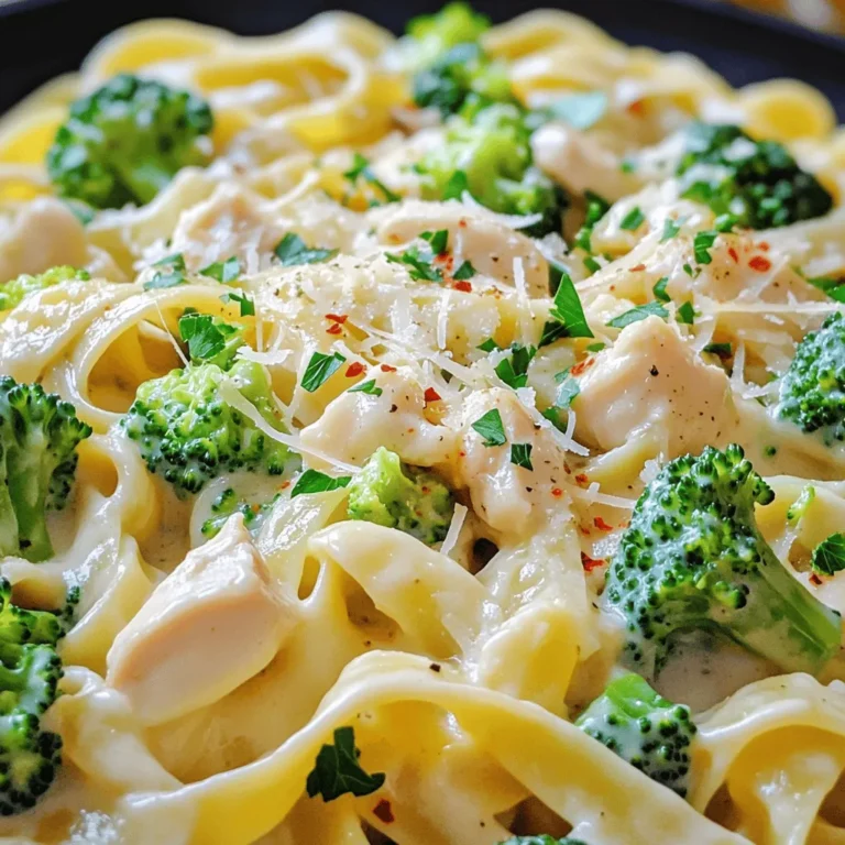 - 8 oz fettuccine or penne pasta - 1 lb boneless, skinless chicken breasts, diced - 2 cups fresh broccoli florets - 1 cup heavy cream - 2 tablespoons extra virgin olive oil - 3 garlic cloves, finely minced - 1 cup freshly grated Parmesan cheese - Sea salt and freshly cracked black pepper to taste - Optional: 1/4 teaspoon red pepper flakes - Fresh parsley for garnish When I cook chicken and broccoli pasta, I focus on fresh ingredients. The pasta base is the heart of the dish. You can use fettuccine or penne, whichever you prefer. I often choose penne for its fun shape that holds the sauce well. For the protein, I rely on boneless, skinless chicken breasts. I dice them into bite-sized pieces. This helps them cook evenly and makes each bite perfect. Fresh broccoli florets add color and nutrition. They also bring a nice crunch to the meal. The heavy cream gives the sauce its rich texture. It makes the dish feel indulgent yet comforting. I always have some on hand for recipes like this. Next, I turn to seasonings. Extra virgin olive oil brings a fruity flavor. I use minced garlic for a punch of taste. Freshly grated Parmesan cheese adds depth and creaminess. I sprinkle in sea salt and black pepper to enhance all the flavors. If you like heat, add red pepper flakes for a spicy kick. Finally, fresh parsley gives a lovely pop of green when I serve the dish. That’s the lineup for my savory chicken and broccoli pasta. For the full recipe, check out the complete guide. - Boil salted water in a large pot. - Add 8 oz of fettuccine or penne pasta. - Cook according to the package instructions until al dente. - During the last 3-4 minutes, add 2 cups of fresh broccoli florets. - Drain the pasta and broccoli and set aside. - Heat 2 tablespoons of extra virgin olive oil in a skillet. - Add 1 lb of diced boneless, skinless chicken breasts. - Season with sea salt and freshly cracked black pepper. - Cook for 5-7 minutes until the chicken turns golden. - Lower the heat to medium. - Sauté 3 minced garlic cloves until fragrant. - Pour in 1 cup of heavy cream and stir gently. - Let it simmer for 2-3 minutes to thicken. - Gradually mix in 1 cup of grated Parmesan cheese until melted. - Toss the drained pasta and broccoli into the skillet. - Use tongs to mix until well-coated with the sauce. - Warm everything through for an additional minute. For the full recipe, check out the complete instructions. Enjoy your cooking! To make your sauce smooth, start with heavy cream. Heat it gently, stirring often. If it looks too thick, add a splash of pasta water. This helps loosen things up. For a creamy texture, stir in cheese slowly. Avoid clumps by grating cheese fresh. Pre-packaged cheese has anti-caking agents that can cause clumps. Spices can change everything. Try adding a pinch of nutmeg. It adds warmth and depth. Fresh herbs also brighten the dish. Basil or thyme work well. When choosing Parmesan, go for the real deal. Freshly grated cheese has more flavor than pre-shredded. Look for a block of cheese and grate it yourself for the best taste. Cooking chicken well is key. Cut it into small pieces for even cooking. Sear it until golden brown. This adds flavor and texture. For pasta, use a large pot of water and plenty of salt. This keeps the pasta from sticking. Cook it al dente, so it has a slight bite. Remember, the pasta will cook a bit more when mixed with the sauce. For more details, check the Full Recipe above. {{image_4}} You can swap chicken for shrimp or tofu in this dish. Shrimp cooks quickly and adds a nice touch. If you choose tofu, use firm tofu for the best texture. Just like chicken, you should season them well. Combining shrimp and chicken gives you a hearty meal. Mix flavors and textures for a fun twist. Adding vegetables like bell peppers, peas, or spinach boosts nutrition. Bell peppers bring a sweet crunch. Peas add a pop of color and sweetness. Spinach adds a lovely green touch. You can also try seasonal veggies like asparagus in spring or squash in fall. Each choice adds excitement and flavor. To lighten the dish, use low-fat cream instead of heavy cream. This keeps the creamy texture while reducing calories. For a dairy-free option, try using coconut milk or almond milk. These alternatives still give a rich flavor without the dairy. Both options let you enjoy the dish in different ways. For the full recipe, check out the detailed instructions to create this creamy delight. To keep your Chicken and Broccoli Pasta fresh, store leftovers in an airtight container. This method prevents moisture loss and keeps flavors intact. You should place the pasta in the fridge within two hours of cooking. Properly stored, the dish will stay good for about three to four days. When you're ready to eat, just reheat it in a pan or microwave until hot. If you want to save some for later, freezing is a great option. First, let the pasta cool to room temperature. Then, portion it into freezer-safe containers. Make sure to leave some space at the top, as the pasta will expand when frozen. You can freeze it for up to three months. To reheat, transfer the pasta from the freezer to the fridge the night before. This allows it to thaw slowly. When you're ready to enjoy, heat it in a saucepan over low heat. Adding a splash of cream or milk helps maintain the creamy texture. Stir gently until it’s warmed through. You can use various ingredients instead of heavy cream. Here are a few options: - Milk and Flour: Mix 1 cup of milk with 2 tablespoons of flour. This gives a creamy texture. - Greek Yogurt: Use 1 cup of Greek yogurt for a tangy flavor and creamy feel. - Coconut Milk: For a dairy-free option, coconut milk is great. It adds a unique taste. - Nut Milk: Almond or cashew milk can work too. Just add some flour to thicken it. These alternatives help you keep the dish creamy without heavy cream. Yes, you can make Chicken and Broccoli Pasta ahead of time. Here are some tips: - Cook the Pasta and Chicken: You can cook the pasta and chicken a day before. Store them separately. - Prepare the Sauce: Make the creamy sauce and store it in the fridge. Keep it in an airtight container. - Combine Before Serving: When you're ready to eat, reheat the chicken and pasta. Add the sauce and broccoli at the last moment to keep it fresh. This way, you save time while enjoying a delicious meal. Reheating leftovers can be easy. Here are the best methods: - Stovetop: Heat a skillet over medium heat. Add a splash of water or broth with the pasta. Stir until warm. - Microwave: Place the pasta in a microwave-safe dish. Cover it with a damp paper towel to keep moisture. Heat in short bursts until warm. - Oven: Preheat the oven to 350°F (175°C). Place the pasta in an oven-safe dish, cover with foil, and heat for about 15 minutes. These methods keep the dish tasty and prevent it from drying out. Enjoy your creamy chicken and broccoli pasta! For the full recipe, check out the details above. This blog post showed you how to make a delicious Chicken and Broccoli Pasta dish. You learned about the main ingredients, step-by-step cooking instructions, and helpful tips for perfecting the meal. You also discovered fun variations and how to store leftovers well. Keep experimenting with flavors and ingredients. Cooking allows creativity. I hope you enjoy making this dish as much as I do!