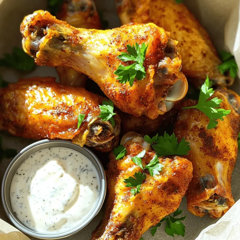 To make crispy air fryer chicken wings, you need the right ingredients. Here’s what you’ll need: - 2 pounds of chicken wings - 1 tablespoon baking powder - 1 teaspoon garlic powder - 1 teaspoon onion powder - 1 teaspoon smoked paprika - 1 teaspoon salt - ½ teaspoon black pepper - ½ teaspoon cayenne pepper (optional, for heat) - 2 tablespoons olive oil These ingredients help create a crunchy skin and juicy meat. The spice mix is key to adding flavor. The baking powder helps crisp the skin. Garlic and onion powders give a savory kick. Smoked paprika adds a touch of smokiness. The salt enhances all the flavors. Black pepper brings a mild heat, while cayenne adds more spice if you like it hot. You can add a few optional touches to enhance your dish. Fresh parsley, finely chopped, looks great as a garnish. It adds color and freshness to the wings. As for dipping sauces, ranch or blue cheese dressing pairs perfectly with these wings. You can also try hot sauce for an extra kick! For the full recipe, check out the main article. Start by preheating your air fryer to 400°F (200°C). This step is key for crispy wings. Make sure the fryer is empty and clean. Let it heat up while you prepare the chicken. Rinse 2 pounds of chicken wings under cold water. Pat them dry with paper towels. Dry wings help get that nice crunch. In a bowl, mix these spices: - 1 tablespoon baking powder - 1 teaspoon garlic powder - 1 teaspoon onion powder - 1 teaspoon smoked paprika - 1 teaspoon salt - ½ teaspoon black pepper - ½ teaspoon cayenne pepper (optional for heat) After mixing, add the wings to the bowl. Drizzle with 2 tablespoons of olive oil. Toss well so every wing gets coated. You want flavor in every bite! Carefully place the wings in the air fryer basket in a single layer. Avoid crowding them. This allows air to circulate and crisp them up. Cook for 25-30 minutes. Flip the wings halfway through for even cooking. Look for a golden-brown color and crispy texture. After cooking, let the wings rest for a few minutes. This keeps them juicy. Finally, garnish with fresh parsley and serve with ranch or blue cheese dressing. Enjoy your crispy air fryer chicken wings! You can find the full recipe above. To make your wings extra crispy, start with dry wings. Pat them well with paper towels. The baking powder helps create crunch. It pulls moisture away and makes the skin crisp. Air fry at 400°F (200°C) for the best results. Flip them halfway through to ensure even cooking. If you want more crunch, give them a quick broil after cooking. One mistake is overcrowding the air fryer basket. This stops air from flowing around the wings. Cook in batches if needed. Another error is not drying the wings enough. Wet wings lead to soggy skin. Lastly, avoid using too much oil. A little goes a long way. The oil helps the spices stick and adds flavor without making them greasy. Use a good air fryer that heats evenly. A basket-style air fryer works well. You’ll need mixing bowls for seasoning the wings. A set of measuring spoons is also handy for accuracy. Finally, have a good pair of tongs for flipping the wings safely. A meat thermometer can help check if they are cooked through. For the full recipe, be sure to check the linked instructions. {{image_4}} You can easily change the flavor of your wings. To make Buffalo wings, toss them in hot sauce before serving. For BBQ wings, add your favorite BBQ sauce after cooking. You can even mix flavors! Try garlic parmesan by adding garlic powder and parmesan cheese. Each variation brings a new taste to your plate. Wing sizes can change the cooking time. For small wings, cook for 20-25 minutes. Medium wings need about 25-30 minutes. Large wings may take 30-35 minutes. Always check for doneness. The internal temperature should reach 165°F (74°C). This ensures safe and tasty wings. If you don't have an air fryer, you can bake or fry wings. To bake, set your oven to 425°F (220°C) and cook wings for 40-45 minutes. Flip them halfway. For frying, heat oil to 350°F (175°C) and fry wings for 8-10 minutes. Each method offers its own delicious crunch. For the complete recipe, check out the [Full Recipe]. After enjoying your crispy air fryer chicken wings, you may have some left. To keep them fresh, place the wings in an airtight container. This helps keep moisture out. Store them in the fridge for up to three days. If you want to keep them longer, consider freezing them. To reheat your wings, the air fryer is best. Preheat it to 375°F (190°C). Place the wings in the basket in a single layer. Heat them for 5 to 10 minutes. This method helps keep the wings crispy. You can also use an oven, but the air fryer works wonders for crispiness. If you freeze your wings, they can last for up to three months. Place the cooled wings in a freezer-safe bag. Remove as much air as possible before sealing. When you want to eat them, thaw the wings overnight in the fridge. Then, reheat them in the air fryer for a crispy finish. This is a great way to enjoy your crispy air fryer chicken wings later. For the full recipe, check out the complete guide! To get crispy wings, start with dry wings. Use paper towels to remove excess moisture. Baking powder is your secret weapon! It helps make the skin crisp. Coat the wings evenly with the spice mix. Arrange them in a single layer in the air fryer. Don’t overcrowd them; air needs to flow. Flip the wings halfway through cooking for even crispiness. Keep an eye on them for a nice golden color. Yes, you can use frozen chicken wings! Just remember to thaw them first. You can leave them in the fridge overnight or run them under cold water. After thawing, pat them dry. Then, follow the same steps in the Full Recipe. Cooking time may be a bit longer, so check for doneness. When serving crispy wings, ranch and blue cheese dressings are classic choices. They add creaminess and balance the spice. You can also try honey mustard for sweetness or hot sauce for extra heat. Experiment with different sauces to find your favorite match! In this post, we explored how to make crispy air fryer chicken wings. We covered essential ingredients, step-by-step instructions, and helpful tips. You can experiment with flavors like buffalo and BBQ, too. Remember to store leftovers properly and reheat safely for the best taste. Enjoy your tasty wings and share them with friends or family. Now, you have all the tools to make crispy wings at home whenever you want. Happy cooking!