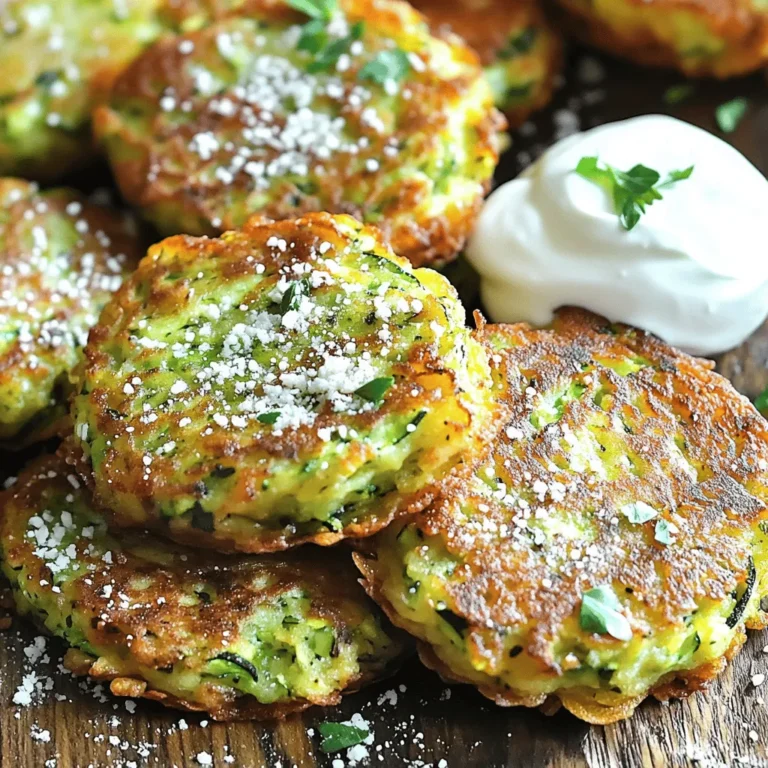 - 2 medium zucchinis, finely grated - 1 teaspoon sea salt - 1 cup all-purpose flour - 1/2 cup freshly grated Parmesan cheese - 2 large eggs, beaten - 1 clove garlic, minced - 1/4 cup finely chopped fresh herbs (such as parsley, dill, or chives) - 1/2 teaspoon freshly ground black pepper - 1/4 teaspoon cayenne pepper (optional, for a spicy kick) - 1/4 cup olive oil (for frying) - Sour cream or Greek yogurt (for serving) Zucchini is the star of these fritters. It gives them a light and fresh taste. The sea salt helps draw out moisture. This step is vital for crispy fritters. Flour and cheese help bind the fritters. They add a nice texture and flavor. Eggs act as a binder, holding all the ingredients together. Garlic and herbs boost the flavor. Finally, black pepper and cayenne pepper can add a kick. - Gluten-free flour substitutes - Vegan egg alternatives - Additional flavor enhancers If you want to make your fritters gluten-free, use a gluten-free flour. You can also try almond flour or chickpea flour. For a vegan option, replace eggs with flax eggs or applesauce. Additional flavor enhancers can include spices like cumin or smoked paprika. You can also mix in cheese alternatives or add veggies like corn or bell peppers. For the full recipe, check out the Crispy Herb-Infused Zucchini Fritters. First, grate the zucchinis using a box grater. This helps create thin strands that cook well. After grating, place the zucchini in a clean kitchen towel. Sprinkle the grated zucchini with one teaspoon of sea salt. Let it rest for about 10 minutes. This step helps draw out excess moisture. When ready, gather the towel's corners and twist it. Squeeze as much liquid from the zucchini as you can. This ensures your fritters are crispy and not soggy. Now, we will mix the ingredients. In a large bowl, combine the drained zucchini, one cup of all-purpose flour, and half a cup of freshly grated Parmesan cheese. Add two beaten eggs, one minced garlic clove, and a quarter cup of finely chopped fresh herbs. You can use herbs like parsley, dill, or chives. Don’t forget to add half a teaspoon of black pepper and a pinch of cayenne pepper if you like heat. Stir everything well until the mixture is smooth and even. The right consistency is key for great fritters. Next, prepare to cook the fritters. Heat a quarter cup of olive oil in a non-stick skillet over medium heat. Wait until the oil shimmers. Use a tablespoon to scoop about 2-3 tablespoons of the zucchini mix for each fritter. Place them gently in the pan and flatten them slightly. Cook for 3-4 minutes on each side. Look for a nice golden brown color and a crispy texture. When done, place the fritters on a plate lined with paper towels to absorb extra oil. Repeat with the remaining mixture, adding more oil as needed. Enjoy them warm with sour cream or Greek yogurt on the side. For the full recipe, see above. To make your fritters crispy, start by drying the zucchini. Grate the zucchini and sprinkle it with sea salt. Let it sit for about 10 minutes. This draws out extra moisture. Next, use a clean kitchen towel to squeeze out as much liquid as you can. The drier the zucchini, the crunchier your fritters will be. The frying temperature is also key. Heat your oil until it shimmers. This means it’s hot enough for frying. If the oil isn’t hot, the fritters will soak up oil and turn greasy. Fry them in batches. Don’t overcrowd the pan. This ensures even cooking and crispy edges. Pair your fritters with tasty dips. Sour cream or Greek yogurt works great. You can mix herbs or spices into the yogurt for extra flavor. A sprinkle of fresh herbs on top makes the fritters look pretty too. For a special touch, serve the fritters on a nice plate. Arrange them in a stack or a fan shape. This makes your dish inviting and fun. The crispy texture and flavorful dips will impress anyone you serve them to. Enjoy these fritters as a snack or a side dish. For the full recipe, check the section above. {{image_4}} To make gluten-free zucchini fritters, choose flours like almond or chickpea. These flours work well and bring unique flavors. You may also try gluten-free all-purpose flour. When using gluten-free flour, adjust the moisture content. Gluten-free flours absorb more liquid. So, you might need less zucchini or add a bit more flour to keep the mixture firm. For vegan zucchini fritters, replace eggs with flaxseed meal or chia seeds. Mix one tablespoon of flaxseed meal with three tablespoons of water for each egg. Let it sit for five minutes to thicken. You can also use unsweetened applesauce as a binder. For added flavor, consider using nutritional yeast. It gives a cheesy taste without dairy. You can also mix in diced veggies like bell peppers or corn for a fun twist. Spices and herbs can elevate your fritters greatly. Try adding garlic powder, onion powder, or smoked paprika for a kick. Fresh herbs like basil or cilantro can give a fresh touch. For a creative mix, consider adding grated carrots or corn. These not only add color but also different textures. Experimenting with these flavors can turn a simple fritter into a standout dish. For the full recipe, check the detailed instructions above. To keep your fritters fresh, store them in the fridge. Place them in an airtight container. They will stay good for about 3 days. If you want them to last longer, consider freezing them. Place the cooled fritters on a baking sheet. Make sure they do not touch each other. Freeze them for about an hour. Once frozen, transfer them to a freezer-safe bag. This method helps prevent freezer burn. When you want to enjoy your fritters again, reheating is key. The best way to warm them up is in a skillet. Heat a small amount of oil over medium heat. Place the fritters in the pan and cook for about 2-3 minutes on each side. This keeps them crispy. You can also use an oven. Preheat it to 350°F (175°C). Place the fritters on a baking sheet and heat for about 10 minutes. This method helps maintain their texture. You can try a few options. For a vegan twist, use nutritional yeast. It gives a cheesy flavor without dairy. Another option is to use hard cheeses like Pecorino Romano or Grana Padano. These cheeses melt well and add great flavor. Just remember, each cheese will change the taste a little. Yes, you can bake them! Preheat your oven to 425°F (220°C). Line a baking sheet with parchment paper. Shape your fritters and place them on the sheet. Brush them lightly with olive oil. Bake for about 20 to 25 minutes, flipping halfway. Baked fritters may be less crispy than fried ones, so keep that in mind. To add heat, mix in spices like cayenne pepper or red pepper flakes. You can also add fresh herbs like cilantro or add a dash of hot sauce. Just balance the heat with other flavors like garlic or yogurt. This will help keep the dish tasty, not overwhelming. Zucchini fritters are fun and easy to make. We covered key ingredients, like zucchini, flour, and cheese. You learned how to prepare, mix, and fry for crispy results. We explored gluten-free and vegan options, plus flavor tips. Proper storage and reheating methods keep your fritters tasty. With these insights, you can try new flavors and variations. Enjoy experimenting with this delicious dish in your kitchen!
