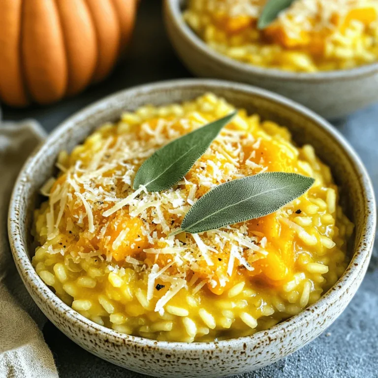 - 1 cup Arborio rice - 2 cups pumpkin puree (homemade or canned) - 4 cups vegetable broth - 1 medium onion, finely chopped - 2 cloves garlic, minced - 1/2 teaspoon ground nutmeg - 1/2 teaspoon ground cinnamon - 1 cup freshly grated Parmesan cheese - 2 tablespoons olive oil - Salt and freshly ground black pepper to taste - Fresh sage leaves for garnish The main base of our risotto is Arborio rice. This rice has a high starch content. It makes the risotto creamy. Pumpkin puree adds a rich flavor and a beautiful color. The vegetable broth acts as the cooking liquid, adding depth to every bite. Onion and garlic provide great aromatics. Nutmeg and cinnamon give warmth to the dish. Parmesan cheese adds a nutty flavor and creaminess. Olive oil helps with cooking the aromatics and adds richness. - White wine - Crumbled feta cheese - Chopped nuts (like walnuts or pecans) - Extra herbs (like thyme or rosemary) You can add white wine for a touch of acidity. It enhances the flavor profile. Crumbled feta cheese gives a salty contrast to the sweet pumpkin. Chopped nuts add texture and a nice crunch. Extra herbs can elevate the taste and freshness of the risotto. One serving of savory pumpkin risotto has about: - Calories: 350 - Protein: 12g - Carbohydrates: 50g - Fat: 12g - Fiber: 4g This dish is rich in carbs, making it a perfect comfort food. The protein content helps keep you full. Pumpkin offers a good source of fiber and vitamins. This meal is balanced, satisfying, and great for sharing. For the full recipe, check out the section above! Start by warming the vegetable broth. Use a medium saucepan over medium heat. Keep the broth warm during cooking. This helps the rice cook evenly and stay creamy. In a large skillet, heat 2 tablespoons of olive oil. Add 1 medium onion, finely chopped, and 2 cloves of minced garlic. Sauté for about 5 minutes. Stir often to prevent burning. The onion should become soft and clear. Next, add 1 cup of Arborio rice to the skillet. Stir to coat the grains in the oil. Toast the rice for about 2 minutes. It will look slightly clear. Carefully pour in a ladle of warm broth. Stir constantly until the broth is almost gone. Repeat this until the rice is creamy and cooked al dente, which takes around 18-20 minutes. Now, stir in 2 cups of pumpkin puree, 1/2 teaspoon of ground nutmeg, and 1/2 teaspoon of ground cinnamon. Cook for an extra 2-3 minutes. This will blend the flavors nicely. Finally, remove the skillet from the heat and fold in 1 cup of freshly grated Parmesan cheese. Taste and add salt and black pepper as needed. Let it rest for a minute for the flavors to settle. For the full recipe, check the details above. Enjoy this cozy dish! To get that creamy look, you must use Arborio rice. This rice has more starch, which helps create the desired texture. Cook slowly and add broth bit by bit. Stir often for the best result. Avoid rushing. If the risotto looks too thick, add a little more broth. This keeps it smooth and creamy. Seasoning is key to a great risotto. Start with salt and black pepper. Add ground nutmeg and cinnamon for warmth. Taste your dish as you cook. Adjust the flavors to your liking. Fresh herbs, like sage, also add bright notes. Always remember, simple seasonings can make a big difference. Want to save time? Use a pressure cooker for faster cooking. You can also prepare the broth ahead of time. Keep it warm to save steps. Another tip is to make a larger batch. Leftovers are great for quick meals later in the week. This way, you enjoy risotto without the wait. For the full recipe, check out the instructions above. {{image_4}} You can easily add protein to your pumpkin risotto. Cooked chicken or turkey pairs well. Simply shred the meat and stir it in at the end. If you prefer seafood, shrimp or scallops add a nice touch. For a simple twist, try adding cooked sausage or bacon. These options not only enhance flavor but also make the dish heartier. To make this risotto vegan, swap the Parmesan cheese with a vegan alternative. Nutritional yeast can give a cheesy flavor. Use vegetable broth, as stated in the recipe. For creaminess, add a splash of coconut milk or cashew cream. These changes keep the dish rich and satisfying without dairy. Switching ingredients with the seasons can make your risotto exciting. In fall, add roasted butternut squash or sweet potatoes. In spring, fresh peas or asparagus brighten the dish. You can also toss in sautéed mushrooms for an earthy flavor. These swaps keep the dish fresh and fun while celebrating seasonal produce. For more details on making this dish, check the Full Recipe. To store leftovers, let the risotto cool first. Place it in an airtight container. Make sure to keep it in the fridge. It will stay fresh for about three days. If you want to enjoy it later, freezing is a good option. When you're ready to eat, reheat the risotto gently. You can use a saucepan or microwave. If using a pan, add a splash of broth or water. This helps bring back the creamy texture. Heat slowly, stirring often, until hot. If microwaving, cover the dish to keep moisture in. Heat in short bursts, stirring in between, until warm. Freezing risotto is simple but has some tricks. Let it cool completely before freezing. Portion it into containers or freezer bags. Remove as much air as you can. This prevents freezer burn. It can last up to three months in the freezer. When you're ready to eat, thaw it in the fridge overnight before reheating. This way, it keeps its flavor and texture well. For the best results, always refer to the Full Recipe for guidelines on cooking and reheating. It takes about 30 minutes to make savory pumpkin risotto. You need 10 minutes for prep and 20 minutes for cooking. Timing is key, as you want the rice to absorb the broth slowly. This helps create a creamy texture. The risotto should be stirred often during cooking. This ensures even cooking and prevents sticking. I don't recommend using brown rice for this recipe. Arborio rice is best for risotto. It has a high starch content, which gives risotto its creamy texture. Brown rice takes longer to cook and won't yield the same results. If you want to try brown rice, be ready for a different dish. The flavor and texture will change. You can serve savory pumpkin risotto with several tasty sides. Here are a few ideas: - Grilled chicken or turkey for added protein - Roasted vegetables for a colorful plate - A fresh green salad for a light touch - Crusty bread to soak up the risotto These pairings will enhance your meal and add variety. Enjoy your cooking adventure with this savory dish! This post explored how to make a perfect risotto. We discussed essential and optional ingredients, along with their nutritional info. I provided clear steps for preparing the broth, sautéing aromatics, and cooking the risotto. You learned tips for creaminess, seasoning, and time-saving methods. We covered variations for protein and vegan options, plus storage tips for leftovers. Remember, risotto is fun to make and easy to adapt. Enjoy creating your own unique version!