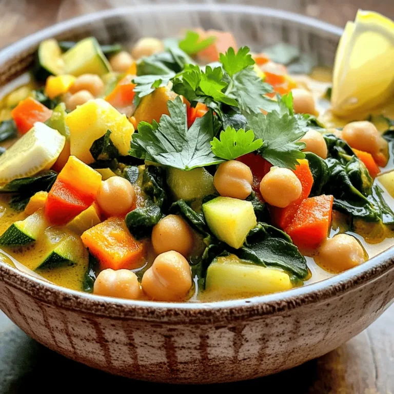 Here’s what you need to make Moroccan chickpea stew. Each ingredient adds to the flavor and heartiness of the dish. - 1 can (15 oz) chickpeas, thoroughly drained and rinsed - 1 large onion, finely chopped - 3 cloves garlic, minced - 2 medium carrots, peeled and diced - 1 red bell pepper, diced into small pieces - 1 medium zucchini, diced - 1 can (14 oz) of diced tomatoes, with juices - 2 cups low-sodium vegetable broth - 2 tablespoons extra virgin olive oil - 1 teaspoon ground cumin - 1 teaspoon ground coriander - 1 teaspoon smoked paprika - 1/2 teaspoon ground cinnamon - Salt and freshly ground black pepper, to taste - 1 cup fresh baby spinach, washed and dried - Fresh cilantro or parsley, finely chopped, for garnish - Lemon wedges, for serving Gather these ingredients before you start cooking. Each one plays a key role in making this stew warm and rich. For the full cooking process, check the Full Recipe. 1. Start by heating a spacious pot. Pour in the olive oil and let it shimmer over medium heat. This step warms the oil and preps it for the onion. 2. Next, add the chopped onion to the pot. Stir it for about five minutes until it gets soft and translucent. This brings out its natural sweetness. 3. Now, it’s garlic time! Toss in the minced garlic and cook it for one more minute. Stir frequently to wake up its aroma. 4. It's time to add the diced carrots, red bell pepper, and zucchini. Sauté these veggies for five to seven minutes. You want them soft and just starting to caramelize. This adds great depth to the stew. 5. After that, sprinkle in the spices: cumin, coriander, smoked paprika, and cinnamon. Add salt and black pepper too. Stir everything well and let it cook for another two minutes. The spices will coat the veggies and fill your kitchen with a wonderful scent. 6. Next, pour in the diced tomatoes along with their juices, and the vegetable broth. Increase the heat a bit to bring it to a gentle boil. Once it boils, lower the heat again and let it simmer for about 15 minutes. This melds all the flavors together. 7. Now, stir in the drained chickpeas. Let the stew simmer for another 10 minutes. This step allows the chickpeas to warm up and soak in the flavors. 8. Just before serving, fold in the fresh spinach. Let it wilt for about one to two minutes. This adds a nice pop of color and nutrition. 9. Taste the stew and adjust the seasoning with more salt or pepper if needed. This final step ensures the flavor is just right. 10. Serve your stew hot in deep bowls. Garnish with fresh cilantro or parsley. Don’t forget to offer lemon wedges on the side for that bright, zesty finish. This Moroccan chickpea stew is a warm hug in a bowl. You can find the full recipe [here](#). Enjoy your cooking! Choosing the right chickpeas You can use canned chickpeas for ease. Just make sure to drain and rinse them well. This removes extra salt and makes them taste fresher. If you prefer, soak dried chickpeas overnight. This gives a firmer texture. Cook them until soft before adding to your stew. Spice adjustments and substitutions Spices are key to Moroccan flavors. If you want more kick, add cayenne pepper. For a different taste, swap smoked paprika for regular paprika. You can also try turmeric for a vibrant color and health boost. Feel free to adjust the salt and pepper to your liking. Cooking time adjustments for texture Cooking time affects the stew's texture. For softer vegetables, simmer longer. If you like a crunch, reduce the cooking time. Always check the stew as it cooks. This way, you can get the perfect blend of soft chickpeas and tender veggies. For the full recipe, check the details above. {{image_4}} To make Moroccan chickpea stew your own, you can swap some ingredients. Here are a few ideas: - Adding other vegetables: Sweet potatoes lend a nice sweetness. You can also try adding kale for a nutritious boost. - Using different beans or legumes: Kidney beans or lentils can replace chickpeas if you want a change. - Modifying spices to suit taste preferences: If you love heat, consider adding cayenne pepper. Or, reduce spice for a milder flavor. These swaps keep the stew fresh and exciting while fitting your taste. Pairing this warm stew with the right sides enhances the meal. Here are some great options: - Recommended sides: Crusty bread or warm pita is perfect for scooping. You can also serve it with fluffy rice for a hearty meal. - Pairing with beverages: A light-bodied red wine or herbal tea complements the flavors well. For a refreshing choice, try mint lemonade. These suggestions add to the experience, making each bite even more enjoyable. To keep your Moroccan Chickpea Stew fresh, follow these steps: - Refrigeration tips: Place the stew in an airtight container. It will last in the fridge for up to 4 days. Ensure it cools down before sealing the container to avoid condensation. - Freezing instructions: If you want to freeze it, use freezer-safe containers. The stew can stay good for 3 months in the freezer. Just leave some space at the top, as it may expand when frozen. When it's time to enjoy your stew again, reheating is key. - Best methods for reheating the stew: The best way is on the stove. Pour the stew into a pot and heat it over medium heat. Stir it often to ensure even heating. You can also use the microwave. Heat in a microwave-safe bowl, covering it loosely. Heat in short bursts and stir between to prevent hot spots. - Avoiding loss of texture and flavor: To keep the stew's texture, add a splash of vegetable broth or water during reheating. This helps maintain moisture. Always taste and adjust seasoning after reheating, as flavors can mellow. For the full recipe, you can refer to the earlier section. Can I make this stew in a slow cooker? Yes, you can! Start by sautéing the onion and garlic in a pan. Then, transfer them to your slow cooker. Add all the other ingredients, except the spinach and lemon. Cook on low for about 6-8 hours or high for 3-4 hours. Add spinach before serving. How can I make it spicier? To add heat, use fresh chili peppers or red pepper flakes. You can also add a dash of cayenne pepper. Start with a small amount and adjust to your taste. Is it possible to make this stew ahead of time? Absolutely! This stew tastes even better the next day. Make it ahead and store it in the fridge for up to three days. Reheat before serving to enjoy the rich flavors. Can I substitute fresh herbs for dried? Yes, you can! Use three times more fresh herbs than dried. So, if a recipe calls for one teaspoon of dried, use three teaspoons of fresh. Fresh herbs will add a vibrant flavor. What is the nutritional information for Moroccan Chickpea Stew? This stew is packed with nutrients! A serving typically contains about 250 calories, 10 grams of protein, and 8 grams of fiber. It’s a great source of vitamins from the veggies and chickpeas. For the full recipe, check out the detailed steps above. This article covered a tasty Moroccan Chickpea Stew. I shared the main ingredients, cooking steps, and helpful tips to perfect your dish. You can swap ingredients or adjust spices for your liking. Remember to store and reheat leftovers properly. This stew is not just healthy; it’s also fun to make. Enjoy sharing it with family and friends. Embrace exploring flavors and making this dish your own. Cooking can be easy and enjoyable.