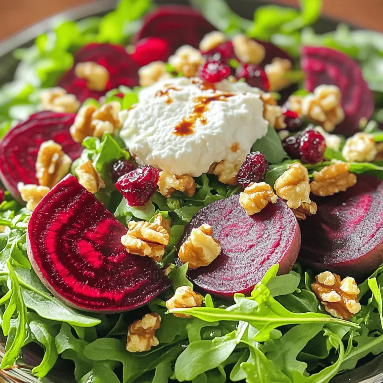 - 4 medium-sized beets - 4 cups mixed greens - 1/2 cup goat cheese - 1/4 cup walnuts - 1/4 cup dried cranberries or pomegranate seeds - 1/4 cup extra virgin olive oil - 2 tablespoons balsamic vinegar - 1 teaspoon honey - Salt and pepper - Fresh parsley for garnish The ingredients in this salad make it a real treat. The beets bring a sweet earthiness. They roast beautifully, turning soft and tender. Mixed greens add a fresh crunch. Goat cheese offers creamy tanginess. Walnuts give a nice crunch and healthy fats. Dried cranberries or pomegranate seeds add a pop of sweetness. This salad is not just tasty; it is also healthy. Each serving has about: - Calories: 350 - Fats: 25g - Proteins: 8g - Carbohydrates: 30g By using wholesome ingredients, you create a dish that nourishes as well as delights. This salad contains common allergens: - Dairy (goat cheese) - Nuts (walnuts) Always check for allergies before serving. You can easily swap goat cheese and walnuts for alternatives if needed. To start, heat your oven to 400°F (200°C). Wrap each beet in aluminum foil. Make sure they are sealed tight so they steam well. Place the wrapped beets on a baking sheet. This will catch any drips. Roast the beets for about 45 minutes to 1 hour. They should be tender when pierced with a fork. Once done, take them out and let them cool. When they are cool enough, peel off the skins. You might want to wear gloves to keep your hands clean. For the dressing, gather these ingredients: - 1/4 cup extra virgin olive oil - 2 tablespoons balsamic vinegar - 1 teaspoon honey - Salt and pepper to taste In a small bowl, whisk the olive oil, balsamic vinegar, honey, and a pinch of salt and pepper. Taste it to see if you like the balance of flavors. Adjust the seasoning if needed. This dressing will add a nice tangy kick to your salad. Now it's time to put everything together. Slice the cooled beets into wedges or rounds. In a large bowl, combine the mixed greens, sliced beets, toasted walnuts, and dried cranberries or pomegranate seeds. Toss them gently to mix evenly. Drizzle some of the dressing over the salad and toss again, so all ingredients are coated. For presentation, transfer the salad to a nice serving platter or divide it into individual plates. Crumble the goat cheese over the top for a creamy texture. Drizzle a bit more dressing over the cheese. If you like, add fresh parsley for color and flavor. Follow the [Full Recipe] for detailed steps and measurements. Remember, a beautiful salad is always a joy to eat! Choosing the right beets Select firm, smooth beets. Look for small to medium sizes, as they roast better. Avoid any that feel soft or have spots. How to tell when beets are done Beets are ready when a fork easily pierces them. Depending on size, this takes 45 minutes to 1 hour at 400°F. Let them cool before peeling. Substitutions for balsamic vinegar If you want a twist, use red wine vinegar or apple cider vinegar. Both add a tasty zing without losing the salad's charm. Adding herbs to the dressing Fresh herbs like thyme or basil brighten the dressing. Chop them finely and mix in for added flavor. A little goes a long way. Ideal accompaniments This salad pairs well with crusty bread or a light soup. These sides enhance the meal without overpowering the main dish. Pairing with proteins for a meal Add grilled chicken or shrimp for a hearty option. If you're vegetarian, consider roasted chickpeas or tofu. Both options make it filling and delicious. For the full recipe, check out the [Full Recipe]. {{image_4}} You can make your salad heartier by adding proteins. Grilled chicken or shrimp works well. Simply cook the protein and slice it. Top your salad with it for extra flavor. If you want a vegetarian option, use tofu. Cube the tofu and sauté it until golden. This adds protein and a nice texture. Incorporating seasonal fruits or veggies can elevate your salad. In spring, try fresh strawberries or asparagus. In the fall, add diced apples or roasted squash. These ingredients not only taste great but also add color. Consider swapping nuts for crunch. Almonds, pecans, or sunflower seeds are all tasty options. For a vegan version, simply replace goat cheese. Use cashew cream or a vegan cheese. These alternatives still give you that creamy texture. You can also experiment with dressings. A lemon vinaigrette or tahini dressing adds a new twist. Both options keep the salad fresh while staying plant-based. For the full recipe, check out the complete guide above! To store leftovers, place the salad in an airtight container. This keeps it fresh and prevents the greens from wilting. You can add a paper towel to absorb excess moisture. Store it in the fridge for up to three days. Keep the dressing separate until serving. This helps maintain the salad's crunch. You cannot freeze the whole salad. Freezing changes the texture of the greens, making them mushy. However, you can freeze roasted beets. Place them in a freezer-safe bag and squeeze out the air. They will stay fresh for about three months. Thaw them in the fridge before using. Beets last about one to two weeks in the fridge. Keep them unpeeled in a cool, dark place. Mixed greens should be used within five days for best taste. Goat cheese stays fresh for about one week once opened. Keep it tightly wrapped to avoid drying out. Roasting beets is simple and rewarding. Here’s how: 1. Preheat your oven to 400°F (200°C). 2. Scrub each beet clean and trim off the tops and bottoms. 3. Wrap each beet in aluminum foil. This keeps them moist. 4. Place the wrapped beets on a baking sheet. 5. Roast for 45 minutes to 1 hour. They are done when a fork easily pierces them. 6. Let them cool, then peel off the skins. Wear gloves to avoid staining your hands. Roasting beets brings out their natural sweetness. It makes them tender and full of flavor. You can use them in salads, sandwiches, or as a side dish. You can get a head start on this salad! Here are some tips: - Roast the beets a day early. Store them in the fridge. They will stay fresh. - Prepare the dressing ahead of time. Keep it in a jar. Shake before use. - Wash and dry the mixed greens. Store them in a container with a paper towel to absorb moisture. Assemble the salad just before serving. This keeps it crisp and fresh. If you need an alternative to goat cheese, here are some creamy options: - Feta cheese adds a salty flavor and crumbly texture. - Cream cheese is soft and rich, perfect for spreading. - Ricotta cheese is light and fluffy, giving a mild taste. These substitutes work well in the salad. Choose one that you like best! For the full recipe, check out the Roasted Beet and Goat Cheese Salad. This blog shared a tasty beet salad recipe, from ingredients to storage tips. You learned how to roast beets and mix a great dressing. I also provided variations to suit different diets, plus storage advice. Keep experimenting with ingredients and enjoy the colorful flavors. Simple changes can make each meal unique. This salad is not just healthy; it's fun and versatile. Enjoy your cooking journey and impress your family and friends with this easy dish!