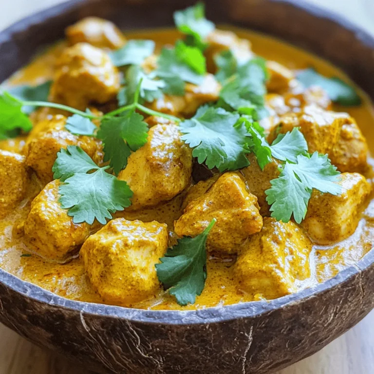 - 1 pound boneless, skinless chicken thighs - 1 cup plain yogurt - 2 tablespoons garam masala - 1 tablespoon ground cumin - 1 tablespoon ground coriander - 1 teaspoon turmeric powder - 1 teaspoon smoked paprika - 3 cloves garlic, minced - 1 inch fresh ginger, grated - 1 tablespoon lemon juice - 2 tablespoons vegetable oil or ghee - 1 medium onion, chopped - 1 can (15 oz) diced tomatoes - 1 cup coconut milk - Fresh cilantro for garnish - Mixing bowl - Skillet or heavy-bottomed pan - Cooking utensils Using these ingredients makes your Chicken Tikka Masala rich and full of flavor. I love using boneless chicken thighs for their tenderness. The plain yogurt helps to marinate the chicken and adds creaminess to the dish. The spices create a warm aroma that fills the kitchen. You’ll also need diced tomatoes and coconut milk to build the sauce. Fresh cilantro ties everything together, adding a pop of color and freshness. Gather your mixing bowl, skillet, and cooking utensils so you’re ready to start. This recipe is easy and enjoyable, perfect for any cook. For the full recipe, check out the link provided. To start, I mix the yogurt and spices in a bowl. I use 1 cup of plain yogurt and add: - 2 tablespoons garam masala - 1 tablespoon ground cumin - 1 tablespoon ground coriander - 1 teaspoon turmeric powder - 1 teaspoon smoked paprika - 3 cloves garlic, minced - 1 inch fresh ginger, grated - 1 tablespoon lemon juice I stir until everything is blended well. Then, I add the chicken chunks to the marinade. I make sure each piece is coated. I cover the bowl and place it in the fridge for at least one hour, but overnight is best for flavor. Next, I heat 2 tablespoons of vegetable oil in a large skillet over medium heat. I add a finely chopped onion and sauté it until golden, which takes about 5-7 minutes. The onion should be soft and fragrant. Once the onion is ready, I add the marinated chicken to the skillet. I keep any leftover marinade for later. I cook the chicken, stirring occasionally, until it is browned on all sides. This usually takes around 5-8 minutes. After the chicken is browned, I stir in a can of diced tomatoes with their juices and the reserved marinade. I bring this mix to a gentle simmer, letting it cook for about 10 minutes. This helps all the flavors blend together. Then, I pour in 1 cup of coconut milk and stir it all together. I increase the heat a little and let the curry simmer gently for about 15 minutes. I stir occasionally to keep it from sticking. The chicken should be fully cooked, and the sauce should have thickened to my liking. I taste the dish and season with salt and freshly cracked black pepper as needed. For the full recipe, check the top of the article. For the best taste, marinate your chicken for at least one hour. Overnight is even better for deeper flavor. You can use different marinades, too. Try mixing yogurt with lemon juice and your favorite spices for a twist. To ensure your chicken cooks perfectly, look for a nice golden color. You can cut a piece to check if it's done. If you want a thicker sauce, let it simmer longer. For a thinner sauce, add a splash of water or broth. Serve your Chicken Tikka Masala over fluffy basmati rice or warm naan. This adds texture and helps soak up the sauce. For a pop of color, garnish with fresh cilantro leaves. You can also add a lemon wedge for a zesty touch. Enjoy your meal! {{image_4}} You can easily add vegetables to your Chicken Tikka Masala. Bell peppers and spinach work great. Just chop them up and add them in when cooking the onions. This adds color and nutrition to the dish. If you want a vegetarian version, swap the chicken for your favorite veggies. Cauliflower, zucchini, or chickpeas are all tasty choices. Chicken thighs are juicy and tender, but you can use chicken breast instead. It cooks faster and is leaner. For a different taste, try tofu or paneer. Both soak up the flavors well. If you choose tofu, press it first to remove extra moisture. This helps it absorb more of the sauce. Want more heat? You can make it spicier by adding chili powder. Start with a little, and taste as you go. You can also use different types of yogurt. Greek yogurt adds creaminess. It also gives a tangy taste. Regular yogurt works too, but it’s less thick. For the full recipe, check out the original guide. Enjoy experimenting with these variations! Store your Chicken Tikka Masala in the fridge. Use an airtight container to keep it fresh. It stays good for up to four days. When you're ready to eat, simply reheat it on the stove or in the microwave. If you choose the microwave, use a microwave-safe bowl and cover it to prevent splatters. You can freeze Chicken Tikka Masala for longer storage. After it cools, transfer it to a freezer-safe container. It can last for up to three months in the freezer. When you're ready to enjoy it again, thaw it in the fridge overnight. Reheat it on the stove over low heat, stirring gently until it's hot. In the fridge, Chicken Tikka Masala lasts about four days. Always check for signs of spoilage before eating. Look for off smells, changes in color, or mold. If you see any of these signs, it’s best to throw it away. Enjoy your delicious Chicken Tikka Masala while it's fresh! For the full recipe, check the earlier section. Chicken Tikka Masala is a popular Indian dish. It features marinated chicken in a spicy, creamy sauce. The dish likely originated in the UK, blending Indian and British flavors. It is famous for its rich taste and vibrant color. You can enjoy Chicken Tikka Masala with various sides. It pairs well with fluffy basmati rice or warm naan. Some like to serve it with a side of fresh salad for balance. Yes, you can make Chicken Tikka Masala dairy-free. To do this, substitute yogurt with coconut yogurt or cashew cream. Both options give a creamy texture without dairy. For the coconut milk, you can use almond milk or soy milk. Just make sure to choose unsweetened versions for the best flavor. Adjust spices in the recipe to ensure it remains rich and tasty. To spice up your Chicken Tikka Masala, add more chili powder or cayenne pepper. Start with a small amount, taste, and adjust as needed. You can also use fresh green chilies. Chop them finely and add them to the marinade. Another tip is to include more garam masala, which adds depth and warmth to the dish. For a unique twist, try adding a dash of hot sauce at the end. This brings a fresh kick without altering the dish's base flavor. For the full recipe, check the section above. This blog post covered the key ingredients for Chicken Tikka Masala, including chicken, yogurt, and spices. I shared steps for marinating, cooking, and creating a rich sauce with tomatoes and coconut milk. You learned tips for enhancing flavor and presentation. Variations allow you to experiment with vegetables and proteins. Lastly, I shared storage options and answered common questions about the dish. You can enjoy this meal, knowing you have the skills to make it your own!