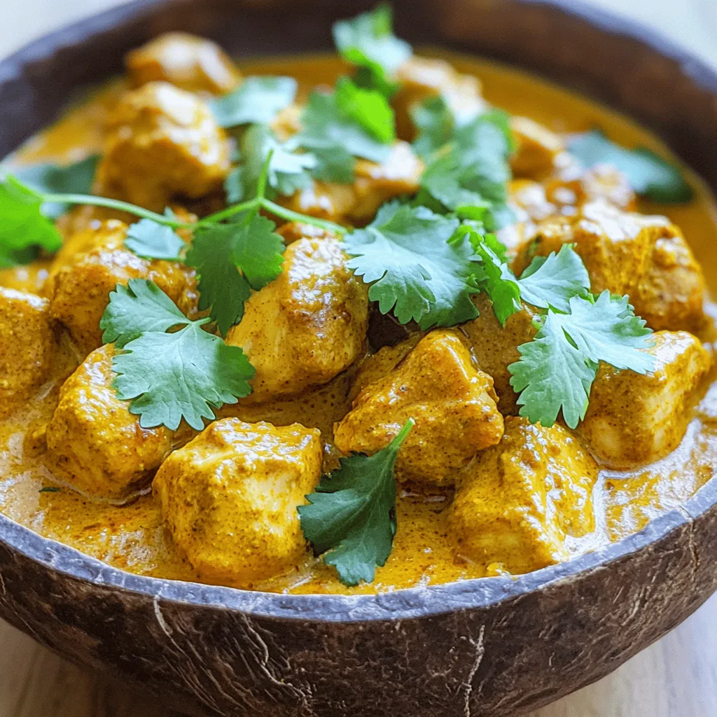 - 1 pound boneless, skinless chicken thighs - 1 cup plain yogurt - 2 tablespoons garam masala - 1 tablespoon ground cumin - 1 tablespoon ground coriander - 1 teaspoon turmeric powder - 1 teaspoon smoked paprika - 3 cloves garlic, minced - 1 inch fresh ginger, grated - 1 tablespoon lemon juice - 2 tablespoons vegetable oil or ghee - 1 medium onion, chopped - 1 can (15 oz) diced tomatoes - 1 cup coconut milk - Fresh cilantro for garnish - Mixing bowl - Skillet or heavy-bottomed pan - Cooking utensils Using these ingredients makes your Chicken Tikka Masala rich and full of flavor. I love using boneless chicken thighs for their tenderness. The plain yogurt helps to marinate the chicken and adds creaminess to the dish. The spices create a warm aroma that fills the kitchen. You’ll also need diced tomatoes and coconut milk to build the sauce. Fresh cilantro ties everything together, adding a pop of color and freshness. Gather your mixing bowl, skillet, and cooking utensils so you’re ready to start. This recipe is easy and enjoyable, perfect for any cook. For the full recipe, check out the link provided. To start, I mix the yogurt and spices in a bowl. I use 1 cup of plain yogurt and add: - 2 tablespoons garam masala - 1 tablespoon ground cumin - 1 tablespoon ground coriander - 1 teaspoon turmeric powder - 1 teaspoon smoked paprika - 3 cloves garlic, minced - 1 inch fresh ginger, grated - 1 tablespoon lemon juice I stir until everything is blended well. Then, I add the chicken chunks to the marinade. I make sure each piece is coated. I cover the bowl and place it in the fridge for at least one hour, but overnight is best for flavor. Next, I heat 2 tablespoons of vegetable oil in a large skillet over medium heat. I add a finely chopped onion and sauté it until golden, which takes about 5-7 minutes. The onion should be soft and fragrant. Once the onion is ready, I add the marinated chicken to the skillet. I keep any leftover marinade for later. I cook the chicken, stirring occasionally, until it is browned on all sides. This usually takes around 5-8 minutes. After the chicken is browned, I stir in a can of diced tomatoes with their juices and the reserved marinade. I bring this mix to a gentle simmer, letting it cook for about 10 minutes. This helps all the flavors blend together. Then, I pour in 1 cup of coconut milk and stir it all together. I increase the heat a little and let the curry simmer gently for about 15 minutes. I stir occasionally to keep it from sticking. The chicken should be fully cooked, and the sauce should have thickened to my liking. I taste the dish and season with salt and freshly cracked black pepper as needed. For the full recipe, check the top of the article. For the best taste, marinate your chicken for at least one hour. Overnight is even better for deeper flavor. You can use different marinades, too. Try mixing yogurt with lemon juice and your favorite spices for a twist. To ensure your chicken cooks perfectly, look for a nice golden color. You can cut a piece to check if it's done. If you want a thicker sauce, let it simmer longer. For a thinner sauce, add a splash of water or broth. Serve your Chicken Tikka Masala over fluffy basmati rice or warm naan. This adds texture and helps soak up the sauce. For a pop of color, garnish with fresh cilantro leaves. You can also add a lemon wedge for a zesty touch. Enjoy your meal! {{image_4}} You can easily add vegetables to your Chicken Tikka Masala. Bell peppers and spinach work great. Just chop them up and add them in when cooking the onions. This adds color and nutrition to the dish. If you want a vegetarian version, swap the chicken for your favorite veggies. Cauliflower, zucchini, or chickpeas are all tasty choices. Chicken thighs are juicy and tender, but you can use chicken breast instead. It cooks faster and is leaner. For a different taste, try tofu or paneer. Both soak up the flavors well. If you choose tofu, press it first to remove extra moisture. This helps it absorb more of the sauce. Want more heat? You can make it spicier by adding chili powder. Start with a little, and taste as you go. You can also use different types of yogurt. Greek yogurt adds creaminess. It also gives a tangy taste. Regular yogurt works too, but it’s less thick. For the full recipe, check out the original guide. Enjoy experimenting with these variations! Store your Chicken Tikka Masala in the fridge. Use an airtight container to keep it fresh. It stays good for up to four days. When you're ready to eat, simply reheat it on the stove or in the microwave. If you choose the microwave, use a microwave-safe bowl and cover it to prevent splatters. You can freeze Chicken Tikka Masala for longer storage. After it cools, transfer it to a freezer-safe container. It can last for up to three months in the freezer. When you're ready to enjoy it again, thaw it in the fridge overnight. Reheat it on the stove over low heat, stirring gently until it's hot. In the fridge, Chicken Tikka Masala lasts about four days. Always check for signs of spoilage before eating. Look for off smells, changes in color, or mold. If you see any of these signs, it’s best to throw it away. Enjoy your delicious Chicken Tikka Masala while it's fresh! For the full recipe, check the earlier section. Chicken Tikka Masala is a popular Indian dish. It features marinated chicken in a spicy, creamy sauce. The dish likely originated in the UK, blending Indian and British flavors. It is famous for its rich taste and vibrant color. You can enjoy Chicken Tikka Masala with various sides. It pairs well with fluffy basmati rice or warm naan. Some like to serve it with a side of fresh salad for balance. Yes, you can make Chicken Tikka Masala dairy-free. To do this, substitute yogurt with coconut yogurt or cashew cream. Both options give a creamy texture without dairy. For the coconut milk, you can use almond milk or soy milk. Just make sure to choose unsweetened versions for the best flavor. Adjust spices in the recipe to ensure it remains rich and tasty. To spice up your Chicken Tikka Masala, add more chili powder or cayenne pepper. Start with a small amount, taste, and adjust as needed. You can also use fresh green chilies. Chop them finely and add them to the marinade. Another tip is to include more garam masala, which adds depth and warmth to the dish. For a unique twist, try adding a dash of hot sauce at the end. This brings a fresh kick without altering the dish's base flavor. For the full recipe, check the section above. This blog post covered the key ingredients for Chicken Tikka Masala, including chicken, yogurt, and spices. I shared steps for marinating, cooking, and creating a rich sauce with tomatoes and coconut milk. You learned tips for enhancing flavor and presentation. Variations allow you to experiment with vegetables and proteins. Lastly, I shared storage options and answered common questions about the dish. You can enjoy this meal, knowing you have the skills to make it your own!