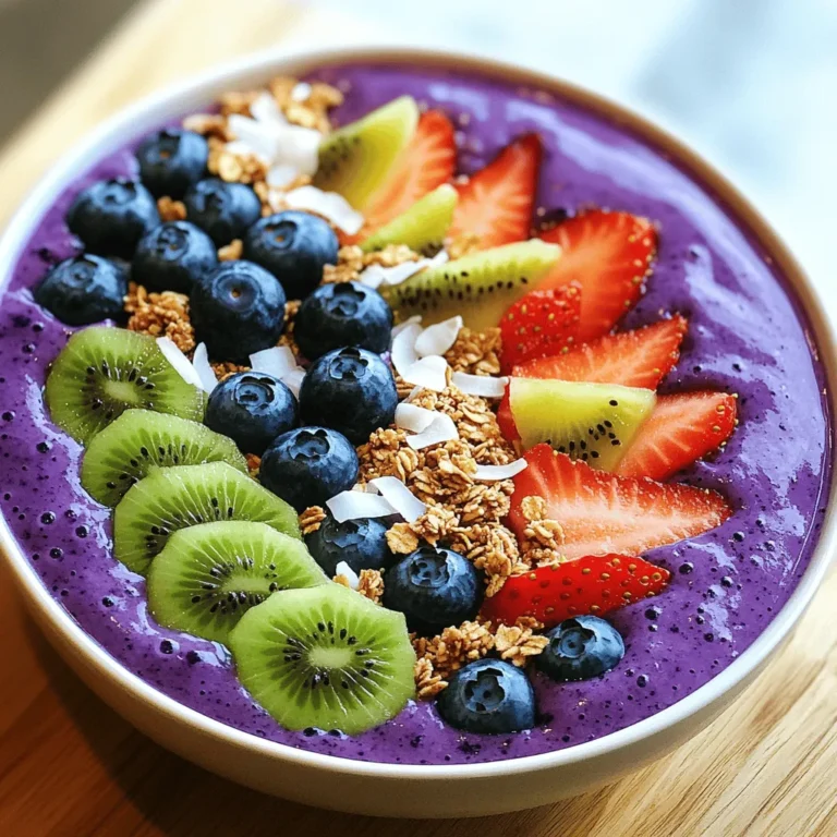 - 1 ripe banana, frozen - 1 cup fresh blueberries, plus extra for topping - 1/2 cup Greek yogurt - 1/2 cup almond milk - 1 tablespoon honey or maple syrup - 1 tablespoon chia seeds (optional) - Granola - Sliced fruits (like strawberries or kiwi) - Coconut flakes (optional) The ingredients are simple yet powerful. Each one brings a unique flavor and benefit. The frozen banana creates a creamy base. Fresh blueberries add a burst of flavor and color. Greek yogurt is rich in protein, making this bowl filling. Almond milk keeps it light and dairy-free. Honey or maple syrup sweetens the mix. Chia seeds, although optional, boost nutrition. For toppings, granola gives crunch, while sliced fruits add beauty. Coconut flakes can bring a tropical feel. Using these ingredients, you can create a delightful smoothie bowl. And remember, you can find the Full Recipe at the beginning of this article! - Add frozen banana and blueberries to the blender. - Incorporate Greek yogurt and almond milk. - Blend until smooth and creamy. First, take your frozen banana. It gives the bowl a thick and creamy base. Next, toss in fresh blueberries. They add a burst of flavor and color. After that, spoon in Greek yogurt. It brings protein and richness to your smoothie. Pour in almond milk to help everything blend well. Blend on high speed. Keep an eye on the texture. You want it smooth and creamy. Pause to scrape down the sides. This ensures all the ingredients mix evenly. This step is key for a perfect smoothie bowl. - Pour the blended mixture into a bowl. - Arrange toppings beautifully for presentation. Once it’s blended, pour the smoothie into a bowl. This is where the fun begins! Now, you can add your toppings. Make it colorful and fun. Use fresh blueberries, sliced fruits, and a scoop of granola. The crunch of granola contrasts nicely with the smooth base. - Drizzle honey or syrup for extra sweetness. - Add an optional sprinkle of coconut flakes. For a sweet finish, drizzle honey or maple syrup on top. It adds a lovely gloss and extra flavor. If you like, sprinkle some coconut flakes too. This gives a tropical twist and a nice texture. And there you have it, your Blueberry Banana Smoothie Bowl! For the full recipe, you can check the details above. Enjoy every spoonful of this refreshing and energizing meal! To make a great smoothie bowl, use a frozen banana. This keeps your bowl thick and creamy. Fresh bananas can make the bowl runny. If you want the best results, always freeze your bananas ahead of time. When blending, scrape down the sides of the blender. This helps mix the ingredients evenly. If you skip this step, you may end up with lumps. Presentation matters for your smoothie bowl. Use shallow bowls to show off the bright colors. A shallow bowl lets you see all the toppings. Be creative with your topping arrangements. You can place fresh blueberries, granola, and sliced fruits in fun patterns. This makes your bowl look like a work of art. A drizzle of honey on top can add a nice touch, too. Adding chia seeds can boost the nutrition of your smoothie bowl. They are packed with fiber and omega-3s. Greek yogurt is another great choice. It adds protein and creaminess. If you want to sweeten your bowl, try honey or maple syrup. These are natural sweeteners that can enhance flavor without too much sugar. Each option offers health benefits, so choose what fits your taste best. {{image_4}} You can change your smoothie bowl by swapping blueberries for other berries. Raspberries, strawberries, or blackberries work great. Each berry brings a unique flavor and color. You can also add spinach. This boosts the nutrients without changing the taste much. Spinach blends well and adds vitamins. Try using non-dairy yogurt alternatives for a vegan option. Almond, coconut, or soy yogurt can replace Greek yogurt. Each type adds a different taste and texture. You can also pick flavored yogurts. They can bring new tastes and fun to your smoothie bowl. Add nuts for a nice crunch. Almonds, walnuts, or pecans are excellent choices. They also add healthy fats and protein. You can sprinkle in seeds like flaxseeds or pumpkin seeds. These options bring extra nutrients and texture to your bowl. Store any leftover smoothie bowl in the refrigerator. Use a sealed container for best results. The smoothie bowl stays fresh for up to two days. After that, the texture might change, and it could lose flavor. You can freeze the smoothie bowl for later. Pour it into an airtight container for freezing. Freeze in single servings for easy use. To defrost, place it in the fridge overnight. You can also microwave it for a few seconds to soften. Prepare your ingredients ahead of time. Chop fruits and store them in bags. You can also portion out yogurt and milk. This way, you save time in the morning. Assemble the bowls quickly for a fast breakfast. The Blueberry Banana Bliss Smoothie Bowl is perfect for meal prep. To make this smoothie bowl, you will need to follow a few easy steps. Start by adding a frozen banana and fresh blueberries to a blender. Then, mix in Greek yogurt and almond milk. Blend everything until it's smooth and creamy. Pour the mixture into a bowl. Finally, top it with fresh blueberries, sliced fruits, and granola for crunch. For extra flair, sprinkle coconut flakes on top. You can find the full recipe in the sections above. Yes, you can use fresh blueberries. However, frozen blueberries make the smoothie cold and thick. Fresh blueberries offer a vibrant flavor but may not achieve the same creamy texture. Frozen blueberries also last longer, making them a great choice for quick smoothies. If you prefer fresh, try adding a few ice cubes while blending for that chilly feel. Yes, you can easily make this smoothie bowl vegan. Use dairy-free yogurt, like coconut or almond yogurt, instead of Greek yogurt. Replace honey with maple syrup to keep it plant-based. Almond milk is already dairy-free, so you can stick with that. These swaps will keep the bowl creamy and delicious without dairy. This smoothie bowl is packed with health benefits. Blueberries are full of antioxidants, which help fight free radicals. They also support heart health and improve brain function. Bananas provide potassium, which helps keep your heart and muscles healthy. Greek yogurt is great for protein and gut health. Chia seeds add fiber and omega-3 fatty acids. Overall, this bowl is a tasty way to get essential nutrients. This blog post covered how to make a delicious blueberry banana smoothie bowl. We discussed the main ingredients, the best preparation methods, and creative ways to present your bowl. I shared tips for great texture and nutrition, along with fun variations. In conclusion, this smoothie bowl is not just tasty; it's also good for you. Enjoy experimenting with flavors and toppings to make it your own. A healthy treat can start your day right!