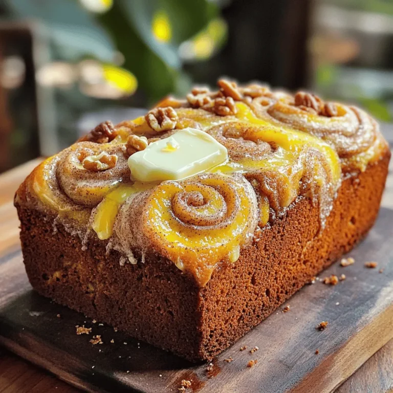 To make my favorite cinnamon swirl banana bread, gather these key ingredients: - 3 ripe bananas, mashed until smooth - 1/3 cup melted coconut oil or unsalted butter - 1/2 cup packed brown sugar - 1/4 cup granulated sugar - 2 large eggs, at room temperature - 1 teaspoon vanilla extract - 1 teaspoon baking soda - A pinch of salt - 1 1/2 cups all-purpose flour - 2 teaspoons ground cinnamon - 1/4 cup chopped walnuts (optional) Ripe bananas are crucial for this recipe. They add natural sweetness and moisture. Using both brown and granulated sugar gives your bread a nice balance of flavor. The brown sugar adds richness, while the granulated sugar helps with rise and texture. Coconut oil or unsalted butter keeps the bread moist and tender. Eggs and vanilla contribute to the overall flavor. Baking soda helps it rise, while salt enhances all the flavors. All-purpose flour holds everything together, and ground cinnamon adds that warm, spicy touch. If you want some crunch, chopped walnuts are a great choice. They add texture and a nutty flavor. This full recipe combines all these elements to create a delightful treat that everyone will love. First, preheat your oven to 350°F (175°C). This step is key for even baking. While the oven warms up, prepare your loaf pan. You can grease it with butter or oil. Alternatively, line it with parchment paper. This helps the bread release easily after baking. In a large mixing bowl, take your ripe bananas and mash them until smooth. Add 1/3 cup of melted coconut oil. Mix them until creamy. Next, add 1/2 cup of brown sugar and 1/4 cup of granulated sugar. Stir well until the mixture is smooth. Now, beat in 2 large eggs, one at a time. Make sure to mix in each egg fully. Finally, add 1 teaspoon of vanilla extract for flavor. Now it’s time to add some flavor with the cinnamon swirl. First, sprinkle 1 teaspoon of baking soda and a pinch of salt over the banana mix. Stir gently to incorporate. Next, sift in 1 1/2 cups of all-purpose flour. Mix just until combined. It's okay if you see some lumps; avoid overmixing. For the cinnamon-sugar mix, combine 2 teaspoons of ground cinnamon with a tablespoon of sugar in a small bowl. To assemble, pour half of the batter into your prepared loaf pan. Spread it evenly. Then, sprinkle half of the cinnamon-sugar mix over the batter. Pour the remaining batter on top. Finish with the rest of the cinnamon-sugar mix. To create a marbled effect, take a knife and gently swirl through the layers. Be careful not to mix them completely. Place your loaf pan in the preheated oven. Bake for 55 to 65 minutes. Check doneness by inserting a toothpick into the center. If it comes out clean, your bread is ready. Allow it to cool in the pan for about 10 minutes. After that, transfer it to a wire rack to cool completely before slicing. For more details, check the Full Recipe. To get moist banana bread, use ripe bananas. Ripe bananas have more sweetness and flavor. They should be brown and soft. This helps your bread stay moist. Overmixing can ruin the texture. Mix gently when adding flour. It’s fine if you see a few lumps. They will bake out. Baking time can change based on your oven. Start checking at 55 minutes. Insert a toothpick in the center. If it comes out clean, your bread is done. If not, give it a few more minutes. Want to add some crunch? Try adding nuts. Chopped walnuts work great in banana bread. You can also use chocolate chips for a sweet surprise. They melt and make the bread even more tasty. Spices can make your bread special. Adding a pinch of nutmeg can enhance the flavor. Feel free to experiment with other spices too! Warm banana bread tastes best. You can slice it and butter each piece. This makes it rich and creamy. It pairs well with hot coffee or tea. The warm drink balances the sweetness of the bread. You can even serve it with a side of fresh fruit for a healthy twist. For more delicious ideas, check out the Full Recipe for additional tips! {{image_4}} To make a gluten-free version of cinnamon swirl banana bread, you can swap all-purpose flour with gluten-free flour blends. Good choices include almond flour, coconut flour, or a gluten-free all-purpose mix. These options yield a moist bread that still has a great taste. When using gluten-free flour, mix it well with the other dry ingredients. Be careful not to overmix the batter. This keeps the bread light and fluffy. You may need to add a bit of xanthan gum if your gluten-free flour blend doesn’t already have it. This helps provide structure to the bread. If you want a vegan version, replace eggs with flax eggs. To make a flax egg, mix one tablespoon of ground flaxseed with three tablespoons of water. Let it sit for a few minutes until it thickens. For the butter, use plant-based alternatives like coconut oil or vegan butter. These swaps keep the bread rich and moist without any animal products. You can also play around with flavors. Adding fruits like blueberries or chopped apples can bring a new twist. Mix in nuts like pecans or hazelnuts for extra crunch. Feel free to try spices like nutmeg or ginger for a different kick. Each addition can turn your banana bread into a new favorite. Check out the Full Recipe for more ideas! To keep your cinnamon swirl banana bread fresh at room temperature, wrap it well. Use plastic wrap or aluminum foil. Place it in an airtight container. This helps keep moisture in and prevents it from drying out. Store it away from direct sunlight and heat. This way, your bread can last for up to three days. If you want to store banana bread in the refrigerator, place it in a sealed container. The cool air will keep it fresh longer. However, the bread may lose some moisture. To enjoy its soft texture, let it come to room temperature before eating. If you have extra banana bread, freezing is a great option. First, let the bread cool completely. Then, wrap it tightly in plastic wrap. Follow this with aluminum foil to prevent freezer burn. This method helps keep the bread fresh for three months. When you are ready to enjoy your frozen banana bread, remove it from the freezer. Let it thaw in the fridge overnight. For a warm slice, you can heat it in the oven at 350°F for about 10 minutes. This will make it taste fresh out of the oven again. To check if your banana bread is done, use a toothpick. Insert it into the center of the loaf. If it comes out clean or with a few crumbs, your bread is ready. If it has wet batter on it, bake for a few more minutes. This method is simple and effective. Yes, you can use frozen bananas. First, thaw them in the fridge or at room temperature. Once thawed, mash them well before adding to your mix. This keeps the moisture and flavor intact. Frozen bananas work well and add sweetness. If you don't have coconut oil, use unsalted butter or vegetable oil. Both options will still make your bread moist. Unsalted butter will add a rich flavor, while vegetable oil keeps it light. Feel free to experiment with different fats. At room temperature, banana bread lasts about 3-4 days. Keep it in an airtight container or wrap it tightly. If you store it in the fridge, it can last up to a week. Just remember to let it come to room temp before serving. Yes, you can make mini loaves! Divide the batter into mini loaf pans. Bake them for about 25-35 minutes. Check for doneness with a toothpick. Mini loaves are perfect for sharing or gifting. Cinnamon swirl banana bread is simple and delicious. You learned about key ingredients, mixing, and baking tips to make it perfect. Remember to use ripe bananas and avoid overmixing for a great texture. Try adding nuts or chocolate for extra flavor. Don’t hesitate to experiment with gluten-free or vegan versions as well. Store it properly to keep it fresh and tasty. Enjoy this warm treat with coffee or tea. Baking this bread can be fun, so share it with friends and family.