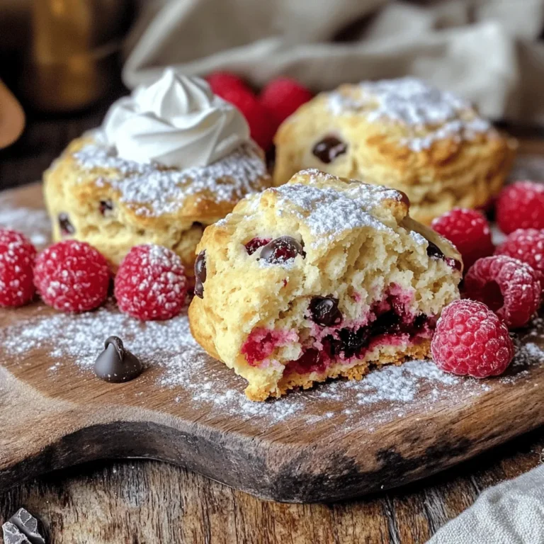 To make delicious Raspberry Chocolate Chip Scones, you will need the following ingredients: - 2 cups all-purpose flour - 1/4 cup granulated sugar - 1 tablespoon baking powder - 1/2 teaspoon salt - 1/2 cup unsalted butter, cold and cubed - 1/2 cup heavy cream - 1 large egg - 1 teaspoon vanilla extract - 1 cup fresh raspberries, gently mashed - 1/2 cup dark chocolate chips - Extra sugar for topping (optional) Each ingredient plays a key role in creating the perfect scone. The flour gives structure, while the sugar adds sweetness. Baking powder helps the scones rise, and salt enhances flavor. Cold butter is vital for flakiness. Heavy cream and egg provide moisture and richness. Vanilla extract adds warmth, and the fresh raspberries and chocolate chips bring bursts of flavor. Don't skip the sugar topping if you want extra crunch. For the full recipe, follow the steps carefully to ensure your scones turn out wonderfully! - Preheat the oven to 400°F (200°C) and prepare a baking sheet. - In a bowl, combine the flour, sugar, baking powder, and salt. - Work cold butter into the dry mixture until it looks coarse. - In another bowl, whisk the heavy cream, egg, and vanilla extract. - Carefully combine the wet and dry ingredients with a spatula. - Shape the dough into a circle and cut it into wedges. - Place the wedges on the baking sheet and sprinkle with a little sugar. - Bake for 15-20 minutes and check for doneness. For the complete process, you can check the Full Recipe. Enjoy making these delightful scones! To make your scones flaky, keep the butter cold. Use unsalted butter right from the fridge. Cut it into small cubes. When you mix it into the flour, do it quickly. You want to blend until it looks like coarse crumbs. This step is key for that lovely texture. Mixing is important, but be gentle. Overmixing can make your scones tough. When you add the wet ingredients, stir just until you see no dry flour. You want a soft dough. When adding raspberries and chocolate chips, fold them in carefully. This keeps the raspberries whole and juicy. For a beautiful finish, dust your baked scones with powdered sugar. It adds a nice touch! You can also serve them with whipped cream or fresh raspberries. This makes them look great and taste even better. For a special touch, drizzle a bit of chocolate on top. Enjoy your delicious scones with a warm drink. You can find the Full Recipe to guide you through each step! {{image_4}} You can switch up the flavors in your scones. Blueberries or strawberries work great too! Both fruits add a nice sweetness and burst of flavor. You can also mix in nuts for extra crunch. Chopped walnuts or pecans can bring a nice texture contrast. Try adding a hint of lemon zest for a fresh twist. It brightens the entire scone! If you need gluten-free scones, use a gluten-free flour mix. This can give you the same fluffy texture. Just make sure it has a binding agent, like xanthan gum. For vegan scones, swap the butter for coconut oil or vegan butter. Use almond milk instead of heavy cream and a flax egg for the egg. This way, everyone can enjoy these tasty treats! Serving your scones with extras makes them even better! Pair them with your favorite jams, like raspberry or apricot. A dollop of whipped cream adds a rich, creamy touch. You can also try flavored butters, like cinnamon or honey butter. These toppings enhance the scone experience and add more flavor! For the full recipe, check out the link. To keep your raspberry chocolate chip scones fresh, store them at room temperature. Place the scones in an airtight container. If you have more than you can eat in a few days, consider freezing some. This method helps maintain their flavor and texture. Freezing scones is easy. Let them cool completely after baking. Wrap each scone in plastic wrap. Then, place them in a freezer bag. Remove as much air as possible to prevent freezer burn. You can freeze them for up to three months. When you want to enjoy one, just take it out of the freezer. To reheat your scones, preheat your oven to 350°F (175°C). Place the scones on a baking sheet. Heat for about 10 minutes until warm. This method keeps the scones soft and flaky. You can also use a microwave, but be careful not to overheat them. They may become tough if heated too long. Enjoy your scones warm, just as they were made! For the full recipe, check out the complete instructions above. Yes, you can use frozen raspberries in this recipe. They work well and add great flavor. Just remember to thaw them first. Drain any excess moisture to keep the scones from getting soggy. You may need to adjust baking time slightly, as frozen berries can chill the dough. To make your scones sweeter, you can add more sugar. Gradually increase the granulated sugar by a tablespoon or two. You can also add a sweet glaze on top after baking. A mix of powdered sugar and milk makes a simple and tasty glaze. These scones are best served warm, right from the oven. You can dust them with powdered sugar for a pretty touch. Serve them with a dollop of whipped cream or fresh butter. Adding fresh raspberries on the side enhances the flavor and looks great on the plate. For a delightful twist, pair them with your favorite jam. Check the Full Recipe for more serving ideas! This blog post guides you through making delicious raspberry dark chocolate scones. We covered the essential ingredients, preparation steps, and tips for perfecting texture. You learned how to customize these scones with different fruits and dietary changes. Remember to store your scones properly and explore freezing options. Enjoy serving them with jams or creams. With practice, you'll make scones that impress your friends and family. Happy baking!