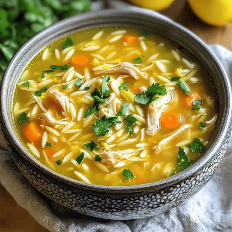 - 1 pound boneless, skinless chicken breasts - 6 cups low-sodium chicken broth - 1 medium onion, finely chopped - 2 cloves garlic, minced - 2 medium carrots, diced - 2 stalks celery, diced - 1 cup orzo pasta - 3 large eggs - 1/2 cup freshly squeezed lemon juice (about 2-3 lemons) This soup starts with tender chicken. I prefer boneless, skinless chicken breasts. They cook fast and stay juicy. Next, low-sodium chicken broth gives the soup its rich base. Fresh veggies add flavor and nutrition. Onion, garlic, carrots, and celery create a perfect mix. I chop them finely for even cooking. Orzo pasta makes the soup filling. It cooks well in the broth, soaking up all the flavors. To achieve that creamy texture, I use eggs and lemon juice. The eggs blend with the broth, creating a silky finish. Fresh lemon juice brightens the soup, making every bite refreshing. - 1 teaspoon dried oregano - 1 teaspoon sea salt - 1/2 teaspoon freshly ground black pepper - 2 tablespoons extra-virgin olive oil Seasoning is key in this recipe. Dried oregano adds a hint of earthiness. Sea salt and black pepper enhance the natural flavors. I always choose extra-virgin olive oil for sautéing. It has a wonderful taste and is healthy too. - Fresh parsley, finely chopped - Lemon wedges for serving Garnishes make a dish special. Fresh parsley adds color and freshness. I sprinkle it on top before serving. Lemon wedges are great for those who want extra zing. They brighten the dish and add a punch of flavor. For the full recipe, check out the Mediterranean Lemon Chicken Orzo Soup! It’s a perfect guide to make this comforting dish. Start by chopping the vegetables. You will need to dice the onion, carrots, and celery. Next, shred the cooked chicken. This can be done easily with two forks. For the egg mixture, whisk together the eggs and lemon juice in a medium bowl. Make sure they blend well. In a large pot, heat two tablespoons of olive oil over medium heat. Once hot, add the chopped onion, diced carrots, and celery. Sauté these vegetables for about 5 to 7 minutes. They should become tender and fragrant. Now, stir in two minced garlic cloves. Cook for one more minute. You want the garlic to smell wonderful, but not brown. Add the chicken breasts into the pot. Pour in six cups of low-sodium chicken broth. Increase the heat slightly and bring it to a gentle simmer. Let the chicken cook for 15 to 20 minutes. Once fully cooked, carefully remove the chicken from the pot and set it aside to cool. When cool, shred the chicken into bite-sized pieces. Return to the pot and add one cup of orzo pasta. Let the soup simmer for 8 to 10 minutes, stirring to prevent sticking. In your mixing bowl, you have the whisked eggs with lemon juice. Now, temper the eggs by slowly adding a ladleful of hot broth from the pot. Whisk constantly to prevent the eggs from cooking too quickly. Gradually mix the egg mixture back into the soup. This will give your soup a creamy texture. Now it’s time to adjust the seasoning. Taste the soup and add sea salt and black pepper as needed. Finally, garnish your soup with fresh parsley before serving. This adds a nice color and fresh flavor. Enjoy your comforting bowl of Greek lemon chicken soup! For the full recipe, see the detailed instructions above. - Choosing the right type of chicken: I recommend using boneless, skinless chicken breasts. This cut cooks quickly and stays tender in the soup. It also absorbs the rich flavors of the broth well. - Adjusting salt levels for broth versus soup: Start with low-sodium chicken broth. Taste as you cook, and add salt as needed. This way, you control the saltiness without overwhelming the dish. - Techniques for tempering eggs properly: To prevent egg curdling, whisk the eggs and lemon juice in a bowl. Slowly add hot broth while whisking. This warms the eggs without cooking them. - Continuous whisking for a smooth texture: Keep whisking as you add the broth. This ensures a creamy, smooth texture in your soup. It’s key for that authentic Greek flavor. - Suggestions for family dinners or special occasions: Greek Lemon Chicken Soup is perfect for family dinners. Serve it on cozy nights or special occasions like holidays. It brings warmth and comfort to the table. - Pairing with sides for a complete meal: I love pairing this soup with a fresh Greek salad or crusty bread. These sides complement the soup and make a full meal. Enjoy your cooking adventure with this classic dish! Check out the [Full Recipe] for step-by-step details on making this delightful soup. {{image_4}} If you can't find orzo, don't worry! You can use other small pasta shapes, like ditalini or acini di pepe. Both work great in this soup. For those who need gluten-free options, try rice or quinoa. These grains add texture and flavor while keeping the dish gluten-free. You can make your soup even better by adding greens. Spinach or kale works well. Simply toss them in during the last few minutes of cooking. This adds color and nutrients. You can also enhance the flavor by using herbs. Fresh dill or basil adds a lovely aroma and taste. Try adding a handful of either herb for a bright twist. If you want a meatless version, you can replace the chicken with plant-based proteins. Tofu or chickpeas are good choices. They soak up the soup's flavors nicely. Use vegetable broth instead of chicken broth to keep the taste rich and savory. This way, everyone can enjoy a bowl of this comforting soup! For the full recipe, check out the Mediterranean Lemon Chicken Orzo Soup . To keep your Greek Lemon Chicken Soup fresh, let it cool first. Pour it into airtight containers. Make sure to store it in the fridge. It should stay good for about 3 to 4 days. Always label your containers with the date. This helps you track how long it’s been there. When reheating, do it gently. You can use the stove or microwave. If using the stove, heat it on low heat. Stir often to prevent sticking. If it seems thick, add a splash of broth or water. This keeps the soup nice and smooth. To freeze Greek Lemon Chicken Soup, let it cool completely. Pour it into freezer-safe bags or containers. Remove as much air as possible. It can last up to 3 months in the freezer. When you’re ready to eat, thaw it in the fridge overnight. Reheat gently to enjoy the same great flavor. Greek Lemon Chicken Soup, also known as Avgolemono, is a classic dish. It features tender chicken, bright lemon, and creamy eggs. This soup warms the heart and soul, especially during cold months. It is a staple in Greek homes and often appears at family gatherings. The mix of flavors showcases the essence of Greek cooking. To achieve a creamy texture, temper the eggs. Whisk eggs and lemon juice together in a bowl. Gradually add hot broth while whisking. This method prevents the eggs from scrambling. Slowly stir the egg mixture back into the soup. This creates a smooth and velvety finish. Avoid boiling the soup after adding the egg to keep it creamy. Yes, you can make this soup ahead of time. Prepare the soup but skip adding the egg mixture until serving. Store the soup in an airtight container in the fridge for up to three days. When ready to serve, reheat gently and add the egg mixture. This keeps the soup fresh and creamy. This soup pairs well with a simple Greek salad. You can also serve it with warm pita bread or crusty bread. For a lighter meal, consider grilled vegetables on the side. These options enhance the flavors and create a lovely dining experience. In this post, I shared how to make Greek Lemon Chicken Soup. You learned about the key ingredients, like chicken, orzo, and the egg-lemon mixture that gives the soup its creamy texture. I provided steps for preparation, cooking, and tips for keeping the soup delicious and authentic. Don't hesitate to mix it up with different ingredients or share it with others. Enjoy this comforting dish anytime!