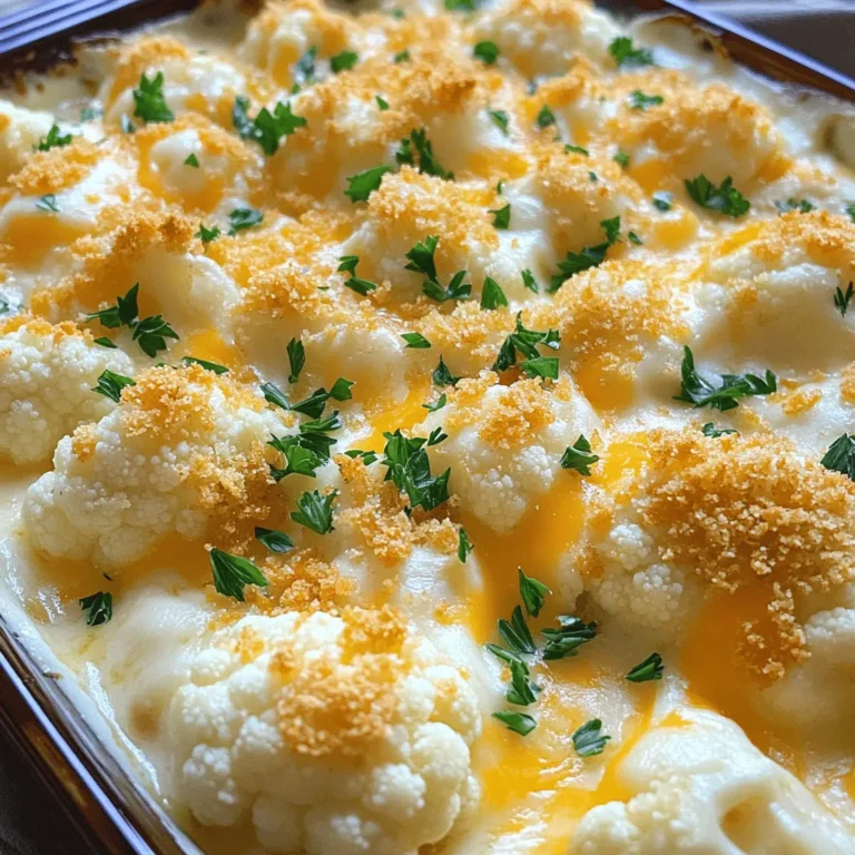 - 1 large head of cauliflower, cut into bite-sized florets - 1 cup shredded sharp cheddar cheese - 1/2 cup grated Parmesan cheese, divided - 1 cup heavy cream - 2 cloves garlic, finely minced - 1/2 teaspoon smoked paprika - 1/2 teaspoon freshly ground black pepper - 1 teaspoon salt, or to taste - 1/2 teaspoon onion powder - 1/4 cup seasoned breadcrumbs (optional, for added crunch) - Fresh parsley, chopped, for garnish The key to a great cheesy cauliflower bake lies in its simple yet flavorful ingredients. First, you need a large head of cauliflower. Cut it into bite-sized florets. This helps it cook evenly. Next, gather your cheeses. I love using sharp cheddar for its strong taste and Parmesan for a hint of nutty flavor. Heavy cream is a must for that rich, creamy texture. Don't forget the garlic! Mince two cloves finely for a burst of flavor. Seasoning is important, too. Smoked paprika adds warmth, while black pepper and onion powder enhance the dish. If you want a crunchy topping, use seasoned breadcrumbs. They give the bake a nice texture. Finally, finish with fresh parsley. It brings color and freshness. These ingredients come together to create a comforting dish that everyone will enjoy. Check out the Full Recipe for more details! - Preheat the oven to 375°F (190°C). - Boil the cauliflower florets. Start by preheating your oven. This step is key to getting that nice, golden top. While the oven heats, take a pot and fill it with water. Add a pinch of salt. Bring the water to a boil. Once boiling, add the cauliflower florets. Cook them for about 5 to 7 minutes. You want them tender but still a bit firm. Drain the cauliflower and set it aside. - Combine heavy cream, garlic, and spices in a saucepan. - Stir in shredded cheddar and Parmesan cheese until smooth. Now, let’s make the cheese sauce. In a medium saucepan, pour in the heavy cream. Add the minced garlic, salt, black pepper, smoked paprika, and onion powder. Heat it on medium. Stir this mix gently, keeping it warm but don’t let it boil. Once warm, slowly add the shredded cheddar and half of the grated Parmesan cheese. Stir until the cheese melts and the sauce is smooth and creamy. - Mix the cauliflower with the cheese sauce. - Transfer to a baking dish and top with breadcrumbs. In a large bowl, mix the cooked cauliflower with your cheese sauce. Make sure every floret gets coated with that cheesy goodness. Next, take a baking dish and lightly grease it. Pour the cauliflower mixture into the dish. Spread it evenly. If you want a crunchy topping, sprinkle the remaining grated Parmesan cheese and breadcrumbs on top. - Bake until golden brown and bubbly. - Garnish and serve. Place the baking dish in the preheated oven. Bake it for about 20 to 25 minutes. You want the top to be golden brown and bubbly. When it's done, take it out and let it cool for a few minutes. For a nice touch, sprinkle some freshly chopped parsley on top before serving. Enjoy your cheesy cauliflower bake! For the full recipe, refer to the earlier sections. To make the best cheesy cauliflower bake, cook the cauliflower just right. Boil it for about 5-7 minutes. You want it tender but still slightly firm. This helps keep the florets intact when you mix them with the cheese sauce. For the cheese sauce, ensure it is smooth. Stir the heavy cream and garlic over medium heat. Add the cheese slowly while stirring. This will help you avoid lumps. A smooth sauce coats the cauliflower evenly, giving it that creamy goodness. Don't be afraid to experiment with flavors. A little smoked paprika adds a nice touch. You can also try different cheeses. A mix of cheddar and Gruyère can elevate your dish. Using fresh herbs for garnish makes a big difference. Chopped parsley adds color and freshness. You can also use chives for an onion flavor boost. These small touches can turn a great dish into a memorable one. Think about what pairs well with cheesy cauliflower bake. It goes great with roasted chicken or grilled fish. You can also serve it with a crisp salad for added crunch. This dish is perfect for gatherings. Serve it at family dinners or potlucks. It is a great side dish for holidays too. Everyone loves a warm, cheesy treat! For the full recipe, check the instructions above. {{image_4}} You can make this dish lighter with a few easy swaps. - Low-fat cheese options: Try using part-skim mozzarella or low-fat cheddar. - Alternative non-dairy cream substitutes: Use almond milk or coconut cream for a dairy-free choice. These swaps keep the taste rich while cutting calories and fat. Want to spice it up? There are plenty of ways to add flavor. - Adding cooked bacon or sausage for extra protein: Crumbled crispy bacon brings a smoky touch. - Introducing vegetables like spinach or bell peppers: These add color and nutrients to your bake. Feel free to mix and match your favorite proteins and veggies for a unique dish. How you serve this dish can change the experience. - Individual ramekins for portion control: They make for a fun and fancy presentation. - Making it a main dish with protein additions: Pair it with chicken or fish for a complete meal. These options help you customize your cheesy cauliflower bake for any occasion. After enjoying your cheesy cauliflower bake, you might have some leftovers. To keep them fresh, place them in an airtight container. This helps lock in moisture and flavor. You can store the leftovers in the fridge for up to three days. When you’re ready to eat again, just scoop out what you need. Want to save some for later? Freezing is a great option. Cool the dish completely first. Then, transfer it to a freezer-safe container. Make sure to label it with the date. You can freeze it for up to three months. When you’re ready to enjoy it again, thaw it in the fridge overnight. For reheating, you can use the oven. Preheat it to 350°F (175°C). Cover the dish with foil to keep it moist. Bake for about 25-30 minutes, or until heated through. If you want a crispy top, remove the foil for the last 10 minutes. Enjoy your cheesy goodness! For the full recipe, click here [Full Recipe]. Yes, you can prepare cheesy cauliflower bake ahead of time. Start by cooking the cauliflower and making the cheese sauce. After mixing them together, place the dish in the fridge. Cover it tightly with plastic wrap or foil to keep it fresh. When ready to bake, remove it from the fridge. Bake it straight from the cold for about 10 minutes longer than the usual time. This way, you enjoy a warm, cheesy treat without a lot of last-minute work. Cheesy cauliflower bake pairs well with many dishes. Here are some great options: - Grilled chicken: The savory chicken complements the creamy bake. - Steak: A juicy steak adds richness to the meal. - Salad: A fresh garden salad balances the heaviness of the bake. - Roasted vegetables: Crisp, roasted veggies add color and flavor. These side dishes can make your meal feel complete and delicious. Yes! Cheesy cauliflower bake is perfect for vegetarians. It uses cauliflower, cheese, and cream, all plant-based. Just ensure that the cheese options are vegetarian-friendly. Many cheeses are made without animal rennet, making them suitable for vegetarian diets. This dish is a tasty way to enjoy a healthy meal while meeting dietary needs. To sum up, this blog covered how to make a delicious cheesy cauliflower bake. We talked about required ingredients, step-by-step instructions, and tips for great results. You learned about variations, healthy swaps, and how to store leftovers. This dish is not just tasty; it is easy to make and perfect for many meals. Try it yourself for a comforting treat that everyone will enjoy. Remember, the best part is making it your own by adding what you love!