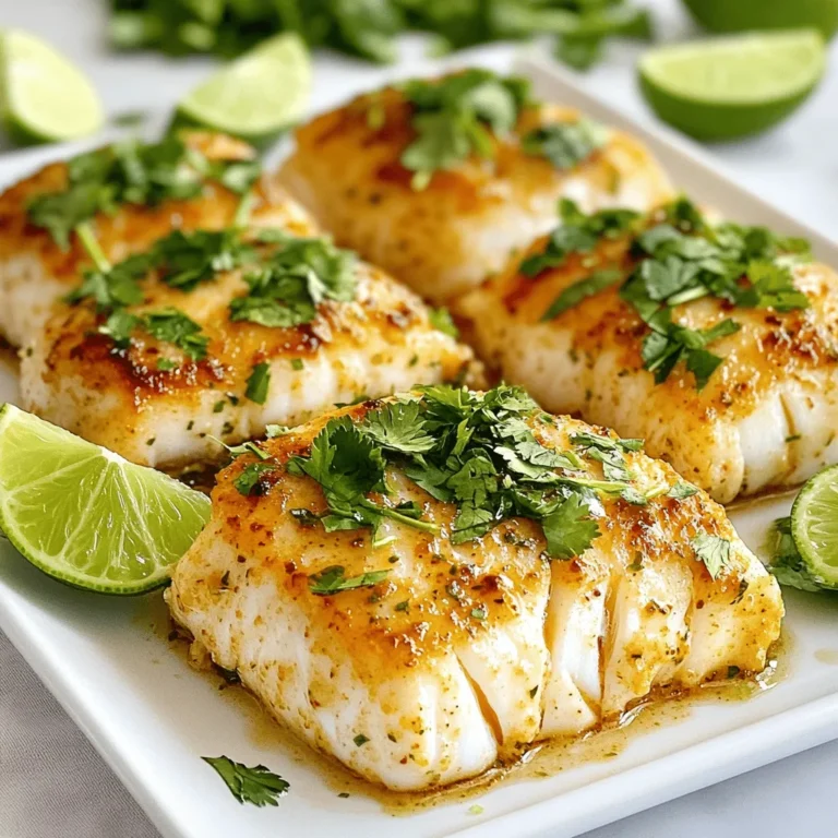 - 4 cod fillets (approximately 6 oz each) - 2 tablespoons olive oil - Zest and juice of 2 limes - 1 teaspoon chili powder - 1 teaspoon ground cumin - 2 cloves garlic, minced - 1 teaspoon sea salt - ½ teaspoon freshly ground black pepper - Fresh cilantro for garnish - Lime wedges for serving Fresh lime juice adds bright flavor. It brightens the dish and balances the fish's richness. Lime juice also helps to tenderize the cod, making it flaky and moist. Chili powder is key for depth. It adds a warm, spicy kick that wakes up the palate. The blend of spices makes every bite exciting and flavorful. Quality cod is essential. Fresh cod has a mild taste and firm texture. It absorbs flavors well, ensuring a delicious meal. When selecting cod, look for fillets that are bright and moist. - Preheat the oven to 400°F (200°C). - Line a baking dish with parchment paper. These steps set the stage for a great meal. Preheating the oven helps cook the cod evenly. Lining the dish makes cleanup easy. - In a bowl, mix: - 2 tablespoons olive oil - Zest and juice of 2 limes - 1 teaspoon chili powder - 1 teaspoon ground cumin - 2 cloves garlic, minced - 1 teaspoon sea salt - ½ teaspoon freshly ground black pepper Whisk this mixture until it blends well. The aroma will be bright and inviting. - Place the cod fillets in the lined dish. - Use a brush or spoon to coat each fillet with the marinade. Make sure each piece is well-covered. This ensures maximum flavor in every bite. - Bake the cod in the preheated oven for 12-15 minutes. - You know the cod is done when it flakes easily with a fork and looks opaque. Look for these signs to ensure perfect cooking. The fish should not be dry or overcooked. Once baked, let the cod rest for about 2 minutes. This helps lock in all the tasty flavors. This is how you make Chili Lime Baked Cod. For the full recipe, refer back to the ingredients section. To get perfectly baked cod, timing is key. Bake your cod for 12 to 15 minutes. Check at 12 minutes. When the fish flakes easily with a fork, it's ready. If your fillets are thicker, add a few more minutes. For marinating, aim for at least 30 minutes. This allows the flavors to soak in. If you have time, let it marinate for up to 2 hours in the fridge. Use a zip-top bag to coat the fillets evenly. Chili Lime Baked Cod pairs well with many sides. I recommend cilantro-lime rice for a fresh taste. A crisp garden salad with a light dressing also works well. For a twist, serve it with grilled veggies. For a beautiful presentation, sprinkle fresh cilantro on top before serving. Arrange lime wedges around the fish for a pop of color. This adds an inviting touch to your meal. Use a glass or ceramic baking dish for even cooking. They help distribute heat well, ensuring your cod bakes evenly. If you want a crispier top, a metal baking sheet can work too. For marinating, a zip-top bag or a shallow dish works best. These options allow for easy coating. When serving, have a fish spatula handy. It makes lifting the fillets easy without breaking them. {{image_4}} You can easily swap out cod for other fish. Salmon or tilapia also work well. Their flavors blend nicely with the chili and lime. If you prefer, try shrimp for a different experience. Each fish brings its own twist to this dish. You can also change the spices for a new taste. Instead of chili powder, try smoked paprika. It gives a nice depth of flavor. Cumin can be swapped for coriander for a lighter touch. Experiment with your favorite spices to find what you love. Baking is great, but grilling is another option. Preheat your grill to medium-high heat, then cook the cod for about 4-5 minutes on each side. This method adds a nice smoky flavor that pairs well with the lime. If you have an air fryer, you can use it too. Preheat the air fryer to 375°F (190°C). Place the marinated cod in the basket and cook for about 10-12 minutes. This method gives you a crispy outside while keeping the fish tender. Want more heat? Add jalapeños or cayenne pepper to the marinade. This will kick up the spice level and give your cod a nice zing. Just be careful not to add too much, unless you love heat! If you prefer a milder flavor, reduce the chili powder. You can also add a bit of honey to balance the heat. This sweetness helps create a more gentle taste that everyone can enjoy. Try these variations to make the dish your own. For the full recipe, check out the section above! To keep leftover Chili Lime Baked Cod fresh, use airtight containers. Glass or plastic containers work well. Make sure the fish is cool before sealing. Store it in the fridge for up to three days. This keeps the flavor intact and prevents spoilage. When reheating, avoid the microwave if possible. Instead, use an oven set at 350°F (175°C). Place the cod on a baking sheet and cover it with foil. This helps keep the fish moist. Heat for about 10 minutes or until warmed through. To avoid dry fish, don’t overheat it. Checking every few minutes helps. If you want to freeze your cod, first let it cool. Wrap each piece tightly in plastic wrap. Then place them in a freezer bag or container. Make sure to remove as much air as you can. Frozen cod can last up to three months. For best taste, eat it sooner rather than later. Bake the cod for 12 to 15 minutes. The fish should flake easily with a fork. If your cod is thicker, it may need a bit more time. Always check for an opaque look. This means it’s fully cooked. Baking at 400°F (200°C) ensures even cooking. Yes, you can use frozen cod. Thaw it in the fridge overnight for best results. If you cook from frozen, add a few extra minutes to the bake time. Ensure it's fully cooked by checking the same flaking method. This way, you still enjoy that great chili lime flavor. Chili lime baked cod pairs well with many sides. Try cilantro-lime rice for a fresh kick. A crisp garden salad adds crunch and color. Roasted veggies also complement the dish nicely. For drinks, a light white wine or sparkling water works well. Enjoy this flavorful meal with your favorites! This blog post covered how to make Chili Lime Baked Cod. You learned about the ingredients and their benefits. I provided clear steps for marinating and baking the fish. Helpful tips ensure your cod turns out great each time. Variations let you switch up flavors or use different fish. Lastly, we discussed storage and reheating for fresh flavors later. With these insights, you can enjoy a tasty and healthy meal anytime.