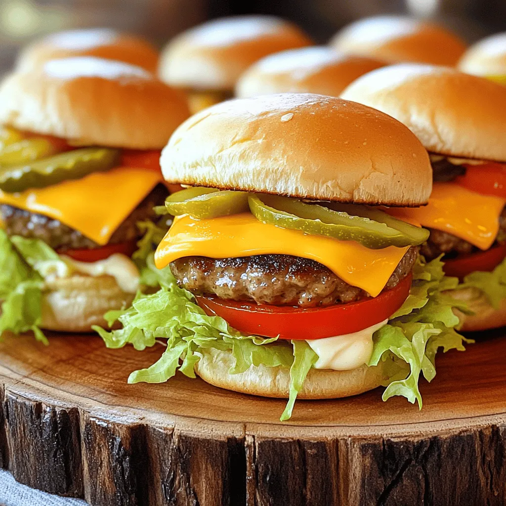 - Ground beef - Mini slider buns - Sharp cheddar cheese For the main part of our sliders, we use ground beef. I prefer 80/20 ground beef for its balance of flavor and juiciness. Mini slider buns are perfect for small hands and easy eating. Sharp cheddar cheese melts beautifully and adds a rich taste. - Mayonnaise and Dijon mustard - Shredded lettuce - Tomato slices and dill pickles The right condiments and toppings make a big difference. I like to mix mayonnaise with Dijon mustard for a creamy, tangy flavor. Shredded lettuce adds crunch, while tomato slices bring freshness. Dill pickles are a must for that zesty bite. - Garlic powder - Onion powder - Salt and pepper To enhance the flavor, I use garlic powder and onion powder. They add depth without being overpowering. Salt and pepper are essential for seasoning the meat. A little goes a long way in making the beef taste great. For the full recipe, check out the details above. - Preheat your grill or griddle to medium heat. This step is key for a great cook. - In a bowl, mix 1 pound of ground beef with 1 teaspoon of garlic powder, 1 teaspoon of onion powder, salt, and pepper. Use your hands to combine gently. Avoid overmixing to keep the meat tender. - Shape the beef mixture into eight small patties. Each should be about the same size as your slider buns. - Place the patties on the grill. Cook them for 3 to 4 minutes per side. Check for your preferred doneness. - In the last minute, add a slice of sharp cheddar cheese on each patty. Cover the grill to help the cheese melt. - Toast the slider buns on the grill until golden brown. This adds flavor and a nice crunch. - Spread a spoonful of the mayo and Dijon mustard mix on the bottom half of each bun. - Stack each bun with a cheesy patty, followed by shredded lettuce, a slice of tomato, and dill pickles. - Place the top half of the bun on each slider and press down gently to hold everything together. These sliders are a great treat and easy to make using the Full Recipe. To shape the perfect patty, use simple steps. Start with 1 ounce of ground beef for each mini slider. Roll the beef into a ball, then gently flatten it. Aim for a size just a bit bigger than your bun. This way, it fits perfectly after cooking. For cooking times, grill each patty for about 3-4 minutes per side. If you want it well done, cook longer. Use a meat thermometer to check. Aim for 160°F for safety. To boost flavor, season your beef well. I like to use garlic powder, onion powder, salt, and pepper. These add great taste without being too strong. If you want fun bun options, consider using pretzel buns or mini bagels. These add a twist to the classic slider. You can also try whole wheat buns for a healthier choice. When plating your sliders, arrange them on a large platter. You can place them in a slight curve for a nice look. This makes them easy to grab. For garnishing, add extra pickle slices and tomato wedges around the sliders. This adds color and makes the dish pop. You can also serve mini ketchup and mustard dispensers. It gives guests fun options to dress their sliders. {{image_4}} If you want to switch up the cheese, consider these great choices: - Pepper Jack: This cheese adds a nice kick with its spicy flavor. - Gouda: A creamy option that brings a rich, smoky taste. - Swiss: It melts well and has a mild, nutty flavor. For flavored cheeses, try: - Herbed cheese: These add fresh notes to your sliders. - Blue cheese: It gives a bold taste that many love. Think beyond the usual toppings. Here are some fun ideas: - Sriracha mayo: This adds a spicy twist to your sauce. - Barbecue sauce: Sweet and tangy, perfect for a flavor boost. - Guacamole: Creamy and rich, it pairs well with the beef. For creative toppings: - Caramelized onions: Sweet and savory, they enhance every bite. - Roasted red peppers: These add color and a smoky flavor. - Bacon bits: Crunchy and salty, they bring extra texture. Make your sliders fit any party theme. Here are some suggestions: - Game Day: Serve sliders with nacho cheese and jalapeños. - Taco Night: Use taco seasoning on your patties, and top with salsa. - BBQ Party: Add coleslaw and barbecue sauce for a southern flair. Pair sliders with different cuisines by: - Italian: Use pesto and mozzarella for a twist. - Mediterranean: Top with tzatziki and feta cheese for freshness. - Asian: Add teriyaki sauce and fresh cilantro for a unique taste. These variations make your mini cheeseburger sliders fun and exciting. Check out the Full Recipe for more details on making these delightful treats! When you have leftover mini cheeseburger sliders, store them properly. Place them in an airtight container. Refrigerate the sliders within two hours of cooking. This keeps them fresh for up to three days. To reheat mini cheeseburgers, preheat your oven to 350°F (175°C). Wrap each slider in foil and heat for about 10 minutes. This keeps the buns soft and the cheese melty. To freeze uncooked patties, shape them as you would for cooking. Place them on a baking sheet and freeze for about one hour. Once firm, transfer the patties to a freezer bag. Remove as much air as possible. These patties last up to three months in the freezer. For freezing assembled sliders, wrap each slider in plastic wrap. Place them in a freezer-safe container. Label with the date. Assemble and freeze sliders for up to two months. Defrost in the fridge overnight before reheating. This way, you can enjoy your delicious mini cheeseburger sliders any time! For the full recipe, check out the details above. You can prep the sliders in advance. Shape the patties and store them in the fridge. This keeps them fresh for later. You can also make the sauce before time. Just mix the mayo and Dijon mustard, then store it in the fridge. You can toast the buns right before serving for the best taste. Yes! Turkey works well as a leaner choice. Just remember to adjust the cooking time. For veggie options, use black bean or chickpea patties. They need a different cooking method, so check your recipe. You want the flavors to shine through, no matter the choice. Great sides for mini sliders include fries and onion rings. You could also serve a fresh salad to balance the meal. For a fun twist, try sweet potato fries or coleslaw. These pair well and add color to your plate. Enjoy mixing and matching! In this blog post, I covered how to make mini cheeseburger sliders. We explored ingredients like ground beef, sharp cheddar, and various toppings. You learned about seasoning, grilling, and putting the sliders together. Perfecting these sliders can impress guests at any gathering. Use the tips and variations for fun adjustments. Don't forget to store leftovers properly for future enjoyment. Happy cooking!