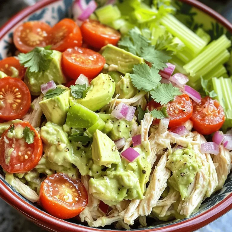 - 2 cups cooked chicken breast, shredded - 1 ripe avocado, mashed until smooth - 1/4 cup smooth Greek yogurt - 1 tablespoon freshly squeezed lemon juice - 1/4 cup red onion, finely chopped - 1/2 cup cherry tomatoes, halved - 1/4 cup celery, finely diced - 1/4 teaspoon garlic powder - Salt and freshly ground black pepper to taste - Fresh cilantro or parsley, chopped, for garnish The ingredients in creamy avocado chicken salad make it tasty and healthy. The chicken provides protein, while avocado adds healthy fats. Greek yogurt makes it creamy without extra calories. Fresh veggies like tomatoes and celery give a nice crunch. Using fresh ingredients is key. This brings out the best flavors. You can adjust the amounts based on what you like. For example, add more tomatoes if you love them. Don’t forget the seasoning! Salt and pepper enhance the taste. Fresh herbs like cilantro or parsley top it off perfectly. They add color and flavor. I recommend checking the full recipe for detailed steps. Enjoy making this delicious dish! - Combine mashed avocado, Greek yogurt, and lemon juice in a bowl. - Mix until smooth using a fork or whisk. To make the creamy dressing, start with a ripe avocado. Mash it in a bowl until it is smooth. Next, add 1/4 cup of Greek yogurt. This adds creaminess and protein. Then, squeeze in 1 tablespoon of lemon juice. This will brighten the flavor. Mix these three ingredients well with a fork or whisk. You want a creamy and smooth texture. This creamy dressing is the base of your salad and full of healthy fats. - Add shredded chicken to the avocado mixture. - Stir thoroughly to coat the chicken evenly. Now it’s time to add in the chicken. Use 2 cups of cooked chicken breast, shredded. You can use leftover chicken or rotisserie chicken for ease. Add the chicken to the creamy dressing. Stir well so every piece of chicken is coated. This adds protein and makes the salad filling. The creamy dressing brings all the flavors together. - Gently fold in red onion, cherry tomatoes, and celery. - Season with garlic powder, salt, and black pepper to taste. Next, let’s add some crunch and color. Gently fold in 1/4 cup of finely chopped red onion, 1/2 cup of halved cherry tomatoes, and 1/4 cup of diced celery. These veggies add freshness and texture. Now, season your salad. Add a pinch of garlic powder, salt, and freshly ground black pepper. Taste it and adjust the seasoning as needed. Mix gently so you don’t break the veggies. Now, your creamy avocado chicken salad is ready to serve! Check out the Full Recipe for more details. - Look for avocados that yield slightly to pressure. - Check the color; ripe avocados usually have a darker skin. Selecting the perfect avocado is key for your creamy avocado chicken salad. When you gently press the avocado, it should give a bit. This tells you it is ripe and ready to use. A darker skin tone often means ripeness, but don't rely on color alone. Always feel for that slight softness! - Use rotisserie chicken for convenience. - Ensure chicken is fully cooked; internal temperature should reach 165°F (75°C). Cooking the chicken can take time, but using rotisserie chicken saves you effort. It offers great flavor and saves cooking time. If you cook your own chicken, make sure to check the internal temperature. It needs to reach 165°F (75°C) to be safe to eat. - Serve in individual bowls, atop lettuce leaves, or in a wrap. - Consider a lemon wedge on the side for added flavor. Serving your salad can be fun! You can use individual bowls or place it on crisp lettuce leaves. If you want a wrap, that works too. A lemon wedge on the side brightens the meal and adds a zesty kick. For the full experience, try the [Full Recipe]. Enjoy your tasty and healthy choice! {{image_4}} You can make your creamy avocado chicken salad even better by adding fruits. Diced apples or grapes bring a nice sweetness. They also add a nice crunch. If you want a tropical twist, try adding mango. Its juicy flavor blends well with creamy avocado. Not in the mood for chicken? You can easily swap it out. Canned tuna or chickpeas work well for a vegetarian option. Both of these options add protein and flavor. If you love seafood, consider using grilled shrimp. It adds a fresh, light taste to the salad. Want to spice things up? Adding spices can really boost the flavor. Try cumin or smoked paprika for a warm kick. If you like heat, toss in some jalapeños. These will give your salad a spicy edge that keeps it exciting. Feel free to get creative with your mix-ins! Each variation gives you a new twist on this delicious dish. Check out the Full Recipe for more ideas. Store your creamy avocado chicken salad in an airtight container in the refrigerator. It will stay fresh for up to 2 days. I suggest enjoying it right after you make it. However, if you keep the ingredients separate, it can last a little longer. This way, you keep the textures nice. Do not freeze the salad. Avocado gets mushy when frozen. If you want to prepare ahead, consider freezing the chicken on its own. This will keep it fresh and ready for your salad. Prep your ingredients ahead of time. Store them separately to mix later. This salad is a great option for busy weeks. You can have a tasty meal ready in minutes! For the full recipe, check out the detailed instructions above. Typically lasts for about 2 days when stored properly. I recommend using an airtight container. This helps keep your salad fresh and tasty. After two days, the avocado may brown and lose its creamy texture. Yes, but it’s best to combine the ingredients just before serving to maintain freshness. If you prepare it early, store the salad components separately. This way, the avocado stays bright and creamy. Great with whole-grain bread, crackers, or a side of fruit. I love serving it on toast for a hearty lunch. Pairing it with fresh fruit offers a nice, sweet contrast. You can also use it as a filling in wraps for a tasty twist. For the full recipe, check out the detailed steps above. This creamy avocado chicken salad is easy to make and full of flavor. We covered the main ingredients, steps, and tips to perfect it. You learned how to mix chicken with creamy dressing and fresh veggies. Remember to store leftovers properly for the best taste. Enjoy this salad as a quick meal or snack. Feel free to customize with your favorite ingredients. With these simple tips, you can create a dish that is both healthy and delicious.