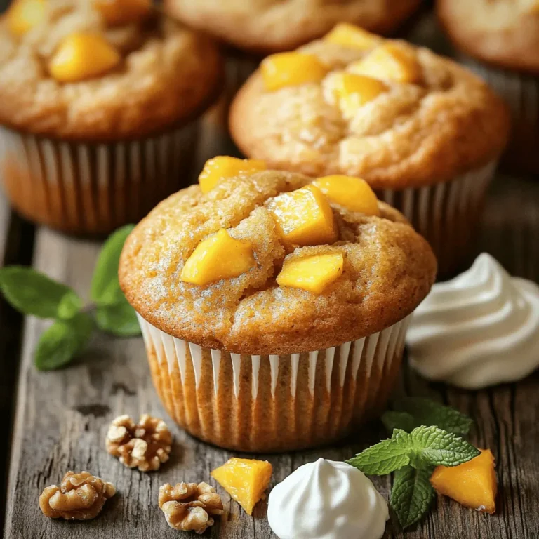 To make Brown Butter Peach Muffins, gather these simple ingredients: - 1 cup unsalted butter - 1 ½ cups all-purpose flour - 1 teaspoon baking powder - ½ teaspoon baking soda - ½ teaspoon salt - 1 cup brown sugar, packed - 2 large eggs - 1 teaspoon vanilla extract - 1 cup ripe peaches, diced (fresh or canned, drained) - ½ teaspoon ground cinnamon - ½ cup chopped walnuts or pecans (optional) You can tweak this recipe based on your taste. Here are some ideas: - Fruits: Swap peaches for diced apples or blueberries. - Nuts: Use almonds or leave them out for nut-free muffins. - Sweeteners: Try coconut sugar instead of brown sugar for a different flavor. - Dairy-Free: Replace butter with coconut oil or vegan butter. Each muffin has about: - Calories: 220 - Fat: 10g - Carbohydrates: 30g - Protein: 3g - Fiber: 1g These muffins are a tasty treat! They are soft and flavorful, perfect for breakfast or snacks. If you want a detailed recipe, check the Full Recipe. Start by preheating your oven to 350°F (175°C). This temperature ensures even baking. While the oven warms up, prepare your muffin tin. You can use paper liners or grease each cup with cooking spray. This step helps the muffins release easily. Next, take a medium saucepan and melt the unsalted butter over medium heat. Stir often. Keep cooking until the butter turns a deep golden brown. This should take about 5-7 minutes. You’ll know it’s ready when you smell a nutty aroma. Once browned, remove the pan from the heat and let the butter cool for a bit. In a large mixing bowl, whisk together the following dry ingredients: - 1 ½ cups all-purpose flour - 1 teaspoon baking powder - ½ teaspoon baking soda - ½ teaspoon salt - ½ teaspoon ground cinnamon Make sure they are well blended. This mix gives the muffins their structure and flavor. In another bowl, combine the brown sugar and the cooled browned butter. Mix them until they blend well. Then, add in 2 large eggs, one at a time. Make sure each egg mixes in fully before adding the next. Finally, stir in 1 teaspoon of vanilla extract. This mix adds sweetness and depth. Now, slowly add your dry ingredients to the wet mixture. Gently stir until everything is just combined. Be careful not to overmix. This keeps the muffins light and fluffy. Using a spoon or cookie scoop, fill each muffin cup with the batter. Aim for about ¾ full. This allows space for the muffins to rise while baking. Place the muffin tin in your preheated oven. Bake for 18-22 minutes. Check for doneness by inserting a toothpick into the center of a muffin. If it comes out clean, your muffins are ready! Once done, let them cool in the tin for about 5 minutes. After that, transfer them to a wire rack to cool completely. For the Full Recipe, check the main article. To make your muffins light and fluffy, you need to focus on a few key steps. First, do not overmix your batter. Overmixing makes muffins dense. Stir the wet and dry ingredients until just combined. Second, make sure your baking powder and baking soda are fresh. Old leavening agents won't give your muffins the rise they need. Third, use room temperature eggs. This helps the batter mix evenly and rise well. Sometimes muffins don’t turn out as planned. Here are some quick fixes: - Muffins are too dense: This often happens from overmixing or too much flour. Measure your flour correctly, using a spoon to fill your measuring cup. - Muffins are too dry: This may be due to overbaking. Keep an eye on your muffins. Remove them when a toothpick comes out with a few moist crumbs, not clean. - Muffins do not rise: Check your leavening agents. Make sure they are fresh, or your muffins won’t rise well. Brown butter peach muffins are delicious on their own. For a special touch, serve them warm with whipped cream or ice cream. You can pair them with a drizzle of honey or a sprinkle of cinnamon sugar for added flavor. These muffins also go well with a cup of coffee or a glass of cold milk. For a light meal, enjoy them with fresh fruit or a yogurt parfait. For the full recipe, check the section above. {{image_4}} You can switch out the peaches for other fruits. Try diced apples for a crunchy twist. Ripe bananas add a sweet flavor. Berries like blueberries or raspberries work well too. Just remember to adjust the sugar based on the fruit's sweetness. For example, berries might need less sugar than peaches. Adding spices can boost your muffins' flavor. Ground cinnamon is a classic choice. You can also try nutmeg for warmth or ginger for a spicy kick. Vanilla extract adds richness, but almond extract gives a lovely twist. Start with half a teaspoon and adjust to your taste. If you need gluten-free muffins, swap all-purpose flour for a gluten-free blend. Make sure it’s a 1:1 ratio for best results. Some blends work well, but check for added ingredients. Adding a bit of xanthan gum can help bind the muffins together too. Enjoy your gluten-free treats without missing out on flavor! For the full recipe, you can refer to [Full Recipe]. To keep your brown butter peach muffins fresh, store them properly. Place them in an airtight container. This helps keep them moist and soft. You can leave them at room temperature for up to three days. If you have more muffins than you can eat, consider freezing some. For long-term storage, freezing is a great option. First, let the muffins cool completely. Wrap each muffin in plastic wrap. Then, place the wrapped muffins in a freezer-safe bag. This protects them from freezer burn. You can freeze the muffins for up to three months. When you're ready to eat one, just thaw it at room temperature. To enjoy your muffins warm, reheating is key. Preheat your oven to 350°F (175°C). Place the muffins on a baking sheet. Heat them for about 5-10 minutes. This will make them taste fresh again. You can also microwave a single muffin for about 15-20 seconds. Enjoy your warm treat! For the full recipe, check out the details above. You can check if your muffins are done by using a toothpick. Insert it into the center of a muffin. If it comes out clean, your muffins are ready. If it has wet batter on it, bake them a little longer. Also, the muffins should be golden brown on top. They will spring back slightly when touched. Yes, you can use frozen peaches in this recipe. Make sure to thaw them and drain any excess juice. This will help keep your muffins from being too wet. Chopping the peaches into smaller pieces works best. The flavor will still be great, and you can enjoy these muffins any time of year. If you don't have brown sugar, you can use white sugar. To mimic the flavor, mix in a bit of molasses. Use 1 cup of white sugar and add 1 tablespoon of molasses. This will give you a similar taste and moisture. You can also try coconut sugar as a healthier option. To make these muffins vegan, you can replace the eggs. Use 1/4 cup of unsweetened applesauce or a flax egg. To make a flax egg, mix 1 tablespoon of ground flaxseed with 2.5 tablespoons of water. Let it sit for a few minutes until it thickens. You can also use plant-based butter instead of regular butter. For the milk, almond or oat milk works well. Enjoy your vegan Brown Butter Peach Muffins! In this post, I covered the key ingredients for great muffins, along with optional swaps. I shared clear steps for making them from start to finish. Tips for fluffy texture and serving ideas were also included. You can even explore variations for added flavor or dietary needs. Remember, baking is fun! With the right techniques and ingredients, you can create tasty treats. Enjoy your muffin-making journey!