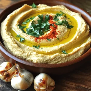To make roasted garlic hummus, you need: - 1 can (15 oz) chickpeas, drained and rinsed - 1 head of garlic - 3 tablespoons tahini - 2 tablespoons olive oil, plus extra for drizzling - 2 tablespoons freshly squeezed lemon juice - 1 teaspoon ground cumin - Salt, to taste - Water, as needed for desired consistency Each ingredient plays a key role. The chickpeas give the hummus its base. Garlic adds a rich, savory taste. Tahini brings creaminess and depth. Olive oil enhances the flavor and smoothness. Lemon juice adds brightness, while cumin gives a hint of warmth. Salt rounds out the taste. If the hummus is too thick, add water little by little until it reaches the right texture. For a finishing touch, consider adding: - Paprika for a pop of color - A drizzle of olive oil for richness - Freshly chopped parsley for a burst of freshness These toppings not only enhance the look but also add extra flavor to your creamy, savory spread. Enjoy creating this delicious roasted garlic hummus! For the full recipe, check out the section above. To start, you need to roast the garlic. First, preheat your oven to 400°F (200°C). This heat brings out the sweet flavor in the garlic. Cut the top off a head of garlic, about ¼ inch down. Drizzle a bit of olive oil on the cut part. Wrap the garlic in aluminum foil to keep it moist. Place it on the oven rack and roast for 30 to 35 minutes. The garlic should be soft and golden brown. After roasting, let it cool a bit. Then, squeeze the base to push out the yummy cloves. Discard the skins. Now it's time to make the hummus! In a food processor, add the roasted garlic cloves, drained chickpeas, tahini, lemon juice, and olive oil. Sprinkle in the ground cumin and a pinch of salt. Blend the mix on high until it's totally smooth. If it feels too thick, add water, one tablespoon at a time. Keep blending until you reach a creamy texture. Taste your hummus and adjust the salt or lemon juice as you like. Once your hummus is perfect, transfer it to a bowl. Use a spoon to make a swirl on top for style. Drizzle a little olive oil over it. You can sprinkle paprika and chopped parsley for added color and taste. Serve your roasted garlic hummus with fresh veggies, pita chips, or warm pita bread. Enjoy this creamy and flavorful spread! For the full recipe, check out the full recipe section. To get a smooth and creamy hummus, you need to blend well. Start with well-drained chickpeas. If you want it even creamier, peel the chickpeas. This extra step helps create a silky texture. When blending, add water slowly. Start with one tablespoon at a time. Blend until you reach your desired thickness. If it’s too thick, just keep adding water. Taste is key in hummus. After blending, try it and see what it needs. You might want more salt or lemon juice. If you like spice, add a pinch of cayenne pepper or smoked paprika. Feel free to experiment with other spices too. Don't be afraid to make it your own! Roasting garlic brings out its sweet flavor. To roast, cut the top off the garlic head. Drizzle it with olive oil. Wrap it in foil to keep it moist. Bake at 400°F (200°C) for 30-35 minutes. The garlic should be soft and golden when done. Let it cool before squeezing the cloves out. This method gives you that rich, roasted taste. For the full recipe, check out the details above. Enjoy your cooking! {{image_4}} You can make your hummus more exciting by adding spices. Try smoked paprika for a warm flavor. A pinch of cayenne adds heat if you like spicy. You can also use ground coriander or turmeric for a unique twist. These spices will enhance the taste and give it a fresh character. Chickpeas are great, but you can mix it up! Use black beans for a rich flavor. White beans, like cannellini, create a creamy texture. Lentils work well too. Each bean brings a new taste and color to your hummus. Get creative and pick your favorite! Think outside the box when serving your hummus. Serve it on a platter with fresh veggies like carrots, cucumbers, and bell peppers. You can also pair it with pita chips or warm pita bread. For a fun touch, spread it on toast and top with avocado slices. These ideas will make your hummus stand out at any meal or party. Check out the Full Recipe for more details! To keep your hummus fresh, store it in an airtight container. This helps prevent it from drying out. Always cover the hummus with a thin layer of olive oil. This layer acts as a barrier against air. Place the container in the fridge. It will stay tasty for up to one week. If you want to save hummus for later, freezing works well. Use a freezer-safe container or a heavy-duty freezer bag. Leave some space for expansion as it freezes. You can freeze hummus for up to three months. When you're ready to eat it, thaw it in the fridge overnight. Blend it again if needed for a smooth texture. Choose glass or plastic containers with tight lids. Glass containers are great for flavor preservation. Plastic containers are lightweight and easy to handle. For freezing, use sturdy freezer bags. Remember to label the bags with the date. This way, you know when it was made. For the best results, use these storage options to enjoy your roasted garlic hummus anytime. You can enjoy roasted garlic hummus with many tasty items. Fresh vegetables like carrots, cucumbers, and bell peppers make great dippers. Pita chips or warm pita bread also pair well. Crackers add a nice crunch. You can even spread it on sandwiches or wraps for extra flavor. Yes, you can make hummus without tahini. If you lack tahini, try using a bit of peanut butter or almond butter. You can also add more olive oil to keep the hummus creamy. The flavor might change, but it will still be delicious. Roasted garlic hummus lasts about 4 to 5 days in the fridge. Store it in an airtight container to keep it fresh. If you want to keep it longer, you can freeze it. It can last up to 3 months in the freezer. Just thaw it in the fridge before serving. Yes, hummus is a healthy choice. It contains chickpeas, which are high in protein and fiber. The olive oil adds healthy fats. Plus, garlic has many health benefits. Hummus can be a great snack or meal addition, especially when served with fresh veggies. Making roasted garlic hummus vegan is easy! The main ingredients are already vegan. Just use olive oil and skip any dairy toppings. Stick to the recipe and enjoy a creamy, tasty spread. For the full recipe, check out the instructions above. To make roasted garlic hummus, I covered the key ingredients and steps, including measurement details and optional toppings. We explored preparation, blending, and how to serve it well. I shared tips for creamy texture, flavor adjustments, and best garlic roasting. Variations let you add spices or change beans. For storage, I explained how to keep leftovers and freeze your hummus. Roasted garlic hummus is fun to make and customize. Enjoy your delicious creation and impress your friends!