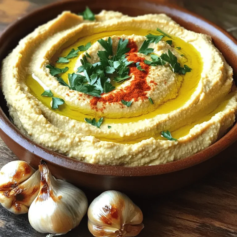 To make roasted garlic hummus, you need: - 1 can (15 oz) chickpeas, drained and rinsed - 1 head of garlic - 3 tablespoons tahini - 2 tablespoons olive oil, plus extra for drizzling - 2 tablespoons freshly squeezed lemon juice - 1 teaspoon ground cumin - Salt, to taste - Water, as needed for desired consistency Each ingredient plays a key role. The chickpeas give the hummus its base. Garlic adds a rich, savory taste. Tahini brings creaminess and depth. Olive oil enhances the flavor and smoothness. Lemon juice adds brightness, while cumin gives a hint of warmth. Salt rounds out the taste. If the hummus is too thick, add water little by little until it reaches the right texture. For a finishing touch, consider adding: - Paprika for a pop of color - A drizzle of olive oil for richness - Freshly chopped parsley for a burst of freshness These toppings not only enhance the look but also add extra flavor to your creamy, savory spread. Enjoy creating this delicious roasted garlic hummus! For the full recipe, check out the section above. To start, you need to roast the garlic. First, preheat your oven to 400°F (200°C). This heat brings out the sweet flavor in the garlic. Cut the top off a head of garlic, about ¼ inch down. Drizzle a bit of olive oil on the cut part. Wrap the garlic in aluminum foil to keep it moist. Place it on the oven rack and roast for 30 to 35 minutes. The garlic should be soft and golden brown. After roasting, let it cool a bit. Then, squeeze the base to push out the yummy cloves. Discard the skins. Now it's time to make the hummus! In a food processor, add the roasted garlic cloves, drained chickpeas, tahini, lemon juice, and olive oil. Sprinkle in the ground cumin and a pinch of salt. Blend the mix on high until it's totally smooth. If it feels too thick, add water, one tablespoon at a time. Keep blending until you reach a creamy texture. Taste your hummus and adjust the salt or lemon juice as you like. Once your hummus is perfect, transfer it to a bowl. Use a spoon to make a swirl on top for style. Drizzle a little olive oil over it. You can sprinkle paprika and chopped parsley for added color and taste. Serve your roasted garlic hummus with fresh veggies, pita chips, or warm pita bread. Enjoy this creamy and flavorful spread! For the full recipe, check out the full recipe section. To get a smooth and creamy hummus, you need to blend well. Start with well-drained chickpeas. If you want it even creamier, peel the chickpeas. This extra step helps create a silky texture. When blending, add water slowly. Start with one tablespoon at a time. Blend until you reach your desired thickness. If it’s too thick, just keep adding water. Taste is key in hummus. After blending, try it and see what it needs. You might want more salt or lemon juice. If you like spice, add a pinch of cayenne pepper or smoked paprika. Feel free to experiment with other spices too. Don't be afraid to make it your own! Roasting garlic brings out its sweet flavor. To roast, cut the top off the garlic head. Drizzle it with olive oil. Wrap it in foil to keep it moist. Bake at 400°F (200°C) for 30-35 minutes. The garlic should be soft and golden when done. Let it cool before squeezing the cloves out. This method gives you that rich, roasted taste. For the full recipe, check out the details above. Enjoy your cooking! {{image_4}} You can make your hummus more exciting by adding spices. Try smoked paprika for a warm flavor. A pinch of cayenne adds heat if you like spicy. You can also use ground coriander or turmeric for a unique twist. These spices will enhance the taste and give it a fresh character. Chickpeas are great, but you can mix it up! Use black beans for a rich flavor. White beans, like cannellini, create a creamy texture. Lentils work well too. Each bean brings a new taste and color to your hummus. Get creative and pick your favorite! Think outside the box when serving your hummus. Serve it on a platter with fresh veggies like carrots, cucumbers, and bell peppers. You can also pair it with pita chips or warm pita bread. For a fun touch, spread it on toast and top with avocado slices. These ideas will make your hummus stand out at any meal or party. Check out the Full Recipe for more details! To keep your hummus fresh, store it in an airtight container. This helps prevent it from drying out. Always cover the hummus with a thin layer of olive oil. This layer acts as a barrier against air. Place the container in the fridge. It will stay tasty for up to one week. If you want to save hummus for later, freezing works well. Use a freezer-safe container or a heavy-duty freezer bag. Leave some space for expansion as it freezes. You can freeze hummus for up to three months. When you're ready to eat it, thaw it in the fridge overnight. Blend it again if needed for a smooth texture. Choose glass or plastic containers with tight lids. Glass containers are great for flavor preservation. Plastic containers are lightweight and easy to handle. For freezing, use sturdy freezer bags. Remember to label the bags with the date. This way, you know when it was made. For the best results, use these storage options to enjoy your roasted garlic hummus anytime. You can enjoy roasted garlic hummus with many tasty items. Fresh vegetables like carrots, cucumbers, and bell peppers make great dippers. Pita chips or warm pita bread also pair well. Crackers add a nice crunch. You can even spread it on sandwiches or wraps for extra flavor. Yes, you can make hummus without tahini. If you lack tahini, try using a bit of peanut butter or almond butter. You can also add more olive oil to keep the hummus creamy. The flavor might change, but it will still be delicious. Roasted garlic hummus lasts about 4 to 5 days in the fridge. Store it in an airtight container to keep it fresh. If you want to keep it longer, you can freeze it. It can last up to 3 months in the freezer. Just thaw it in the fridge before serving. Yes, hummus is a healthy choice. It contains chickpeas, which are high in protein and fiber. The olive oil adds healthy fats. Plus, garlic has many health benefits. Hummus can be a great snack or meal addition, especially when served with fresh veggies. Making roasted garlic hummus vegan is easy! The main ingredients are already vegan. Just use olive oil and skip any dairy toppings. Stick to the recipe and enjoy a creamy, tasty spread. For the full recipe, check out the instructions above. To make roasted garlic hummus, I covered the key ingredients and steps, including measurement details and optional toppings. We explored preparation, blending, and how to serve it well. I shared tips for creamy texture, flavor adjustments, and best garlic roasting. Variations let you add spices or change beans. For storage, I explained how to keep leftovers and freeze your hummus. Roasted garlic hummus is fun to make and customize. Enjoy your delicious creation and impress your friends!