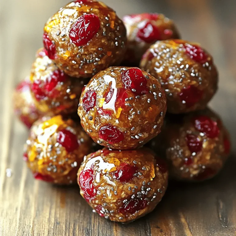 To make Cranberry Orange Energy Bites, you need the right mix of flavors and textures. Here’s what you will need: - 1 cup rolled oats - 1/2 cup almond butter - 1/4 cup honey or maple syrup - 1/2 cup dried cranberries, finely chopped - Zest of 1 medium orange - 1/4 cup freshly squeezed orange juice - 1/4 cup chia seeds - 1/2 teaspoon ground cinnamon - Pinch of sea salt - Optional: 1/4 cup chopped nuts or seeds These ingredients come together to create a tasty and healthy snack. The oats provide fiber and energy. Almond butter adds protein and a creamy texture. Honey or maple syrup gives a touch of sweetness, while dried cranberries add a chewy burst of flavor. The zest and juice of the orange brighten the bites, making them refreshing. Chia seeds add crunch and healthy omega-3s. You can also mix in nuts or seeds for extra texture. They can make your bites even more filling. You can find the full recipe for the perfect energy bites in the recipe section above. - Mixing the Base Ingredients Start by taking a large bowl. Add 1 cup of rolled oats, 1/2 cup of almond butter, and 1/4 cup of honey or maple syrup. Mix with a sturdy spoon until everything blends well. This base forms the heart of your energy bites. - Adding Flavorful Components Next, stir in 1/2 cup of finely chopped dried cranberries, the zest of 1 medium orange, and 1/4 cup of freshly squeezed orange juice. Also, add 1/4 cup of chia seeds, 1/2 teaspoon of ground cinnamon, and a pinch of sea salt. Keep mixing until you see a uniform color and texture. - Achieving the Right Texture Use your hands or a spatula to mix the ingredients thoroughly. You want a sticky but manageable consistency. If it feels too dry, add a bit more orange juice. If it’s too wet, sprinkle in extra oats until it feels just right. - Rolling Into Balls After you’ve mixed everything, cover the bowl with plastic wrap or a lid. Chill the mixture in the fridge for about 30 minutes. Once chilled, take portions and roll them into 1-inch balls. You should get about 15 to 20 bites. - Optional Coating with Nuts or Seeds For added crunch and flavor, roll some of the balls in chopped nuts or seeds. This step is optional, but it gives a nice touch to each bite. - Chilling the Mixture After rolling, arrange the energy bites on a plate. You can chill them for an extra 10 to 15 minutes to firm them up even more. This makes them easier to eat. - Presentation Tips For a pretty display, stack the energy bites or place them in a rustic jar. You can sprinkle some extra orange zest on top for color and aroma. Enjoy your tasty, nutritious snack! Check the [Full Recipe] for more details. - Best Practices for Freshness: Store energy bites in an airtight container. This keeps them moist and tasty. - Duration of Shelf Life: These bites last up to 1 week in the fridge. After that, they may dry out. - Freezing Energy Bites for Later Use: You can freeze these bites. Place them in a single layer on a tray. Once frozen, store them in a bag. They can last for up to 3 months. - Preparing in Bulk: Make a double batch! This way, you always have a quick snack ready. - Overmixing or Undermixing: Mix just enough to combine all ingredients. Too much mixing can make them tough. - Adjusting Consistency: If the mixture is too dry, add more juice. If too wet, mix in more oats. Always aim for a sticky but manageable mixture. For the full recipe, check out Cranberry Orange Energy Bites. {{image_4}} You can mix things up by adding different nuts. Walnuts, almonds, or pecans give a nice crunch. Just chop them finely and fold them into the mix. You can use about 1/4 cup of your choice. Incorporating other fruits can also change the flavor. Try using dried apricots, raisins, or figs. They add sweetness and texture. Just chop them to match the size of the cranberries. If you want a vegan option, swap honey for maple syrup. This keeps the bites sweet without using animal products. Almond butter is already vegan, so you’re set there! For gluten-free substitutions, choose certified gluten-free oats. Most oats are naturally gluten-free but can get cross-contaminated. Make sure to check the label. Using different nut butters can change the taste and texture. Peanut butter or cashew butter works great. Just use the same amount as almond butter. Adjusting crunchiness with seeds is another fun option. Add chia seeds or flaxseeds for some extra bite. You can also toss in sunflower seeds for a nut-free crunch. The cranberry orange energy bites are packed with nutrients. Each ingredient brings unique health benefits. - Rolled oats offer fiber, which helps digestion and keeps you full. - Almond butter is a great source of healthy fats and protein. - Dried cranberries add antioxidants that fight free radicals. - Chia seeds are rich in omega-3s and help with heart health. - Orange juice boosts your immune system with vitamin C. These bites provide energy and nutrients to fuel your day. They are perfect for a quick boost before a workout or during a busy afternoon. How many bites should you eat for a snack? I suggest two to three bites. This gives you enough energy without overdoing it. Each bite is satisfying. Dietary recommendations may vary. Listen to your body. If you feel hungry after two bites, enjoy another! Balance is key. Each bite contains about 70 calories. This makes it easy to track your snack intake. If you want fewer calories, consider adjusting the recipe. You can reduce the honey or use less nut butter. This way, you can fit these bites into your dietary goals without losing flavor. For more details, check the full recipe. Enjoy these tasty energy bites while staying mindful of your nutrition! Cranberry orange energy bites can last up to one week in the fridge. Store them in an airtight container to keep them fresh. If you want to keep them longer, you can freeze them. They can last up to three months in the freezer. Just thaw them in the fridge before enjoying. Yes, you can substitute almond butter with other nut butters. Peanut butter, cashew butter, or sunflower seed butter work well. Each will give a unique taste. Make sure to choose one that fits your dietary needs. You can use the mixture for various snacks. Try spreading it on toast or mixing it into yogurt. You can also make energy bars by pressing the mixture into a pan and slicing it. This way, you have more options for your snack. To make them sweeter, you can add more honey or maple syrup. You can also mix in some chocolate chips or dried fruits like dates. Adjust the sweetness based on your taste. This way, you can create a snack that you love. Yes, there are many alternatives for honey or maple syrup. You can use agave nectar, brown rice syrup, or coconut nectar. Each of these will add a different sweetness. Just make sure to adjust the amount based on how sweet you want your bites to be. For the full recipe, check out the recipe section above. These Cranberry Orange Energy Bites are simple to make and taste great. You mix healthy ingredients, shape them into bites, and enjoy a tasty snack. Remember to store them properly to keep them fresh. You can also tweak ingredients for your tastes or diet. With these tips and flavor ideas, you’ll enjoy these bites any time you need a quick boost. Get creative and make this snack your own!