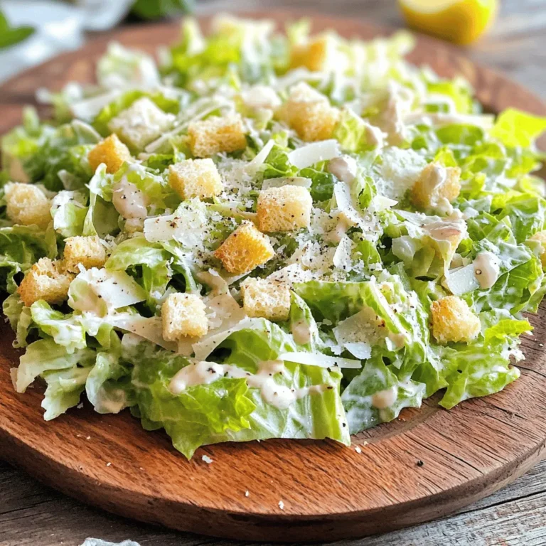 A classic Caesar salad has a few key components. First, you need fresh romaine lettuce. It adds a nice crunch. Next, croutons bring texture and flavor. You can buy them or make your own. Parmesan cheese gives a rich taste. The dressing is vital too. You need mayonnaise, Dijon mustard, and lemon juice. Garlic adds depth, while Worcestershire sauce is optional for extra flavor. Don't forget salt and pepper to enhance everything. You can add other ingredients to make your Caesar salad special. Grilled chicken or shrimp makes it a full meal. Avocado adds creaminess. For a twist, try capers or anchovies. They give a salty kick. Fresh herbs like parsley or basil can brighten the salad. These options let you customize your dish to your taste. If you're missing an ingredient, don’t worry! You can use Greek yogurt instead of mayonnaise for a lighter dressing. If you don’t have Dijon mustard, regular mustard works too. For cheese, try Pecorino Romano if you can't find Parmesan. If you're out of Worcestershire sauce, soy sauce can be a good substitute. These swaps keep your salad tasty and fresh. For the complete recipe, check out the Full Recipe. To start, you need to make the dressing. In a medium bowl, whisk together these ingredients: - 1/4 cup mayonnaise - 2 tablespoons Dijon mustard - 2 tablespoons fresh lemon juice - 1 teaspoon Worcestershire sauce (optional) - 1 clove garlic, minced - Salt and freshly cracked black pepper Mix until smooth and creamy. The dressing should have a nice tang from the lemon and mustard. Adjust the salt and pepper to your taste. If you like it zestier, add a bit more lemon juice. Next, grab a large bowl. Add the chopped romaine lettuce: - 1 large head of romaine lettuce, washed and chopped - A drizzle of olive oil Toss the lettuce gently to coat it with the oil. This step helps keep the leaves crisp. Now, pour the dressing over the lettuce and toss again. Make sure every leaf gets a good coating. Now, fold in the croutons and sprinkle: - 1 cup of croutons - 1/2 cup grated Parmesan cheese Be gentle here to keep the croutons crunchy. Taste the salad and adjust the seasoning if needed. Transfer the salad to a serving platter or individual bowls. For a nice touch, garnish with more Parmesan cheese and a sprinkle of black pepper. Serve it right away for the best crunch. If you want more ideas, try adding grilled chicken or shrimp for a heartier meal. Check out the Full Recipe for more tips! To get that perfect crunch, start with fresh romaine lettuce. Look for crisp, vibrant leaves. Wash them well, then chop them into bite-sized pieces. This helps each bite stay crunchy. Next, use good quality croutons. You can make your own by toasting bread with olive oil and garlic. This adds flavor and keeps them crunchy. Mix the croutons in just before serving. This way, they won’t get soggy. When applying dressing, less is more. Start with a small amount. Toss the salad gently to coat the leaves without bruising them. If the salad seems dry, add more dressing little by little. Always taste as you go. This lets you find the right balance for your flavor. Remember, the goal is to enhance the salad, not drown it. Taste is personal, so feel free to adjust. If you like it tangy, add more lemon juice or Dijon mustard. If you want it richer, add more Parmesan cheese. Salt and pepper are key too. A little extra can elevate the dish. Experiment with Worcestershire sauce for unique depth. This can give your salad a signature twist. {{image_4}} Adding grilled chicken or shrimp makes your Caesar salad hearty. Both options bring flavor and protein. For grilled chicken, season it with salt and pepper. Cook it until it is golden brown. Slice it thin and place it on top of your salad. For shrimp, sauté them in olive oil with garlic. Cook until they turn pink. Either choice takes your salad to the next level. If you want a veggie-packed salad, add more vegetables. Try diced bell peppers, cucumbers, or cherry tomatoes. These add crunch and freshness. You can also include roasted veggies like zucchini or asparagus for depth. This gives your Caesar salad a colorful twist. Each vegetable choice adds its own flavor, making it unique. Get creative with your ingredients for a fun twist. Consider adding avocado for creaminess. You can also sprinkle nuts like pine nuts or walnuts for crunch. Another option is to use different cheeses. Feta or blue cheese can change the flavor profile. Lastly, add a touch of hot sauce for some heat. Experimenting with these unique ingredients can make your Caesar salad exciting. For the full recipe, check out the [Full Recipe]. To keep your Classic Caesar Salad fresh, store it in the fridge. Place the salad in an airtight container. If you have leftover dressing, store it separately. This keeps the croutons crunchy and the lettuce crisp. Always add croutons just before serving. This way, they stay crunchy and not soggy. You can also wrap the lettuce in a damp paper towel. This helps the leaves stay fresh longer. When stored properly, Classic Caesar Salad lasts about 2 to 3 days. If the lettuce wilts or the croutons become soft, it’s best to toss it out. Always check for signs of spoilage before enjoying leftovers. A Caesar Salad stands out due to its unique dressing and ingredients. It typically includes romaine lettuce, croutons, and Parmesan cheese. The dressing is creamy, made with mayonnaise, mustard, lemon juice, garlic, and Worcestershire sauce. This mix gives the salad its rich flavor. The crunch of the croutons and the fresh lettuce create a delightful texture. Yes, you can make Caesar Dressing from scratch. It’s simple and rewarding. Just whisk together mayonnaise, Dijon mustard, lemon juice, garlic, and Worcestershire sauce. This homemade version tastes fresher than store-bought dressings. You can adjust flavors according to your taste. For a twist, add a bit of anchovy paste for a classic touch. Absolutely! A Caesar Salad can be made nut-free. Traditional recipes do not include nuts. Just focus on the core ingredients: romaine lettuce, croutons, and the creamy dressing. If you make your own croutons, ensure the bread you use is also nut-free. Everyone can enjoy this tasty salad without nuts. To make a Caesar Salad healthier, try these tips: - Use Greek yogurt instead of mayonnaise for the dressing. - Add more vegetables like cherry tomatoes or cucumbers for extra nutrients. - Use whole-grain croutons for more fiber. - Limit the cheese or use a lower-fat version. These changes keep the flavors while boosting the nutrition. You can find the full recipe for a Classic Caesar Salad here: Crispy Caesar Delight 🥗. This recipe guides you through making a fresh and flavorful salad that you will love. This blog post covers how to make a classic Caesar salad. We discussed key ingredients and tips for adding flavor. You learned how to prepare the dressing and toss the salad correctly. I shared storage info and answered common questions about Caesar salads. Keep experimenting with variations, whether adding protein or fresh veggies. Enjoy making your salad just right for you! Your perfect Caesar awaits.