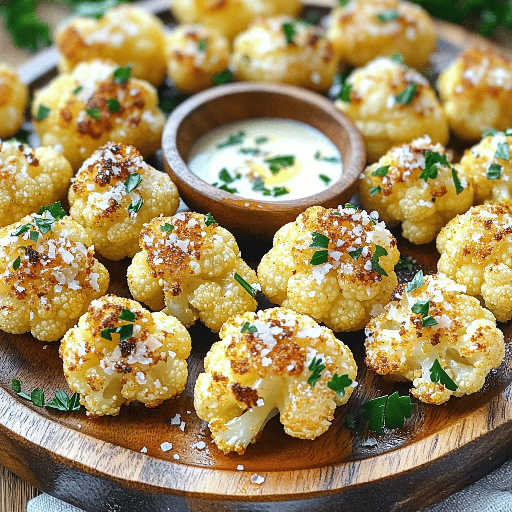 - 1 medium head of cauliflower, cut into bite-sized florets - 4 cloves fresh garlic, finely minced - 3 tablespoons extra virgin olive oil - 1 teaspoon smoked paprika - 1 teaspoon fine sea salt - ½ teaspoon freshly ground black pepper The main ingredients create a base of flavor. Cauliflower gives a nice texture and absorbs the garlic well. Garlic adds a strong taste that enhances the dish. Olive oil helps with roasting and adds richness. Smoked paprika brings depth, while salt and pepper balance the flavors. - 2 tablespoons grated Parmesan cheese - Fresh parsley, finely chopped You can add Parmesan cheese for a cheesy twist. It melts nicely and adds a savory note. Fresh parsley adds color and freshness on top. These add-ins make the bites even more delightful. - Baking sheet - Mixing bowl - Parchment paper A baking sheet is essential for roasting. Use a mixing bowl to combine all the ingredients. Parchment paper helps with easy cleanup and prevents sticking. These tools make the cooking process smooth and simple. You can find the Full Recipe above for more details. 1. Preheat the Oven: Start by preheating your oven to 425°F (220°C). This heat helps make the bites crispy and golden. 2. Prepare the Cauliflower: Cut one medium head of cauliflower into bite-sized florets. Make sure they are all similar in size. This helps them cook evenly. 1. Combine Cauliflower and Seasonings: In a large mixing bowl, add the cauliflower florets. Then, add 4 minced garlic cloves, 3 tablespoons of olive oil, 1 teaspoon of smoked paprika, 1 teaspoon of sea salt, and ½ teaspoon of black pepper. 2. Ensure Even Coating: Toss everything together well. You want the florets to be fully coated with the olive oil and seasonings. This gives them great flavor. 1. Arrange on Baking Sheet: Line a baking sheet with parchment paper for easy cleanup. Spread the cauliflower in a single layer. Make sure the florets have space. This helps them roast well. 2. Roast Duration and Tips: Place the sheet in the oven. Roast for 25-30 minutes. Keep an eye on them. Toss the florets halfway through. This helps them cook evenly. If you like cheese, sprinkle 2 tablespoons of grated Parmesan cheese on top in the last 5 minutes. This adds a nice touch. Enjoy the full recipe for all the details and tips for these delicious bites! Ensuring Tender Florets To get tender florets, cut them into uniform pieces. This helps them cook at the same rate. Toss them well with oil and seasonings. The olive oil locks in moisture and adds a nice flavor. Roasting at 425°F (220°C) gives the perfect balance of crispiness and tenderness. Avoiding Soggy Cauliflower Space the florets on the baking sheet. If they are too close, steam will build up and make them soggy. Use parchment paper to keep them from sticking. This also helps with cleanup. Remember to toss them halfway through roasting for even cooking. Adding Spices Spices can elevate the taste of your cauliflower bites. I love using smoked paprika for depth. You can also try garlic powder, cayenne, or cumin for a twist. Start with small amounts and adjust to your taste. Using Different Oils While olive oil is great, try other oils for different flavors. Avocado oil works well for high heat. You can also use sesame oil for a nutty taste. Just ensure the oil has a high smoke point to avoid burning. Serving Suggestions Serve the roasted garlic cauliflower bites on a rustic wooden platter. This adds warmth to your meal. You can also arrange them in a circle with a bowl of dipping sauce in the center. This invites guests to dig in. Garnishing Techniques Garnish with fresh parsley for a pop of color. You can also sprinkle some lemon zest on top for a refreshing zing. If you used Parmesan, let some shavings fall over the bites to enhance the look and flavor. For the complete recipe, check the [Full Recipe]. {{image_4}} Vegan Alternatives You can easily make these bites vegan. Just skip the Parmesan cheese. The garlic and spices keep the taste rich and satisfying. You can also add nutritional yeast for a cheesy flavor without dairy. Gluten-Free Options This recipe is naturally gluten-free! You can enjoy it without any worry. Always check labels on packaged spices or sauces to ensure they are gluten-free. Spice Variations Want a kick? Add cayenne pepper or chili powder. For a milder flavor, use paprika or turmeric. You can also try curry powder for an exotic twist. Herb Infusions Fresh herbs make a big difference. Add rosemary or thyme for earthy notes. Basil or cilantro can brighten the dish. Mix and match to find your favorite combination. Air Fryer Instructions Using an air fryer makes these bites super crispy. Set your air fryer to 400°F (200°C). Cook them for about 15-20 minutes, shaking the basket halfway through. Grilling Method Grilling adds a smoky flavor. Toss the cauliflower in a grill basket. Grill over medium heat for about 10-15 minutes. Turn occasionally for even cooking. Enjoy the charred bits! Store any leftovers in an airtight container. This helps keep them fresh. You can place them in the fridge. They stay good for about 3 to 5 days. If you see any signs of spoilage, throw them away. You have two options for reheating: oven or microwave. The oven keeps the bites crispy. Preheat it to 350°F (175°C) and heat for about 10 minutes. The microwave is faster, but it can make them soggy. If using a microwave, heat in 30-second intervals. You can freeze roasted cauliflower bites if you want to save some. Let them cool completely first. Place them in a freezer-safe bag. They can last up to 3 months in the freezer. When ready to eat, thaw them in the fridge overnight. Reheat in the oven for the best texture. To make your roasted garlic cauliflower bites crispy, follow these tips: - Cut the cauliflower into small, even pieces. - Make sure to coat every floret with olive oil. - Spread the florets out on the baking sheet, leaving space between them. - Roast at a high temperature, around 425°F (220°C). - Toss the cauliflower halfway through cooking to ensure even roasting. - If you want extra crunch, broil for the last few minutes. Yes, you can use frozen cauliflower. However, it’s best to thaw it first. Pat it dry with a towel. This helps remove excess moisture, which can make your bites soggy. The cooking time may be shorter, so check for doneness a few minutes early. A great dipping sauce pairs well with roasted garlic cauliflower bites. Here are some tasty options: - Ranch dressing for a classic taste. - Garlic aioli for a creamy twist. - Spicy sriracha for a kick of heat. - Hummus for a healthy choice. Feel free to try different sauces to find your favorite! To adjust the recipe for more servings, simply multiply the ingredients. For example: - Use two heads of cauliflower for eight servings. - Keep the same ratio for olive oil and seasonings. - Roast in batches if your baking sheet is too small. This way, you’ll still get delicious, crispy bites! For the complete instructions, check the Full Recipe. Roasted garlic cauliflower is easy to make and very tasty. We covered the main ingredients, like cauliflower and garlic, and shared tips for perfect texture and flavors. You learned about storage and reheating methods to keep your dish fresh. Try different variations to suit your tastes or dietary needs. Enjoy this dish as a side or snack. It’s healthy, fun, and simple. You'll love making it again and again!
