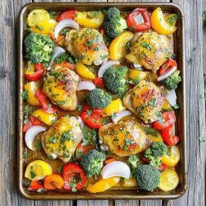 - 4 boneless, skinless chicken thighs - 2 tablespoons extra-virgin olive oil (plus more for drizzling) - Zest and juice of 1 large lemon - 1 tablespoon honey - 2 cloves garlic, finely minced - 1 teaspoon smoked paprika - 1 teaspoon dried oregano - Salt and freshly ground black pepper to taste - 1 red bell pepper, sliced into thin strips - 1 yellow bell pepper, sliced into thin strips - 1 medium red onion, cut into hearty wedges - 1 cup fresh broccoli florets - Fresh parsley for garnish This dish uses simple, fresh ingredients that create vibrant flavors. Each part plays a role. The chicken brings protein, while the veggies add color and crunch. Lemon zest gives a bright taste, and honey adds a touch of sweetness. Garlic and spices round out the flavor profile. When you gather these ingredients, think about freshness. Choose ripe veggies and good-quality chicken. This choice makes a real difference in taste. Keep your kitchen stocked with these staples. They will help you whip up this meal anytime. For those who want to explore more, I recommend checking out the full recipe for detailed steps and tips. Cooking should be fun, and with these ingredients, you can create something special! Start by preheating your oven to 425°F (220°C). This temperature helps the chicken and veggies roast well. A hot oven gives a nice crisp to both the meat and the vegetables. In a small bowl, mix together the olive oil, lemon zest, lemon juice, honey, minced garlic, smoked paprika, dried oregano, salt, and pepper. Whisk until smooth. This marinade adds great flavor. Place the chicken thighs into a large bowl or resealable bag. Pour the marinade over the chicken, ensuring it is well coated. Let it sit for at least 20 minutes. This time allows the flavors to soak in, making the chicken more tasty. While the chicken marinates, prepare the veggies. Cut the red and yellow bell peppers into thin strips. Slice the onion into wedges and break the broccoli into florets. Toss the veggies in a bowl with olive oil, salt, and pepper. This adds flavor and helps them roast nicely. Take a large sheet pan and place the marinated chicken thighs in the center. Surround them with the prepared vegetables. Make sure to space everything out well. This helps them cook evenly. If you want, drizzle a bit more olive oil over the veggies. Put the sheet pan in your preheated oven. Roast for 25-30 minutes. Check that the chicken reaches an internal temperature of 165°F (75°C). The veggies should be tender and slightly caramelized. This ensures you have a perfect meal ready to enjoy. To make your sheet pan chicken and veggies shine, add more herbs and spices. Consider these options: - Thyme: Earthy and fragrant; great with chicken. - Rosemary: Adds a piney flavor. Use fresh for the best taste. - Cumin: Gives a warm, nutty flavor to your dish. - Chili flakes: For mild heat and warmth. - Basil: Fresh or dried, it’s sweet and fragrant. Mix and match these herbs to find your favorite blend. Fresh herbs can boost the taste when added just before serving. Cooking times can vary based on your oven type. Here are some tips to keep in mind: - Conventional oven: Stick to 25-30 minutes at 425°F (220°C). - Convection oven: Lower the temp to 400°F (200°C) and check at 20-25 minutes. - Gas ovens: These may cook faster, so monitor closely. Always use a meat thermometer. The chicken should reach 165°F (75°C) for safe eating. Pair your delicious sheet pan meal with simple sides or drinks. Here are some ideas: - Grains: Serve with rice or quinoa for a hearty meal. - Salad: A crisp green salad balances the richness of the chicken. - Beverages: Try a light white wine or sparkling water with lemon. These pairings elevate your meal while keeping it fresh and bright. Enjoy your colorful feast! {{image_4}} You can swap chicken thighs for chicken breasts or legs. Chicken breasts cook faster, so be careful not to dry them out. Legs have more flavor and fat, making them juicy. Both options work well with the marinade. Just adjust cooking time as needed. Feel free to change the veggies based on what’s in season. Try carrots, zucchini, or asparagus for fresh tastes. You can mix and match for fun colors and textures. Using seasonal veggies adds flavor and nutrition to your meal. Want more heat? Add red pepper flakes or cayenne pepper to the marinade. If you like milder flavors, skip the heat and focus on herbs. Try fresh thyme or rosemary for extra depth. Each adjustment gives your dish a new twist. Store your leftovers in airtight containers. Glass or plastic containers work great. Make sure they are cool before sealing. This helps keep them fresh. Place them in the fridge within two hours. They stay good for about three to four days. To reheat, use the oven or microwave. If using the oven, set it to 350°F (175°C). Heat for about 10 to 15 minutes until warm. If using the microwave, cover the dish to keep moisture. Heat in short bursts, checking often to avoid overcooking. You can freeze leftovers for later meals. Use freezer-safe containers or bags. Keep the dish in portions for easy meals. Label with the date and type. They last for about three months in the freezer. Thaw them in the fridge overnight before reheating. Sheet pan chicken and veggies is a simple meal made on one pan. It includes chicken and a mix of vegetables, all roasted together. This easy method makes cleanup a breeze. You can enjoy a tasty and healthy dinner with little effort. To keep your chicken juicy, start with thighs instead of breasts. Thighs have more fat, which helps keep them moist. Marinate the chicken for at least 20 minutes. This adds flavor and moisture. Cook at the right temperature, 425°F (220°C), to get a nice sear. Always check that the internal temperature reaches 165°F (75°C). Let the chicken rest after cooking. This keeps the juices inside. Yes, you can prep this dish ahead. Marinate the chicken a few hours before or even the night before. Cut up the veggies in advance too. Store them in the fridge until you are ready to cook. This saves time on busy days and makes dinner stress-free. Many vegetables go great with chicken. Some popular choices include: - Bell peppers - Onions - Broccoli - Carrots - Zucchini These veggies roast well and add color and flavor. They also cook at similar rates, so everything can roast together nicely. Absolutely! Sheet pan chicken and veggies are perfect for meal prep. You can make several servings at once. Store leftovers in airtight containers. This meal reheats well and stays tasty. It’s a great way to eat healthy throughout the week. For detailed guidance, check out the full recipe for Zesty Citrus Chicken & Roasted Veggie Medley. This blog post covered the essentials for a tasty sheet pan chicken and veggies dish. We discussed ingredients, preparation steps, and tips for cooking success. With simple steps, you can create a meal that is nutritious and full of flavor. Remember, you can easily adjust the recipe to fit your taste. Enjoy experimenting with different veggies and spices. Follow the tips for storage and reheating to keep your meals fresh. This dish is perfect for busy days or meal prep. Get cooking and savor every bite!