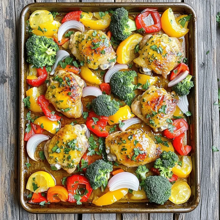 - 4 boneless, skinless chicken thighs - 2 tablespoons extra-virgin olive oil (plus more for drizzling) - Zest and juice of 1 large lemon - 1 tablespoon honey - 2 cloves garlic, finely minced - 1 teaspoon smoked paprika - 1 teaspoon dried oregano - Salt and freshly ground black pepper to taste - 1 red bell pepper, sliced into thin strips - 1 yellow bell pepper, sliced into thin strips - 1 medium red onion, cut into hearty wedges - 1 cup fresh broccoli florets - Fresh parsley for garnish This dish uses simple, fresh ingredients that create vibrant flavors. Each part plays a role. The chicken brings protein, while the veggies add color and crunch. Lemon zest gives a bright taste, and honey adds a touch of sweetness. Garlic and spices round out the flavor profile. When you gather these ingredients, think about freshness. Choose ripe veggies and good-quality chicken. This choice makes a real difference in taste. Keep your kitchen stocked with these staples. They will help you whip up this meal anytime. For those who want to explore more, I recommend checking out the full recipe for detailed steps and tips. Cooking should be fun, and with these ingredients, you can create something special! Start by preheating your oven to 425°F (220°C). This temperature helps the chicken and veggies roast well. A hot oven gives a nice crisp to both the meat and the vegetables. In a small bowl, mix together the olive oil, lemon zest, lemon juice, honey, minced garlic, smoked paprika, dried oregano, salt, and pepper. Whisk until smooth. This marinade adds great flavor. Place the chicken thighs into a large bowl or resealable bag. Pour the marinade over the chicken, ensuring it is well coated. Let it sit for at least 20 minutes. This time allows the flavors to soak in, making the chicken more tasty. While the chicken marinates, prepare the veggies. Cut the red and yellow bell peppers into thin strips. Slice the onion into wedges and break the broccoli into florets. Toss the veggies in a bowl with olive oil, salt, and pepper. This adds flavor and helps them roast nicely. Take a large sheet pan and place the marinated chicken thighs in the center. Surround them with the prepared vegetables. Make sure to space everything out well. This helps them cook evenly. If you want, drizzle a bit more olive oil over the veggies. Put the sheet pan in your preheated oven. Roast for 25-30 minutes. Check that the chicken reaches an internal temperature of 165°F (75°C). The veggies should be tender and slightly caramelized. This ensures you have a perfect meal ready to enjoy. To make your sheet pan chicken and veggies shine, add more herbs and spices. Consider these options: - Thyme: Earthy and fragrant; great with chicken. - Rosemary: Adds a piney flavor. Use fresh for the best taste. - Cumin: Gives a warm, nutty flavor to your dish. - Chili flakes: For mild heat and warmth. - Basil: Fresh or dried, it’s sweet and fragrant. Mix and match these herbs to find your favorite blend. Fresh herbs can boost the taste when added just before serving. Cooking times can vary based on your oven type. Here are some tips to keep in mind: - Conventional oven: Stick to 25-30 minutes at 425°F (220°C). - Convection oven: Lower the temp to 400°F (200°C) and check at 20-25 minutes. - Gas ovens: These may cook faster, so monitor closely. Always use a meat thermometer. The chicken should reach 165°F (75°C) for safe eating. Pair your delicious sheet pan meal with simple sides or drinks. Here are some ideas: - Grains: Serve with rice or quinoa for a hearty meal. - Salad: A crisp green salad balances the richness of the chicken. - Beverages: Try a light white wine or sparkling water with lemon. These pairings elevate your meal while keeping it fresh and bright. Enjoy your colorful feast! {{image_4}} You can swap chicken thighs for chicken breasts or legs. Chicken breasts cook faster, so be careful not to dry them out. Legs have more flavor and fat, making them juicy. Both options work well with the marinade. Just adjust cooking time as needed. Feel free to change the veggies based on what’s in season. Try carrots, zucchini, or asparagus for fresh tastes. You can mix and match for fun colors and textures. Using seasonal veggies adds flavor and nutrition to your meal. Want more heat? Add red pepper flakes or cayenne pepper to the marinade. If you like milder flavors, skip the heat and focus on herbs. Try fresh thyme or rosemary for extra depth. Each adjustment gives your dish a new twist. Store your leftovers in airtight containers. Glass or plastic containers work great. Make sure they are cool before sealing. This helps keep them fresh. Place them in the fridge within two hours. They stay good for about three to four days. To reheat, use the oven or microwave. If using the oven, set it to 350°F (175°C). Heat for about 10 to 15 minutes until warm. If using the microwave, cover the dish to keep moisture. Heat in short bursts, checking often to avoid overcooking. You can freeze leftovers for later meals. Use freezer-safe containers or bags. Keep the dish in portions for easy meals. Label with the date and type. They last for about three months in the freezer. Thaw them in the fridge overnight before reheating. Sheet pan chicken and veggies is a simple meal made on one pan. It includes chicken and a mix of vegetables, all roasted together. This easy method makes cleanup a breeze. You can enjoy a tasty and healthy dinner with little effort. To keep your chicken juicy, start with thighs instead of breasts. Thighs have more fat, which helps keep them moist. Marinate the chicken for at least 20 minutes. This adds flavor and moisture. Cook at the right temperature, 425°F (220°C), to get a nice sear. Always check that the internal temperature reaches 165°F (75°C). Let the chicken rest after cooking. This keeps the juices inside. Yes, you can prep this dish ahead. Marinate the chicken a few hours before or even the night before. Cut up the veggies in advance too. Store them in the fridge until you are ready to cook. This saves time on busy days and makes dinner stress-free. Many vegetables go great with chicken. Some popular choices include: - Bell peppers - Onions - Broccoli - Carrots - Zucchini These veggies roast well and add color and flavor. They also cook at similar rates, so everything can roast together nicely. Absolutely! Sheet pan chicken and veggies are perfect for meal prep. You can make several servings at once. Store leftovers in airtight containers. This meal reheats well and stays tasty. It’s a great way to eat healthy throughout the week. For detailed guidance, check out the full recipe for Zesty Citrus Chicken & Roasted Veggie Medley. This blog post covered the essentials for a tasty sheet pan chicken and veggies dish. We discussed ingredients, preparation steps, and tips for cooking success. With simple steps, you can create a meal that is nutritious and full of flavor. Remember, you can easily adjust the recipe to fit your taste. Enjoy experimenting with different veggies and spices. Follow the tips for storage and reheating to keep your meals fresh. This dish is perfect for busy days or meal prep. Get cooking and savor every bite!