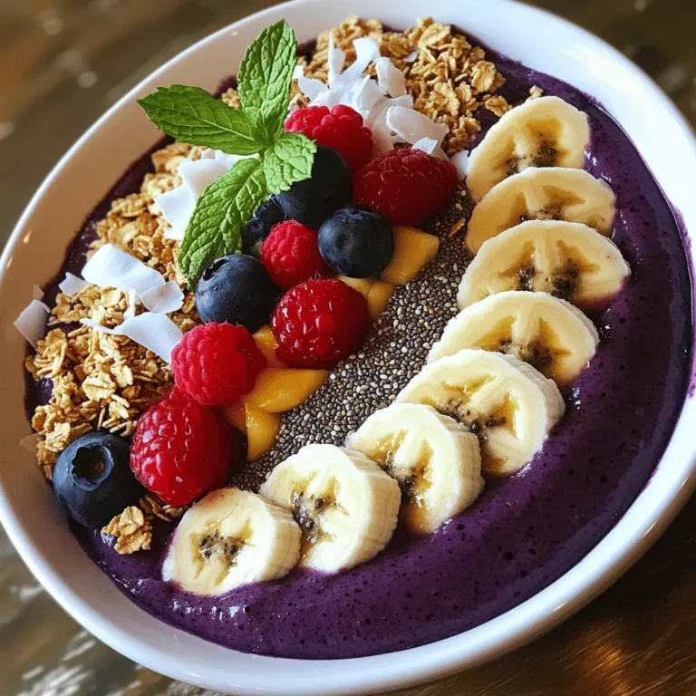 - 2 packs of frozen acai puree - 1 ripe banana, sliced - 1 cup coconut water - 1/2 cup fresh or frozen pineapple chunks - 1/2 cup fresh or frozen mango chunks These main ingredients create a smooth and tropical base. The frozen acai puree gives the bowl a rich, dark color and a berry flavor. The ripe banana adds creaminess, while the coconut water hydrates and adds a light sweetness. Pineapple and mango bring a bright, fruity punch to each bite. - 1 tablespoon honey or agave syrup (optional, for added sweetness) - Toppings: sliced banana, crunchy granola, shredded unsweetened coconut, chia seeds, an assortment of fresh berries, and fresh mint leaves for garnish The optional ingredients let you customize your smoothie bowl. If you like it sweeter, add honey or agave syrup. Toppings make the bowl fun and colorful. Granola adds crunch, while coconut gives a tropical touch. Fresh berries and mint leaves not only look great but also enhance the flavor. For the full recipe, check out the Tropical Acai Smoothie Bowl details. 1. Blend the base ingredients: Start by adding 2 packs of frozen acai puree, 1 sliced banana, 1 cup of coconut water, 1/2 cup of fresh or frozen pineapple chunks, and 1/2 cup of fresh or frozen mango chunks into a high-powered blender. Blend on high speed for 30 to 60 seconds. You want a smooth and creamy texture. 2. Adjust consistency with coconut water: If the mixture is too thick, add more coconut water. Pour it in slowly until you reach the thickness you like. 1. Pour into bowls and arrange toppings: Carefully pour the smoothie into two bowls. Divide it evenly. Next, add your favorite toppings like sliced banana, crunchy granola, shredded coconut, chia seeds, and fresh berries. 2. Presentation tips for visual appeal: Use colorful ceramic bowls for serving. This makes the dish look vibrant and inviting. Sprinkle extra chia seeds or coconut flakes on top for added texture and a nice finish. Enjoy this fresh and nutritious treat right away! For the full recipe, check the ingredients and instructions above. To get a smooth smoothie, avoid lumps. Start by using a strong blender. Blend the acai puree with banana, coconut water, and fruits. Blend until creamy, about 30 to 60 seconds. If you find lumps, keep blending. If the smoothie is too thick, add more coconut water. Pour it in slowly. This helps you control the thickness. You want it just right for your bowl. Sweetening your smoothie can make a big difference. You can use honey or agave syrup for added sweetness. Start with a tablespoon if you like it sweet. Blend again after adding. This will mix in the sweetener well. Toppings are key for flavor and texture. Try sliced banana, crunchy granola, or chia seeds. Fresh berries add color and taste. You can also use shredded coconut. Each topping brings its own flavor. Mix and match to find your favorite combo. For the full recipe, check the Tropical Acai Smoothie Bowl section. {{image_4}} You can switch up the fruits in your Tropical Acai Smoothie Bowl. Try using papaya or passionfruit for a new twist. These fruits add unique flavors and textures. Papaya brings a sweet and creamy touch. Passionfruit adds a tangy kick. Both fruits pair well with acai. You can also make a berry acai blend. Use blueberries, strawberries, or raspberries instead of tropical fruits. Each option gives a fresh taste. This way, you can change the flavor to fit your mood. If you have dietary needs, you can easily adjust this recipe. For a vegan option, skip the honey or use agave syrup. Both sweeteners taste great and keep it plant-based. To make it gluten-free, ensure your granola is gluten-free. There are many brands that offer gluten-free options. If you want a low-calorie version, use less banana or skip the sweeteners. You can also reduce the amount of granola for fewer calories. These simple swaps make it easy to enjoy a healthy treat that fits your diet. Feel free to explore these variations to create your perfect Tropical Acai Smoothie Bowl! You can find the Full Recipe for more details. To keep your Tropical Acai Smoothie Bowl fresh, store it in an airtight container. Make sure to seal it well. This will help it stay tasty for about one day in the fridge. If you want to keep it longer, freezing is a great option. Simply pour your leftover smoothie into ice cube trays or small containers. Freeze them for easy use later. When you want a quick treat, just blend a few cubes with some coconut water. For the toppings, store them in separate containers. This keeps them fresh and crunchy. You can mix and match your toppings based on what you like. Some great combinations include: - Sliced banana with crunchy granola - Chia seeds and fresh berries - Shredded coconut and mint leaves By storing toppings separately, you can enjoy the same delicious smoothie bowl again. A Tropical Acai Smoothie Bowl is a delicious treat. It mixes frozen acai puree with fresh fruits. You will need banana, pineapple, mango, and coconut water. The smoothie is vibrant and full of flavor. It is also packed with nutrients. Acai berries are high in antioxidants. Pineapples and mangoes add vitamins and natural sweetness. This bowl is great for breakfast or a snack. Yes, you can prepare this smoothie bowl ahead of time. Blend the ingredients early and store them. Use an airtight container and keep it in the fridge. It stays fresh for about a day. If you want to store it longer, freeze the smoothie. Just remember to let it thaw before serving. You can make your smoothie bowl unique! Try different fruits like papaya or passionfruit. You can also switch up the toppings. Use granola, chia seeds, or fresh berries. Add nuts or seeds for extra crunch. If you want more sweetness, drizzle honey or agave on top. The options are endless, so have fun with it! For the full recipe, check out the Tropical Acai Smoothie Bowl section. This article covered how to make a tropical acai smoothie bowl step by step. I shared main ingredients, optional add-ins, and useful tips. You can mix different fruits and adjust your recipe to fit your diet. Storing leftovers and toppings was also addressed. In conclusion, this smoothie bowl is tasty and fun. Customize it to your liking for the best experience. Enjoy your delicious creation!