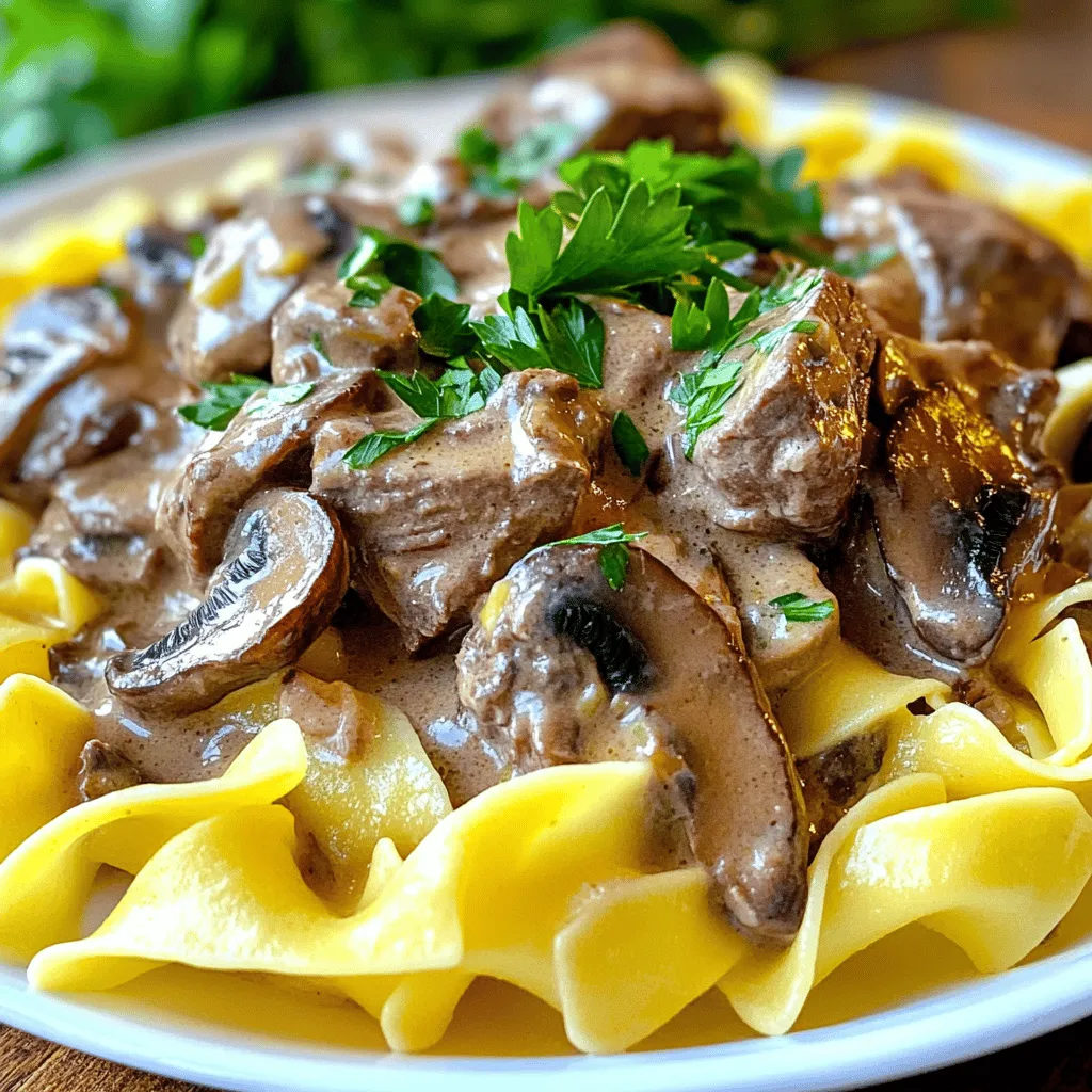 - 1 lb beef sirloin, thinly sliced - 2 tablespoons olive oil - 1 medium onion, finely chopped - 2 cloves garlic, minced - 8 oz mushrooms, sliced (cremini or button) - 2 tablespoons all-purpose flour - 2 cups low-sodium beef broth The main ingredients are all about balance. The beef sirloin gives the dish its rich flavor. The olive oil adds a nice sheen and depth to the meat. Onions and garlic bring sweetness and warmth. Mushrooms add a savory touch and texture. Flour thickens the sauce to a creamy finish, while beef broth forms the base. - 1 tablespoon Worcestershire sauce - 1 teaspoon Dijon mustard - 1 cup sour cream - Salt and pepper to taste - Fresh parsley, chopped (for garnish) These extra ingredients elevate the dish. Worcestershire sauce gives a hint of umami. Dijon mustard adds a subtle kick. Sour cream finishes the sauce with creaminess. Salt and pepper enhance all the flavors, while parsley brightens the plate. - Cooked egg noodles or rice (for serving) - Store leftovers in an airtight container Egg noodles or rice are classic choices to serve with Beef Stroganoff. They soak up the sauce well. For leftovers, store them in an airtight container in the fridge. This way, you keep the flavors intact for another meal. First, heat 2 tablespoons of olive oil in a large skillet. Make sure the oil is hot before adding the beef. Add 1 pound of thinly sliced beef sirloin. Season it well with salt and pepper. Cook the beef for about 3-4 minutes. You want it to be a nice brown color. This step adds flavor. Once browned, transfer the beef to a plate and set it aside. In the same skillet, add 1 medium finely chopped onion. Cook it for about 2-3 minutes until it turns translucent. Then, add 2 cloves of minced garlic. Stir it for a minute. Next, add 8 ounces of sliced mushrooms. Cook them for about 5 minutes. The mushrooms should be tender and have released their juices. This will enhance the dish's flavor. Now, sprinkle 2 tablespoons of all-purpose flour over the mushroom mixture. Stir well to coat everything. This helps cook off the raw taste of flour. Gradually pour in 2 cups of low-sodium beef broth while stirring. Add 1 tablespoon of Worcestershire sauce and 1 teaspoon of Dijon mustard. Mix until everything is combined. Let it simmer gently to thicken. Next, reduce the heat to medium. Return the browned beef to the skillet. Let it simmer in the sauce for about 5 minutes. Then, stir in 1 cup of sour cream. Mix until the sauce is creamy. Taste it and adjust salt and pepper as needed. For the side, cook egg noodles or rice according to package directions. Drain and keep warm. To serve, place egg noodles or rice on each plate. Spoon the beef stroganoff mixture over the top. Garnish with fresh chopped parsley for a nice finish. This makes the dish look great and taste even better. For a full recipe, check out the details above. To make your beef stroganoff shine, avoid overcooking the beef. Cook it just until it's browned. This keeps the meat tender. Next, to achieve that creamy sauce, add sour cream off the heat. This prevents it from curdling. Stir it in gently for a smooth finish. You can add some spices for extra flavor. Try a pinch of paprika or a dash of nutmeg. For a twist, add some fresh thyme or dill. They bring a nice aroma. As for garnishes, consider using fresh parsley or chives. They add color and freshness to your dish. Use a heavy skillet for even cooking. A non-stick pan can help prevent sticking. Make sure to have a good wooden spoon for mixing. It helps combine all the ingredients well. Accurate measuring cups and spoons are key too. They ensure you get the right amounts for each ingredient. This information should help you create the best beef stroganoff. For the full recipe, check out the detailed steps above. Enjoy your cooking! {{image_4}} You can use chicken or pork instead of beef for Beef Stroganoff. Thinly slice chicken breast or pork tenderloin for a tasty twist. Cook them the same way as the beef, and you'll enjoy a new flavor. If you want a vegetarian option, try using mushrooms, tofu, or lentils. These ingredients can create a rich, hearty dish without meat. If you need a gluten-free recipe, there are easy flour substitutes. Use cornstarch, rice flour, or almond flour instead of regular flour. Just mix the substitute with a little water before adding it to your sauce. This will help keep the sauce smooth. You can also check your beef broth for gluten-free options. Cook the dish with the same steps, and you'll get a great meal. You can add different vegetables to your Beef Stroganoff for extra taste. Try bell peppers, spinach, or peas to brighten the dish. You can also experiment with unique ingredients like mustard, soy sauce, or even a splash of white wine. These can change the flavor profile and make your dish stand out. Don't be afraid to explore different sauces to find your perfect mix. For the full recipe, check the details above. To store leftover Beef Stroganoff, let it cool first. Place it in an airtight container. You can keep it in the fridge for up to three days. For longer storage, freeze it in a freezer-safe container. It can last up to three months in the freezer. When you're ready to eat your leftovers, reheat them gently. Use a skillet over low heat. Stir often to prevent sticking. If the sauce gets too thick, add a splash of beef broth or water to adjust the consistency. This keeps it creamy and delicious. To make busy days easier, you can prepare Beef Stroganoff in advance. Cook a big batch and store it in portions. Freeze these portions for quick meals later. Just thaw in the fridge overnight before reheating. This saves time and effort while still giving you great comfort food. For the full recipe, check the link. For a tasty Beef Stroganoff, I recommend using beef sirloin or tenderloin. These cuts are soft and cook quickly. Flank steak is another option, but it can be chewier. Always slice the beef thinly against the grain for the best results. This helps it stay tender when cooked. Yes, you can prepare Beef Stroganoff ahead of time. Cook the dish completely, then let it cool. Store it in an airtight container in the fridge for up to three days. When ready to eat, simply reheat on the stove over low heat. You may need to add a splash of broth to keep it moist. To lighten Beef Stroganoff, you can use low-fat sour cream instead of regular sour cream. You can also reduce the amount of beef broth or use plain Greek yogurt. This keeps the flavor while cutting some fat. Lastly, skip the butter or oil when cooking. Yes, Beef Stroganoff freezes well. Let it cool completely, then place it in a freezer-safe container. It can stay in the freezer for up to three months. To thaw, move it to the fridge overnight. Reheat gently on the stove when ready to serve. Absolutely! You can add vegetables like peas, bell peppers, or spinach for extra flavor and nutrition. Just sauté them with the onions and mushrooms. This will add color and make the dish more balanced. Feel free to mix and match your favorite veggies! Beef Stroganoff is a hearty dish with rich flavors. We covered key ingredients, from beef sirloin to sour cream. I shared step-by-step cooking tips for a creamy sauce and serving ideas. You learned how to avoid common mistakes and enhance the meal with different flavors. For storage, you now know how to keep leftovers fresh and reheat properly. This recipe is adaptable, allowing for many variations to suit your taste. Enjoy preparing and sharing this comforting meal with others!