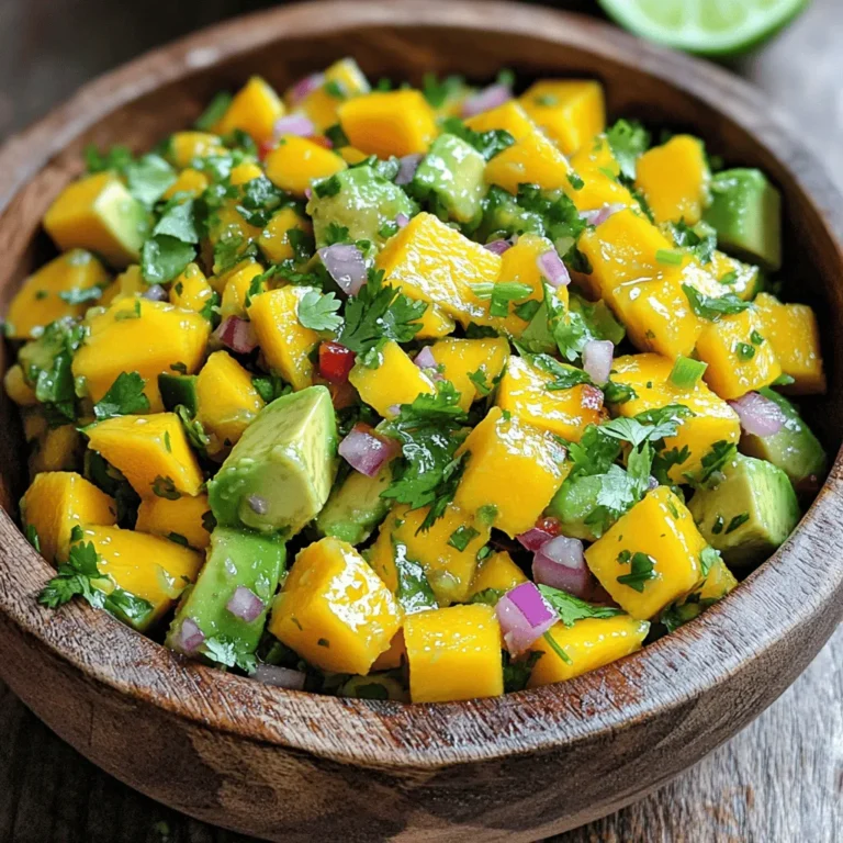 - Ripe mango, diced - Ripe avocados, diced - Small red onion, finely chopped - Medium red bell pepper, finely diced - Jalapeño peppers, deseeded and minced Fresh produce is key for a bright flavor. I love the sweet, juicy mango and creamy avocado. Choose ripe mangoes for the best taste. They should feel soft, but not mushy. Avocados should also yield slightly when pressed. This gives the salsa a smooth texture. - Fresh cilantro leaves, chopped - Juice of fresh limes - Salt and freshly cracked black pepper - Optional: Honey for sweetness Cilantro adds a fresh kick. Lime juice brightens the mix. Salt and pepper bring out all the flavors. Honey is a fun twist. It balances the heat from the jalapeños. Adjust the salt and pepper to match your taste. - Suggested amounts for a balanced flavor - Importance of using ripe ingredients Use equal amounts of mango and avocado for balance. A small onion and bell pepper add crunch. Adjust jalapeños based on your spice level. Ripe ingredients really make a difference. They enhance the taste and texture of the salsa. Remember, fresh is always best! For the full recipe, check out the complete guide. Gather your ingredients first. You will need: - 1 ripe mango, diced into small cubes - 2 ripe avocados, diced into small cubes - 1 small red onion, finely chopped - 1 medium red bell pepper, finely diced - 1-2 jalapeño peppers, deseeded and minced - 1/4 cup fresh cilantro leaves, chopped - Juice of 2 limes - Salt and freshly cracked black pepper, to taste - Optional: 1 teaspoon honey You’ll want a sharp knife for dicing and a cutting board. A large mixing bowl is also essential for combining everything. Start by placing the diced mango and avocado into the bowl. Next, add the chopped red onion and diced red bell pepper. Use a large spoon to mix gently. Be careful not to mash the avocado. When you add the minced jalapeño, adjust the amount for your spice level. Add the cilantro leaves, then squeeze fresh lime juice over the mix. Season with salt and pepper, and if you like, stir in honey for a touch of sweetness. Gently toss the ingredients together until well combined. This keeps the avocado pieces intact and makes for a prettier salsa. Letting the salsa sit is key. This helps the flavors blend together nicely. I recommend letting it sit for at least 10 minutes at room temperature. During this time, the lime juice and salt work their magic, enhancing the overall taste. Enjoy this fresh delight with your favorite chips or as a topping on grilled dishes. For the full recipe, check out the details above. How do you choose ripe mangoes and avocados? Look for soft spots. A ripe mango gives slightly when pressed. The skin should be a mix of green and yellow. For avocados, check the skin color. It should be dark green or black. Gently squeeze; it should feel soft but not mushy. Fresh herbs and vegetables make your salsa shine. Look for bright colors and firm textures. Cilantro should smell fresh and green. Bell peppers should be smooth and shiny. Avoid any with brown spots or wrinkles. How can you keep avocados intact? Use a sharp knife for cutting. Dice them gently. Avoid stirring too hard when mixing. Use a large spoon to gently fold the salsa. For tossing the salsa, you want to be careful. Start by mixing the firmer ingredients first. Then, add the avocados and mango last. This way, you avoid mashing them. How can you adjust spice levels with jalapeños? Start with one jalapeño. Taste before adding more. If you want it spicier, add more minced peppers. Remember, you can always add spice, but you can't take it away! To balance sweetness, you can add honey or other sweeteners. A teaspoon of honey works wonders. It brings out the fruit flavors without being too sweet. You can also try agave syrup or maple syrup for a twist. For the full recipe, check out the details above. Enjoy your Mango Avocado Salsa! {{image_4}} You can make mango avocado salsa even more exciting. Adding fruits like pineapple or peach gives it a sweet twist. The juicy sweetness of pineapple pairs well with mango. Try diced peaches for a softer sweetness. These fruits bring unique flavors that brighten up the dish. Herbs can also change the taste. Instead of cilantro, try mint or parsley. Mint adds a fresh and cool taste. Parsley gives a mild flavor that still pops. Experimenting with herbs can transform your salsa. Making this salsa vegan or gluten-free is easy. The recipe is already plant-based, so you’re set. You can also adjust the ingredients based on what you have. If you don't have lime, use lemon juice instead. Missing jalapeños? Just leave them out or use a milder pepper. If you want to make it creamier, try adding black beans. They add protein and texture without changing the flavor much. This way, you can enjoy a nutritious dish that fits your needs. Mango avocado salsa pairs great with tacos or grilled dishes. Spoon it over fish or chicken for a fresh burst of flavor. You can also serve it with crispy tortilla chips for dipping. Get creative! Use the salsa in salads for an extra kick. It can work as a topping for baked potatoes too. The fresh flavors make any meal feel special. For the full recipe, check out the [Full Recipe]. To keep your Mango Avocado Salsa fresh, use an airtight container. Glass or plastic containers work well. Make sure to fill the container to the top. This minimizes air and keeps it fresher longer. To prevent browning of the avocado, squeeze extra lime juice over the salsa. The acidity helps slow down oxidation. Mango Avocado Salsa lasts about 2-3 days in the fridge. Always check for signs of spoilage. If you see browning, it's still okay. But if it smells sour or looks mushy, it's time to toss it. Fresh salsa is best enjoyed right away! You can freeze Mango Avocado Salsa, but the texture may change. Freezing can make the avocado mushy when thawed. If you decide to freeze it, use a freezer-safe container. Leave some space at the top for expansion. When ready to use, thaw it in the fridge overnight. Stir well before serving to mix the flavors. Store your Mango Avocado Salsa in an airtight container. This keeps it fresh. Place it in the fridge right after making it. Use it within two days for the best taste. To slow browning, add lime juice on top before sealing. Yes, you can make it ahead, but it is best fresh. If you want to prepare it early, chop the mango and avocado just before serving. This keeps the salsa vibrant and tasty. If you can't find mango, try peach or pineapple for sweetness. For avocado, use mashed banana or even silken tofu for creaminess. The flavors change, but the salsa stays delicious. To change the spice level, use fewer jalapeños. You can also remove the seeds and ribs of the peppers. For more heat, add more jalapeños or a pinch of cayenne. Taste as you go to get it just right. Yes, it is great for meal prep! You can add it to salads, tacos, or grilled meats. Just remember to store it properly. Enjoying this salsa adds flavor and fun to your meals! For the full recipe, check out the previous section. Mango Avocado Salsa is a fresh and vibrant dish. We discussed the best ingredients, like ripe mangoes and avocados, and how to combine them. I shared tips for mixing, storing, and serving, plus fun variations to try. In the end, enjoy creating your salsa! Fresh flavors and fun twists await you. Dive in and savor every bite.