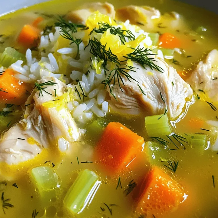 Greek lemon chicken soup is a bright and hearty dish. It warms you from the inside out. The meal combines chicken, rice, and fresh lemon for a zesty kick. This soup is perfect for any occasion, from family dinners to cozy nights in. - 1 pound boneless, skinless chicken thighs - 1 medium onion, finely chopped - 2 carrots, diced - 2 celery stalks, diced - 4 cloves garlic, minced - 6 cups chicken broth - 1 cup long-grain rice (preferably Basmati) - 2 large eggs - 1/4 cup fresh lemon juice (about the juice of 2 lemons) - Zest of 1 lemon - 1 tablespoon olive oil - Salt and pepper, to taste - Fresh dill or parsley, for garnish - A large pot is best for cooking the soup. - A blender or whisk is needed to mix the egg and lemon. 1. Start by heating the olive oil in a large pot over medium heat. 2. Add the chopped onion, diced carrots, and diced celery. 3. Sauté the vegetables for about 5-7 minutes. Stir them often until they soften and smell good. 4. Next, add the minced garlic to the pot. Cook for one more minute. Be careful not to let it brown. 5. Now, add the chicken thighs to the pot. Pour in the chicken broth. 6. Increase the heat to bring the pot to a gentle boil. 7. Lower the heat and let it simmer for about 15 minutes. The chicken should cook through and become tender. 8. Take the cooked chicken thighs out of the pot and set them aside to cool on a plate. 9. While the chicken cools, add the rice to the pot. Let it simmer for another 15 minutes until tender. 1. In a bowl, whisk the eggs with lemon juice and zest until smooth. 2. To temper the egg mixture, slowly add a ladle of hot broth from the pot. Whisk as you pour to raise the egg's temperature. 3. After tempering, gently pour the egg mixture back into the soup. Stir continuously to keep it smooth. 4. Shred the cooled chicken into small pieces and add it back to the pot. 1. Taste the soup and add salt and pepper as needed. 2. Heat the soup for a few more minutes while stirring gently. Avoid boiling it again. 3. Serve the soup hot, garnished with fresh dill or parsley. - Presentation Tips: Ladle the soup into shallow bowls. Top with fresh herbs for a nice finish. Serve with crusty bread for a complete meal. You can find the Full Recipe with detailed steps to enjoy this comforting dish. For the best flavor, balance the salt and lemon juice. Start with a little salt. Taste as you go. You want brightness without it being too salty. Fresh herbs like dill and parsley add a lot. Use them right before serving for the best taste. Their flavor wakes up the soup and makes it vibrant. To keep your chicken tender, don’t rush the cooking. Simmer it gently. This makes it juicy and easy to shred. When adding rice, choose long-grain like Basmati. It cooks evenly and stays fluffy. Stir it often to avoid clumping. This will give you the perfect texture. To prevent curdling, always temper your egg mixture. Slowly mix in hot broth while whisking. This warms the eggs without cooking them. After, add it back to the soup slowly. Lastly, never let the soup boil after adding the eggs. This keeps your soup smooth and creamy. For the full recipe, check out the detailed steps! {{image_4}} You can change the protein in this soup. For a lighter option, try turkey. Turkey thighs work well and give a nice taste. If you prefer plant-based meals, tofu is a great choice. Just press and cube your tofu before adding it to the soup. Rice is another area where you can make swaps. If you want a gluten-free option, use quinoa instead of rice. Cauliflower rice is also a fun choice for a low-carb version. It adds a nice texture without the carbs. To boost the flavor, add spices or herbs. Fresh thyme or oregano can bring new life to the soup. A pinch of cumin adds warmth without overpowering the lemon. You can also toss in extra vegetables. Spinach or kale adds color and nutrition. Try adding diced potatoes for a heartier soup. Just make sure to adjust the cooking time to ensure everything is tender. For a vegan version, use plant-based broth. Vegetable broth works best and keeps the soup rich. Instead of chicken, use chickpeas or lentils for protein. If you want to skip the eggs, use a mix of silken tofu and lemon juice. This will give you a creamy texture without eggs. You can blend it until smooth and add it to the soup. For the full recipe, refer to the main sections of this article. After you make Greek Lemon Chicken Soup, let it cool. Then, store it in an airtight container. This keeps the soup fresh. You can refrigerate it for up to three days. Label the container with the date. This helps you track how long it’s been stored. For long-term storage, you can freeze your soup. Use freezer-safe containers or bags. Make sure to leave some space at the top. The soup expands when frozen. It can stay fresh in the freezer for about three months. When ready to eat, thaw it in the fridge overnight. To reheat the soup, use a pot on the stove. Heat it over low to medium heat. Stir it often to keep the texture smooth. You can also use a microwave. Heat it in short bursts, stirring in between. This helps the soup heat evenly. Avoid boiling the soup again to keep it creamy and delicious. For the full recipe, check out the detailed steps to make this comforting dish! Greek Lemon Chicken Soup can last about three to four days in the fridge. Store it in an airtight container. This keeps it fresh and safe to eat. Always check for any off smells or changes in texture before enjoying it again. Yes, you can make this soup ahead of time. It tastes even better the next day! Just follow the full recipe and let it cool before storing. Reheat it gently on the stove when you're ready to serve. You can serve this soup with crusty bread or a fresh salad. A light Greek salad goes well with the flavors. You might also enjoy it with a side of roasted vegetables for a complete meal. Absolutely! Using leftover rotisserie chicken can save time and add more flavor. Just shred the chicken and add it to the soup near the end of cooking. This way, it heats through without overcooking. This blog post covers everything you need for Greek Lemon Chicken Soup. We discussed the ingredients, cooking tools, and step-by-step instructions to make it easy. Tips and tricks helped you avoid common mistakes and enhance flavors. We explored variations and substitutions for different diets. Finally, we tackled storage and reheating to keep your soup tasty. Cooking can be fun with the right recipe. Enjoy making this soup, and share it with others!