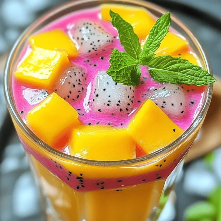 To make a Mango Dragon Fruit Refresher, you need fresh, vibrant ingredients. Here’s what you’ll need: - 1 ripe mango, peeled and diced - 1 cup diced pink-skinned dragon fruit - 2 cups hydrating coconut water - 1 tablespoon honey or agave syrup (adjust for sweetness) - Juice from 1 fresh lime - Fresh mint leaves for garnish - Ice cubes for serving These main ingredients blend together to create a refreshing drink. The mango adds sweetness, while the dragon fruit gives it a unique look and flavor. Coconut water hydrates, and lime juice brings a tangy twist. You can add extra ingredients to make your drink even better. Consider these options: - A splash of orange juice for extra citrus flavor - Fresh ginger for a spicy kick - Chia seeds for texture and nutrition - A dash of vanilla extract for depth These optional ingredients can take your refresher to new heights. Try mixing and matching to find your favorite flavor combo! This drink is not just tasty; it’s also nutritious. Here’s a quick look at what’s inside: - Calories: Approximately 100 per serving - Carbohydrates: Around 25g - Fiber: 3g from the fruits - Sugars: Natural sugars from mango and dragon fruit - Vitamins: A good source of Vitamin C from lime and mango This refresher is a healthy choice. It provides hydration, vitamins, and a boost of energy. Enjoy this drink knowing it’s good for you! For the complete recipe, check out the Full Recipe. Start by gathering all your ingredients. You need a ripe mango, pink-skinned dragon fruit, coconut water, honey or agave syrup, and lime juice. In your blender, combine the diced mango, dragon fruit, coconut water, honey, and lime juice. Blend these together until they are well mixed. Blend on high speed for about 30 to 60 seconds. You want a smooth and creamy texture. Stop the blender and taste your mix. If you want it sweeter, add more honey or agave syrup. Blend again for a few seconds to mix in the extra sweetness. Get your serving glasses ready by filling them with ice cubes. This will keep your drink nice and cold. Carefully pour the mango-dragon fruit mixture over the ice. Stir gently to combine. Finally, add a sprig of fresh mint leaves on top for a nice touch. Your Mango Dragon Fruit Refresher is ready to enjoy! For the full recipe, check out the ingredients and instructions above. To get that smooth and creamy texture, blend well. Start with ripe mangoes and dragon fruit. They help create a luscious base. Blend for 30 to 60 seconds on high speed. If it’s too thick, add a bit more coconut water. This will lighten it up and make it easier to sip. I love using honey or agave syrup for sweetness. You can adjust the amount based on your taste. If you prefer less sugar, try using a sugar substitute like stevia. Another option is to add more ripe fruit. It adds natural sweetness without extra sugar. Just blend it in and taste until it’s just right. A beautiful drink is a joy to serve. Fill your glasses with ice cubes first. This keeps your drink cold and looks nice. Pour the mixture over the ice gently. For a fun touch, add a straw. Garnish with fresh mint leaves for color. You can even add a slice of lime on the rim. It makes your drink pop! For the full recipe, check out the details above. {{image_4}} You can make your Mango Dragon Fruit Refresher even more fun by adding other fruits. Try mixing in pineapple for a tangy twist. Strawberries also add a nice sweetness. You can blend any fruit you like, such as kiwi or passion fruit. Each fruit brings a unique flavor and color to your drink. Just remember to keep the balance between flavors. For best results, stick with fruits that complement mango and dragon fruit. To turn this refresher into a frozen drink, simply freeze the mango and dragon fruit first. Blend the frozen fruit with coconut water and lime juice. This creates a slushy texture that feels cool and refreshing. You can also add ice cubes while blending for an extra frosty finish. This version is perfect for hot days when you crave something icy and delicious. Everyone has different tastes when it comes to sweetness. You can use honey, agave syrup, or even maple syrup in this recipe. If you want it sugar-free, try a sugar substitute like stevia or monk fruit. You can also add a pinch of salt to enhance the flavors. For an extra kick, consider adding a splash of ginger juice or even some chia seeds for texture. Adjust the sweetness and add-ins to make it your own! For the full recipe, check out the details above. To keep your Mango Dragon Fruit Refresher fresh, store it in a sealed container. Glass jars work best to avoid any unwanted flavors. Make sure to chill it in the fridge right after you make it. This helps maintain its bright color and fresh taste. If you have leftover mint, wrap it in a damp paper towel and place it in the fridge. This keeps the mint fresh for your next serving. You can keep your refresher in the fridge for up to two days. After that, the fruits can lose their flavor and texture. If you notice any separation, give it a good shake before serving. If it smells off or looks strange, it's best to toss it. Always trust your senses when it comes to food safety. You can use leftover mango and dragon fruit in other dishes. Add diced mango to yogurt for breakfast or snacks. Mix dragon fruit into salads for a pop of color. Coconut water can hydrate you after a workout, so enjoy it on its own. These ideas help reduce waste and keep your meals exciting. For the full recipe, check out the earlier sections! A Mango Dragon Fruit Refresher is a bright, tasty drink. It combines sweet mango and dragon fruit flavors with coconut water. This drink is refreshing and perfect for hot days. It also has a splash of lime juice for a zesty twist. You can enjoy it as a fun treat or a healthy snack. It's easy to make and great for sharing. Check out the Full Recipe for step-by-step instructions. Yes, you can use frozen fruits! Frozen mango and dragon fruit work well in this drink. They chill the drink even more and add a nice texture. Just blend them straight from the freezer. This option saves time and makes the drink super cold and refreshing. If you use frozen fruit, you might want to adjust the sweetness. Taste the mixture and add more honey or agave if needed. You can find the ingredients at most grocery stores. Look for ripe mangoes and fresh dragon fruit in the produce section. Coconut water is often in the beverage aisle. Honey and fresh limes are easy to spot too. If you want fresh mint, check the herb section. For a quick option, local markets or health food stores usually carry these items. You can also order some ingredients online if you prefer. In this post, we explored the Mango Dragon Fruit Refresher. We discussed main ingredients and optional additions. I shared easy steps to make this tasty drink. Tips helped you get the best texture and sweetness. You learned fun ways to change the recipe and how to store leftovers. This drink is refreshing and fun to make. With your new skills, enjoy creating your own.