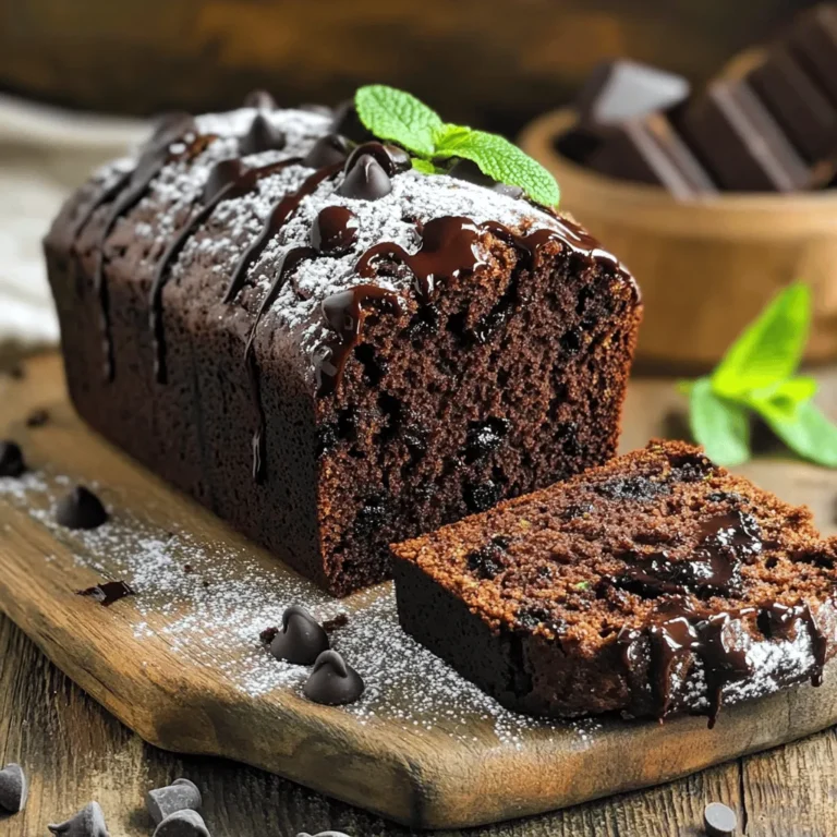 For this tasty bread, you need simple, healthy items. Here is what you'll use: - 1 cup grated zucchini (about 1 medium zucchini) - 1 cup whole wheat flour - 1/2 cup unsweetened cocoa powder - 1/2 teaspoon baking soda - 1/2 teaspoon baking powder - 1/4 teaspoon salt - 1/2 cup maple syrup or honey - 1/4 cup unsweetened applesauce - 1/4 cup Greek yogurt - 2 large eggs - 1 teaspoon pure vanilla extract - 1/2 cup dark chocolate chips (preferably 70% cacao) These ingredients work together to create a moist and rich flavor. The zucchini adds moisture without overpowering the taste. You can add some fun extras to boost the flavor. Here are a few ideas: - 1/2 teaspoon cinnamon for warmth - 1/4 cup chopped nuts, like walnuts or pecans - 1/4 cup shredded coconut for a tropical twist - A pinch of sea salt on top for contrast These optional ingredients can give your bread a unique touch. Feel free to mix and match based on your taste. Let’s look at why these ingredients are great for you: - Zucchini: Low in calories and high in fiber, it helps keep your digestive system healthy. - Whole Wheat Flour: It has more nutrients than white flour and keeps you full longer. - Cocoa Powder: It adds antioxidants, which are good for heart health. - Greek Yogurt: This ingredient gives protein and calcium, improving bone health. - Maple Syrup or Honey: Both sweeteners contain vitamins and minerals, making them better choices than refined sugars. These ingredients not only taste great but also bring health benefits. You can enjoy your chocolate zucchini bread knowing you made a smart choice. For the full recipe, check out the details earlier in the article. To start, preheat your oven to 350°F (175°C). Get a 9x5 inch loaf pan ready. You can grease it lightly or line it with parchment paper. This step helps with easy removal later. Next, grab a medium mixing bowl. In this bowl, sift together the whole wheat flour, cocoa powder, baking soda, baking powder, and salt. Stir these dry ingredients well and set the bowl aside. Now, take a large mixing bowl for the wet ingredients. Whisk together the maple syrup, applesauce, Greek yogurt, eggs, and vanilla extract. Mix until everything is smooth and combined. Once the wet ingredients are ready, gently fold in the grated zucchini. Make sure the zucchini spreads evenly, but don’t break it down too much. Slowly add the dry mix into the wet mix. Use a spatula or wooden spoon to combine them. Be careful not to overmix; this keeps the bread light and fluffy. Finally, fold in the dark chocolate chips. Make sure they are spread out well in the batter. Pour the batter into your greased or lined loaf pan. Smooth out the top for an even bake. Place the loaf pan in your preheated oven. Bake for about 50-60 minutes. To check if the bread is done, insert a toothpick into the center. It should come out clean or with a few moist crumbs, but no wet batter. Once baked, take the bread out and let it cool in the pan for about 10 minutes. Then, transfer it to a wire rack to cool completely before slicing. You can find the full recipe under the Healthy Chocolate Zucchini Bread section. Enjoy making this moist and tasty treat! When you bake, small mistakes can change your results. Here are some tips to help you. - Overmixing the batter: Mix just until combined to keep the bread light. - Not measuring ingredients: Use a kitchen scale or measuring cups for accuracy. - Using wet zucchini: Squeeze out excess moisture to avoid a soggy loaf. You can swap some ingredients for healthier choices. Here are my favorites: - Whole wheat flour: Use almond flour for a gluten-free option. - Maple syrup or honey: Try agave nectar for a lower glycemic index. - Greek yogurt: Use unsweetened coconut yogurt for a dairy-free option. Moisture and texture are key to a great loaf. Follow these tips for success: - Use fresh zucchini: Fresh zucchini adds moisture and flavor. - Add applesauce: This keeps the bread moist without extra fat. - Cool properly: Let the bread cool on a wire rack to prevent sogginess. By keeping these tips in mind, you will create a delicious, moist loaf every time. Make sure to check out the Full Recipe for detailed steps! {{image_4}} To make a gluten-free version, replace whole wheat flour with a gluten-free blend. Look for a blend that includes xanthan gum. This will help mimic the texture of regular flour. Use the same amount as in the original recipe. The bread will still be moist and tasty. For a vegan twist, swap out the eggs for flax eggs. To make one flax egg, mix one tablespoon of ground flaxseed with two and a half tablespoons of water. Let it sit for five minutes. Use maple syrup or honey as the sweetener. The bread will still rise and taste great without dairy or eggs. You can add fun flavors to your bread. Try mixing in spices like cinnamon or nutmeg. These spices add warmth and depth. Chopped nuts like walnuts or pecans can add crunch. Dried fruits like raisins or cranberries bring sweetness. Feel free to explore different flavor combinations. Experiment to find your favorite mix! After baking your healthy chocolate zucchini bread, let it cool in the pan for 10 minutes. This step helps the bread hold its shape. Next, transfer it to a wire rack. This will allow air to flow around the bread, preventing sogginess. Make sure it cools completely before slicing. If you slice it too soon, it may crumble. To store your leftover bread, wrap it tightly in plastic wrap or foil. You can also put it in an airtight container. This keeps it moist and fresh. Store it at room temperature for up to three days. If you want to keep it longer, consider freezing it. If you want to freeze your healthy chocolate zucchini bread, wrap it tightly in plastic wrap. Then, place it in a freezer-safe bag. It can last up to three months in the freezer. To thaw, take it out and leave it in the fridge overnight. You can also thaw it at room temperature for a few hours. Once thawed, feel free to reheat it in the oven for a warm treat. Enjoy your moist and tasty bread whenever you crave it! To reduce the sweetness of your chocolate zucchini bread, cut back on the maple syrup or honey. You can use half a cup instead of three-quarters. Another option is to add more cocoa powder. This will give you a rich chocolate taste without the extra sugar. You can also add in a pinch of salt, which helps balance sweetness. If you want to replace eggs, there are many options. Use 1/4 cup of unsweetened applesauce for each egg. You can also use flaxseed meal. Mix one tablespoon of flaxseed with three tablespoons of water and let it sit for five minutes. This will create a gel-like texture that works well in baking. Yes, you can use yellow squash instead of zucchini. They have similar textures and flavors. Just grate the yellow squash as you would the zucchini. You won’t notice a big difference in your bread. It will still taste great and stay moist! Your healthy chocolate zucchini bread can last about three days at room temperature. Store it in an airtight container to keep it fresh. If you want it to last longer, consider refrigerating it. It can stay good in the fridge for up to a week. There are many fun ways to serve this bread. You can slice it and enjoy it plain. For extra flair, dust it with powdered sugar. Adding fresh mint leaves gives a nice touch too. If you want to indulge, drizzle melted dark chocolate on top. For a breakfast treat, serve it with a dollop of Greek yogurt! For the full recipe, check back to the earlier section. This blog post covered how to make healthy chocolate zucchini bread. We looked at key ingredients, their health benefits, and easy steps for baking. I shared tips to avoid common mistakes and ways to make variations, like gluten-free or vegan options. I also described how to store leftovers and answered common questions. Baking should be fun and tasty. Enjoy your chocolate zucchini bread, knowing you made a smart choice!