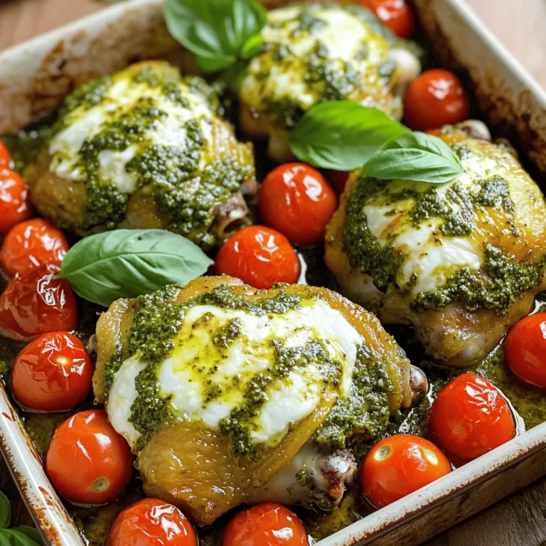 - Chicken thighs, skin-on and bone-in - Basil pesto (store-bought or homemade) - Cherry tomatoes - Extra virgin olive oil - Garlic powder - Dried oregano - Salt and black pepper - Shredded mozzarella cheese - Fresh basil leaves When I make baked pesto chicken thighs, I focus on fresh and simple ingredients. The chicken thighs provide juicy, tender meat. I prefer skin-on and bone-in for the best flavor and texture. The basil pesto adds a burst of herb taste, and you can use store-bought or homemade. Cherry tomatoes bring a sweet touch that pairs well with the chicken. For seasoning, I use extra virgin olive oil to keep things moist. Garlic powder gives a nice kick, and dried oregano adds depth. Don’t forget to season with salt and black pepper to enhance all the flavors. Finally, I like to top my dish with shredded mozzarella cheese. It melts beautifully and creates a rich, creamy layer. Fresh basil leaves serve as a lovely garnish and add a pop of color. You can find the full recipe [here](#). 1. Preheating the oven: Start by setting your oven to 400°F (200°C). This heat helps the chicken cook evenly and ensures a crispy skin. 2. Drying the chicken thighs: Use paper towels to pat the chicken thighs dry. Getting rid of moisture is key for that nice, crispy texture. 1. Mixing seasoning and applying to chicken: In a bowl, mix olive oil, garlic powder, dried oregano, salt, and black pepper. Rub this mix all over the chicken thighs. Be sure to coat them well for great flavor. 2. Layering the pesto: Take your basil pesto and spoon a good amount onto each thigh. Make sure each piece is coated well for the best taste. 1. Arranging chicken in the baking dish: Place the chicken thighs skin-side up in a baking dish. Scatter halved cherry tomatoes around the chicken. Their juices will add even more flavor. 2. Baking time and checking doneness: Put the dish in the oven. Bake for about 35-40 minutes. Check that the juices run clear and the thickest part of the thigh reads 165°F (74°C) on a meat thermometer. This step-by-step guide will help you create the best Baked Pesto Chicken Thighs. For the full recipe, check out the earlier section. To get crispy skin on your baked pesto chicken thighs, start by patting the chicken dry with paper towels. This step removes extra moisture, helping the skin crisp up nicely. Next, set your oven to 400°F (200°C). This temperature is key for cooking the chicken evenly while also achieving that perfect crispy finish. Mix your basil pesto with a teaspoon of olive oil if it feels thick. This makes it easier to coat the chicken thighs evenly. A good layer of pesto adds rich flavor to each bite. For a fresh touch, use herbs like basil or parsley to garnish the dish. They add color and a bright flavor. Serve your baked pesto chicken thighs on a large platter. Drizzle any juices from the baking dish over the chicken. Scatter the halved cherry tomatoes around for a colorful look. Pair this dish with a fresh salad or fluffy rice. Both sides complement the chicken well and make for a complete meal. For the full recipe, check out the details above. {{image_4}} You can use chicken breast instead of thighs. Chicken breasts are lean and cook faster. They will still soak up the pesto flavor. For a twist, try turkey. Turkey thighs or breasts work well too. They add a different taste while keeping it juicy. Experiment with homemade pesto. You can make it from sun-dried tomatoes or spinach. Both options give a unique flavor. If you like heat, add red pepper flakes. Just a pinch can spice things up without being too hot. This recipe can fit gluten-free diets. Just check that the pesto is gluten-free. Use gluten-free pasta or a side dish to complete the meal. For those avoiding dairy, choose dairy-free cheese. Many brands offer great options that melt well. Feel free to explore these variations to make your Baked Pesto Chicken Thighs even more exciting. For the full details on the base recipe, check the Full Recipe section. To store leftovers properly, let the chicken cool first. Place the chicken thighs in an airtight container. This will keep them fresh longer. I recommend using glass or BPA-free plastic. These containers seal well and prevent spills. You can freeze baked chicken thighs for later use. To do this, wrap each thigh in plastic wrap. Then, place them in a freezer bag. Remove as much air as possible before sealing. When you’re ready to eat, thaw the chicken overnight in the fridge. Reheat it in the oven at 350°F (175°C) until hot. In the fridge, baked pesto chicken thighs last about 3-4 days. Keep an eye on them. If you see any off-smells or discoloration, discard them right away. These signs mean the chicken is spoiled. Enjoy your meal with peace of mind by storing it properly. For the full recipe, check back to make this tasty dish! Bake chicken thighs for about 35 to 40 minutes. This time gives you juicy meat and crispy skin. Check the chicken at 35 minutes to see if it's done. The juices should run clear. If you have a meat thermometer, insert it in the thickest part. It should read 165°F (74°C). This temperature ensures the chicken is safe to eat. Yes, you can prep this dish ahead of time. Season the chicken and coat it with pesto. Place it in your baking dish and cover it. Store it in the fridge for up to 24 hours. When you're ready to cook, just bake it as directed. This makes meal prep easy and quick. Chicken should reach a safe cooking temperature of 165°F (74°C). This temperature kills harmful bacteria. Use a meat thermometer for the most accurate reading. Insert it into the thickest part of the thigh. Once it hits 165°F, your chicken is safe and ready to eat. This post covered juicy chicken thighs baked with pesto and cherry tomatoes. You learned about the key ingredients, seasoning, and steps to prepare this dish. I shared tips to achieve crispy skin and suggestions for variations. Storing leftovers and meal prep were also discussed. Incorporate these ideas in your cooking. Enjoy the flavors and share with others. Your kitchen is now ready for this tasty meal!