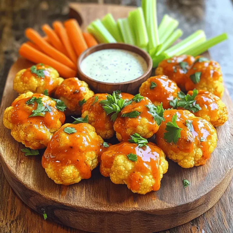- Cauliflower Florets - All-Purpose Flour - Plant-Based Milk - Garlic Powder - Onion Powder - Smoked Paprika - Buffalo Sauce - Vegan Butter (optional) Buffalo cauliflower wings are a tasty and healthy choice. Start with one large head of cauliflower, cut into bite-sized florets. You need a full cup of all-purpose flour. Use one cup of unsweetened plant-based milk. Almond, oat, or soy milk all work great. For seasonings, grab your garlic powder, onion powder, and smoked paprika. Each should measure one teaspoon. Add half a teaspoon of sea salt and freshly ground black pepper for extra flavor. Now for the sauce! You will need one cup of buffalo sauce. You can choose store-bought or make your own for a personal touch. If you want a creamier taste, add two tablespoons of melted vegan butter. Mix all these ingredients together for a flavor-packed dish. This recipe is not only fun but also a great way to enjoy a classic favorite in a healthier form. Check out the full recipe for detailed steps! - Set the Oven Temperature Start by setting your oven to 450°F (230°C). This high heat helps create a crispy texture. - Line the Baking Sheet Line a baking sheet with parchment paper. This step keeps the wings from sticking and makes cleanup easy. - Mix Dry Ingredients In a large bowl, whisk together 1 cup of all-purpose flour, 1 teaspoon of garlic powder, 1 teaspoon of onion powder, 1 teaspoon of smoked paprika, 1/2 teaspoon of sea salt, and 1/2 teaspoon of black pepper. Make sure there are no lumps for a smooth batter. - Add Plant-Based Milk Pour in 1 cup of unsweetened plant-based milk. I recommend almond or oat milk for a nice flavor. Mix until the batter is smooth. - Dip Cauliflower in Batter Take each cauliflower floret and dip it into the batter. Ensure each piece is fully coated, then place them on the lined baking sheet in a single layer. - Initial Baking Tips Bake the florets for 20-25 minutes. Flip them halfway through for even browning and crispiness. - Combine Buffalo Sauce and Vegan Butter In a large bowl, mix 1 cup of buffalo sauce with 2 tablespoons of melted vegan butter. This adds creaminess and balances the spice. - Toss Cauliflower in Sauce Once the cauliflower is golden brown, take it out and toss it in the sauce. Make sure every piece gets well-coated in that zesty goodness. - Return to the Oven Place the coated cauliflower back on the baking sheet. Bake for another 10-15 minutes. This step helps the sauce stick and makes the wings even crispier. - Tips for Crispiness Keep an eye on them as they bake. If you want extra crispiness, you can broil them for a minute or two at the end. Just be careful not to burn them! To make your Buffalo cauliflower wings even better, focus on the texture. First, adjust your baking time. If you want them crispier, increase the bake time by a few minutes. Keep an eye on them. The goal is a nice golden color. For extra crispiness, consider using a wire rack on your baking sheet. This helps hot air circulate around the wings. You can also try dusting them with cornstarch before dipping in the batter. This small step goes a long way for crunch. Want more flavor? Add spices or herbs to the batter. Try smoked paprika for a smoky kick. You can also mix in a pinch of cayenne pepper for heat. Fresh herbs like parsley or chives can add freshness too. When serving, think beyond just the wings. Fresh celery and carrot sticks add a nice crunch. Pair with ranch or blue cheese dressing for dipping. This mix of flavors keeps every bite exciting. Cutting your cauliflower well is key. Start with a large head of cauliflower. Remove the leaves and stem. Cut it into bite-sized florets. Aim for even pieces to ensure they cook evenly. Avoid batter clumping by mixing well. Whisk the dry ingredients before adding milk. This ensures a smooth batter. If you see lumps, keep mixing until it’s smooth. This helps the batter coat each floret nicely. For the full recipe, be sure to check out the details provided above! {{image_4}} You can make your Buffalo Cauliflower Wings even more tasty by trying different sauces. - Homemade Buffalo Sauce: Making your sauce is easy. Mix hot sauce, melted vegan butter, and a pinch of garlic powder. Adjust the spice level by adding more or less hot sauce. This gives you control over the flavor. Plus, it feels special to create it yourself. - Other Flavorful Sauces: You can explore other sauces too. Try barbecue sauce for a sweet twist or even teriyaki for an Asian flair. Each sauce can change the taste and keep things exciting. You can enjoy these wings in various ways. Each method gives a different texture and flavor. - Air Frying Tips: Air frying is a great option. It makes the wings crispy without much oil. Preheat your air fryer to 400°F (200°C). Cook the coated cauliflower for about 15 minutes, shaking halfway. This method offers a healthier crunch. - Grilling Option: Grilling adds a smoky flavor that is hard to beat. After coating the cauliflower, place them on a preheated grill. Cook for about 10-12 minutes, turning often. This will give you that perfect charred taste. Making Buffalo Cauliflower Wings can fit many diets. Here are some easy swaps. - Gluten-Free Alternatives: Use almond flour or chickpea flour instead of all-purpose flour. This keeps the wings gluten-free without losing taste. - Nut-Free Substitutes: If you need to avoid nuts, use soy or oat milk. This keeps the recipe safe for those with nut allergies. Feel free to get creative with your wings. Try these variations to find your favorite! For the full recipe, check the section above. How do I store leftovers? After you enjoy your Buffalo Cauliflower Wings, let them cool first. Place them in an airtight container. This keeps them fresh and tasty for later. Make sure to eat them within three days for the best flavor. What are the best containers for storage? Glass containers work great. They are safe for the oven and the microwave. If you use plastic, ensure it is BPA-free. This way, you can heat your leftovers without worry. What are the best oven reheating tips? To reheat wings in the oven, preheat it to 350°F (175°C). Lay the wings on a baking sheet. Heat them for about 10-15 minutes. This method keeps them crispy and delicious. What are microwave guidelines? If you choose the microwave, place the wings on a microwave-safe plate. Heat them in short bursts of 30 seconds. Check often to avoid overcooking. They will be soft but still tasty. Should I freeze before or after cooking? You can freeze Buffalo Cauliflower Wings both ways. Freezing before cooking keeps them fresh longer. If you cook them first, let them cool completely before freezing. How do I thaw them? To thaw frozen wings, place them in the fridge overnight. You can also use the microwave for a quick thaw. Just be careful not to cook them too much. Yes, you can make Buffalo Cauliflower Wings gluten-free. Use gluten-free flour instead of all-purpose flour. Many brands offer great options that work well. Just check the label to ensure it's certified gluten-free. Leftovers can last for about 3 to 5 days in the fridge. Store them in an airtight container to keep them fresh. Reheat in the oven for the best texture; the microwave may make them soggy. Buffalo Cauliflower Wings pair well with a variety of sides. You can serve them with crunchy celery and carrot sticks. A small bowl of ranch or blue cheese dressing adds a nice touch. Feel free to add a fresh salad or chips for extra fun! Using vegan butter is not necessary, but it adds flavor and creaminess. If you prefer, you can skip it. The wings will still taste great with just the buffalo sauce. You can substitute cauliflower with other veggies like broccoli or Brussels sprouts. Just cut them into similar sizes. Keep in mind that cooking times may vary slightly, so check for doneness as you go. For the full recipe, check the instructions above! This blog post covered making delicious Buffalo Cauliflower Wings. We discussed key ingredients like cauliflower, flour, and plant-based milk. You learned how to create the batter and coat the cauliflower before baking. Tips for perfect texture and storing leftovers were also shared. Buffalo Cauliflower Wings are tasty and easy to make. You can experiment with sauces and cooking methods. Enjoying this dish can be fun, healthy, and satisfying. Try it out and find your favorite ways to customize!